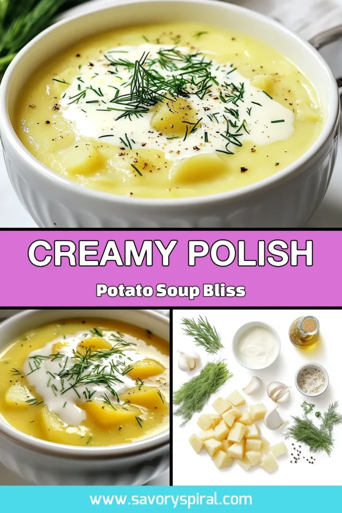 Discover the ultimate creamy Polish potato soup that will warm your soul! This homemade potato soup with dill is an easy soup recipe with cream that you can whip up in just 40 minutes. Made with fresh russet potatoes and vegetable broth, it's the perfect comfort food. Ready to indulge in this delicious creamy potato soup recipe? Save this recipe now and enjoy a bowl of cozy goodness! #PolishPotatoSoup #EasySoupRecipe #HomemadeSoup #ComfortFood