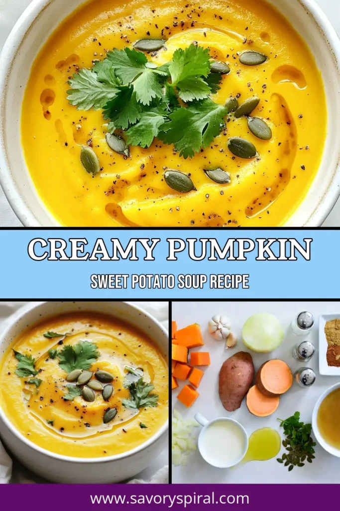 Warm up this season with a delightful pumpkin sweet potato soup that's bursting with flavor! This creamy pumpkin soup recipe is not only vegan but also a healthy fall soup you can enjoy any time. Whip up a comforting bowl of sweet potato bliss soup that’s easy to make and perfect for chilly days. Get the full recipe and impress your friends! Save for later! #PumpkinSoup #VeganRecipes #HealthyEating #FallRecipes