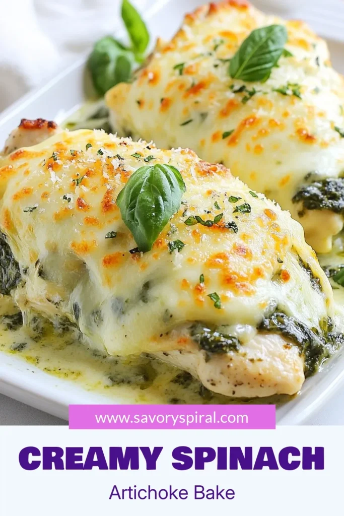 Discover the ultimate Spinach Artichoke Chicken Bake that’s perfect for an easy weeknight dinner! This creamy chicken bake recipe combines tender chicken breasts with a rich, cheesy spinach artichoke dip chicken topping. It's a delicious twist on an old favorite and sure to impress. Get ready to enjoy this cheesy chicken bake that's easy to make and simply irresistible. Save this recipe for your next family dinner! #SpinachArtichokeChicken #EasyChickenDinnerRecipes #CreamyChickenBakeRecipe #CheesyChickenBake