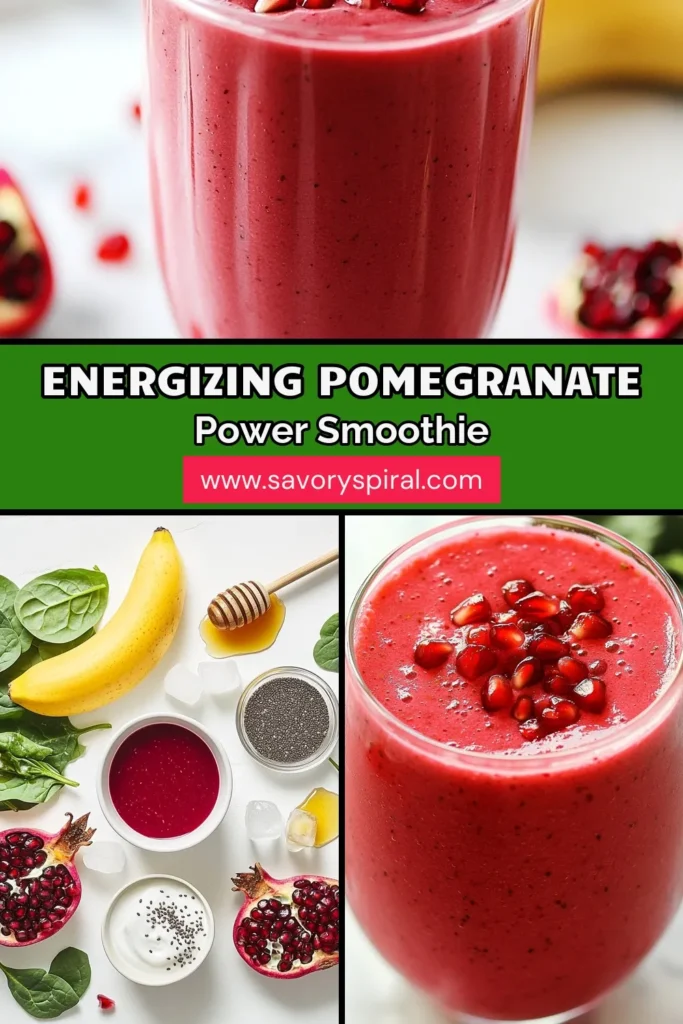 Revitalize your day with this Pomegranate Power Smoothie! This delicious pomegranate smoothie recipe combines the health benefits of pomegranate juice with creamy Greek yogurt and nutrient-packed spinach. Packed with chia seeds, this healthy smoothie with spinach is not only refreshing but also a great source of protein. Enjoy the benefits of a Greek yogurt smoothie that’s perfect for breakfast or a snack. Save this nutritious recipe now! #PomegranateSmoothieRecipe #HealthySmoothie #ChiaSeedSmoothie #GreekYogurtSmoothie