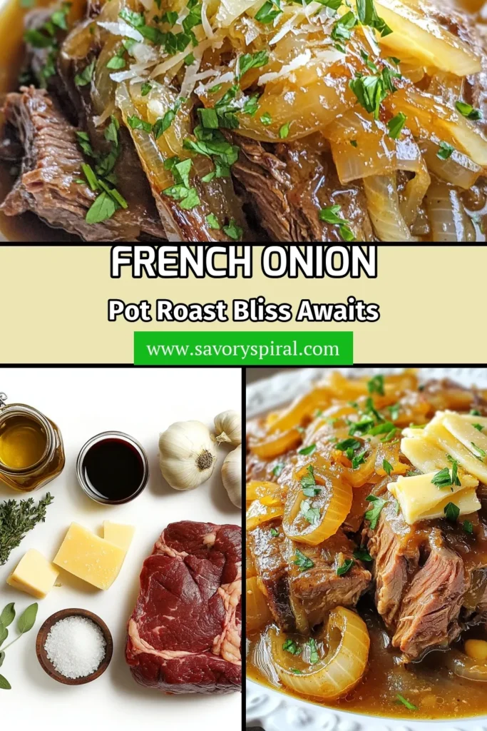 Savor the deliciousness of this French onion pot roast recipe! This hearty dish features a tender beef chuck roast with onions, simmered to perfection, and topped with melted Gruyère cheese. Enjoy the rich flavors of caramelized onion pot roast that will have everyone coming back for seconds. Perfect for family dinners or gatherings. Click to try this savory pot roast recipe today! #FrenchOnionPotRoast #SavoryPotRoastRecipe #BeefChuckRoast #GruyereCheesePotRoast