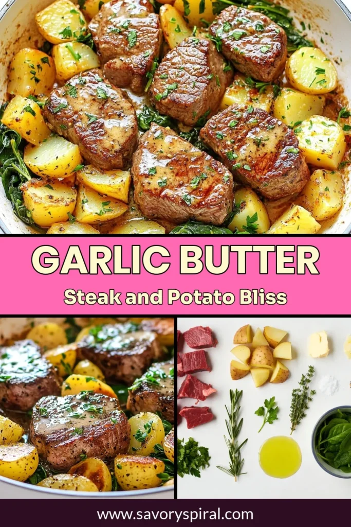 Looking for a delicious and quick dinner? Try this Garlic Butter Steak and Potato Skillet! This easy skillet meal will become your go-to steak and potato recipe, featuring tender sirloin, crispy potatoes, and a rich garlic butter sauce, all cooked in one pan. Perfect for busy evenings, this one-pan steak dinner is ready in just 30 minutes. Pin this recipe for a fast and flavorful meal! #SteakDinner #OnePanMeals #QuickDinnerRecipes #SkilletMeals