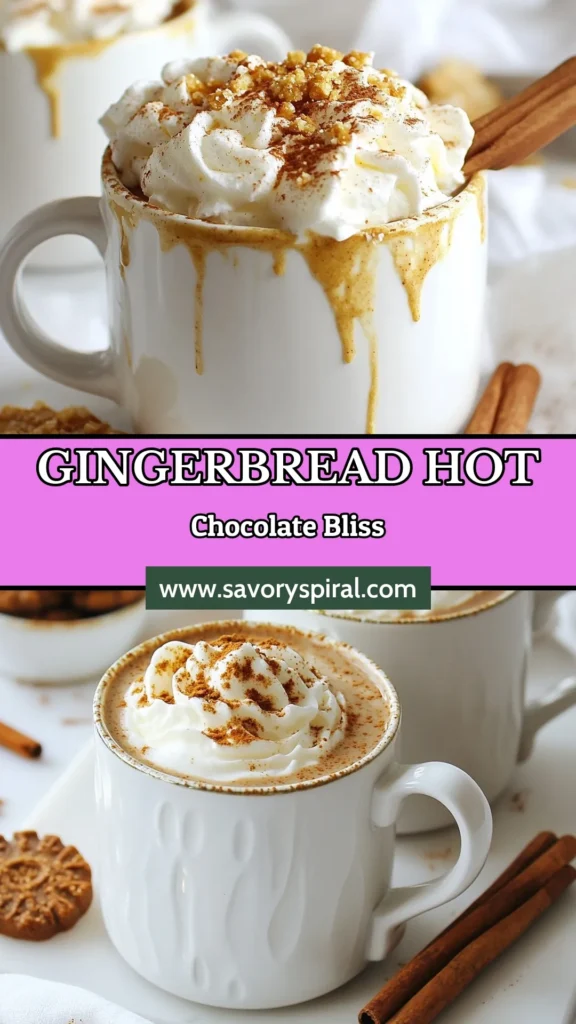 Warm up this holiday season with our Gingerbread Hot Chocolate recipe! This homemade hot chocolate combines rich chocolate with aromatic spices, making it the perfect festive drink recipe. Indulge in this spiced hot chocolate topped with whipped cream and crushed gingerbread cookies, elevating your chocolate gingerbread dessert experience. Click to savor the joy of this cozy treat and save the recipe for your holiday gatherings! #GingerbreadHotChocolate #FestiveDrinkRecipes #SpicedHotChocolate #ChocolateGingerbreadDessert