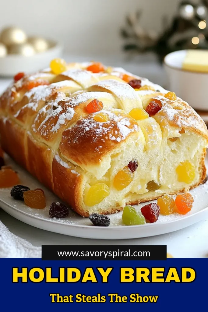 Bake the joy of the season with this easy Christmas bread recipe! Our festive holiday bread is a delightful blend of dried fruit and nuts, perfect for sharing with loved ones. This homemade Christmas loaf is not only easy to make, but it also fills your home with the warm scents of cinnamon and nutmeg. Treat yourself and your family to this delicious dried fruit bread that’s sure to impress. Save this recipe for your holiday baking! #ChristmasBread #HolidayBaking #EasyYeastBread #FestiveRecipes