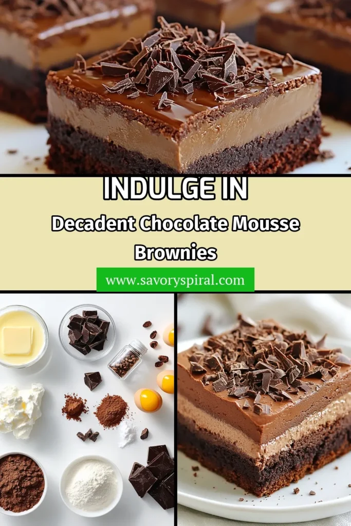 Indulge in these decadent chocolate mousse brownies for the ultimate chocolate dessert experience! This easy brownie dessert combines rich dark chocolate brownies into a fudgy brownie mousse that's sure to impress. Perfect for any occasion, this dark chocolate brownies recipe will have everyone's taste buds dancing. Don't wait—try this mouthwatering treat today! Save this recipe for future baking bliss! #ChocolateMousseBrownies #EasyBrownieDessert #ChocolateDessertRecipes #FudgyBrownieMousse