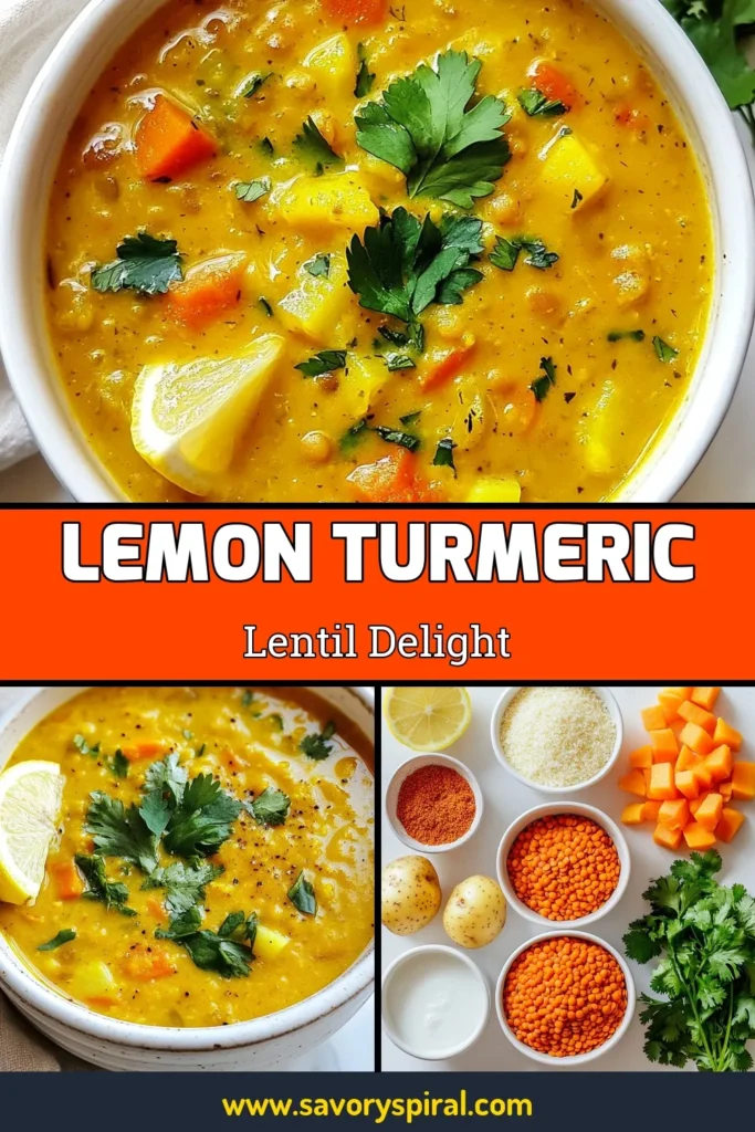 Discover the ultimate comfort food with this Golden Turmeric Lemon Lentil Soup! This vegan lentil soup recipe is packed with nutritious ingredients like red lentils, coconut milk, and vibrant spices, making it a healthy lentil soup that's bursting with flavor. Perfect for any season, this golden turmeric soup is easy to make and sure to impress. Save this delicious recipe for your next meal! #VeganSoup #HealthyEating #LentilSoup #TurmericBenefits