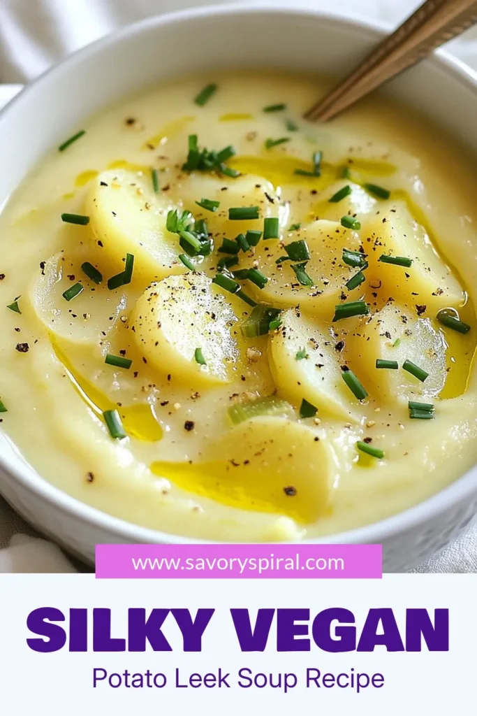 Discover the ultimate creamy vegan potato leek soup that’s perfect for your next easy vegan dinner! This healthy plant-based soup combines tender potatoes, leeks, and almond milk for a deliciously rich flavor. Enjoy a comforting bowl of dairy-free potato soup that’s quick to whip up and sure to satisfy. Don’t miss out on this creamy vegan soup recipe—save it for later and bring warmth to your table! #VeganSoup #HealthyEating #PlantBasedRecipes #EasyVeganDinner