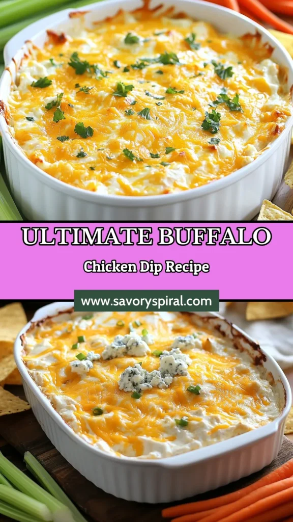 Looking for a crowd-pleaser? Try this Buffalo chicken dip recipe that's easy to make and packed with flavor! This creamy chicken dip combines shredded chicken, tangy Buffalo sauce, and blue cheese for a spicy dip that's perfect for parties or game day. Bake it for a bubbly treat everyone will love! Don't forget to serve it with your favorite chips and veggies. Save this recipe for your next gathering! #BuffaloChickenDip #EasyBuffaloDip #SpicyDipWithBlueCheese #BakedBuffaloChickenDip