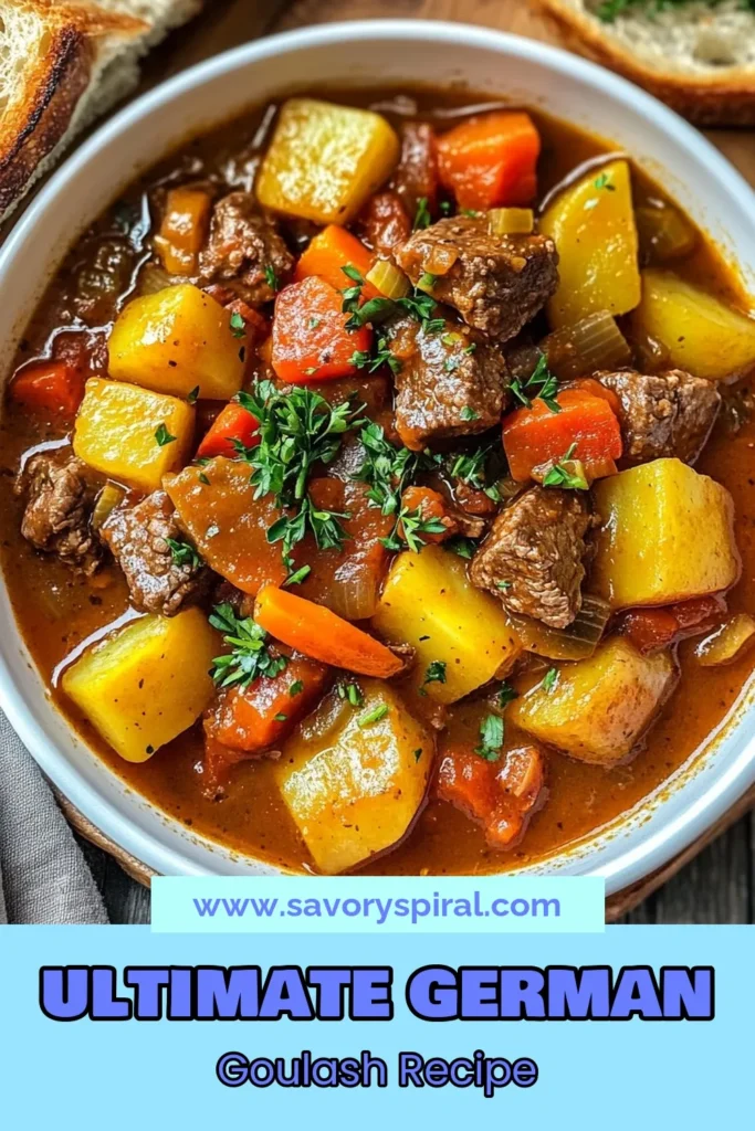 Warm up with this hearty German goulash recipe, a classic beef goulash stew perfect for cozy dinners. This easy dish combines tender beef, vegetables, and spices for a comforting meal that embodies traditional German dishes. Discover the joy of hearty goulash cooking in just a few simple steps! Save this comfort food recipe for your next family gathering and enjoy! #GermanGoulash #HeartyStew #ComfortFood #HomeCooking