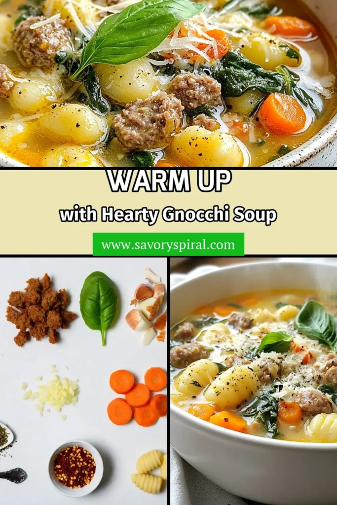 Warm up with this delicious Italian Sausage Gnocchi Soup! This hearty soup with sausage is perfect for chilly nights and is an easy Italian gnocchi soup that anyone can make in just 30 minutes. Made with flavorful chicken broth, fresh spinach, and topped with Parmesan, it's a must-try gnocchi soup recipe. Don't miss out—save this recipe for a comforting meal tonight! #ItalianSausageSoup #GnocchiSoupRecipe #HeartySoupWithSausage #EasyItalianGnocchiSoup