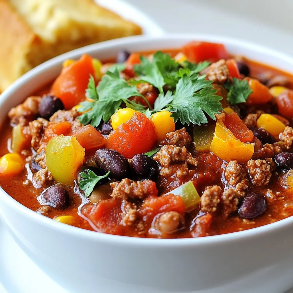 - 1.5 lbs ground beef - 1 medium onion, chopped - 2 cloves garlic, minced - 1 green bell pepper, diced - 1 red bell pepper, diced - 2 cans (15 oz each) kidney beans, drained and rinsed - 1 can (15 oz) black beans, drained and rinsed - 1 can (28 oz) diced tomatoes (with juices) - 2 tablespoons tomato paste - 2 tablespoons chili powder - 1 teaspoon cumin - 1 teaspoon smoked paprika - 1/2 teaspoon black pepper - 1/2 teaspoon salt - 1 cup beef broth - 1 jalapeño, deseeded and minced (optional for heat) When I make slow cooker beef chili, I always start with fresh ground beef. It gives the chili a rich flavor. I chop one onion and mince two cloves of garlic. These add depth and aroma to the dish. Next, I use two types of bell peppers. One green and one red. They add color and sweetness. I also include two cans of kidney beans and one can of black beans. They make the chili hearty and nutritious. For the base, I choose one can of diced tomatoes with juices. Tomato paste also thickens the chili nicely. Spices are key for flavor. I add two tablespoons of chili powder, one teaspoon of cumin, and one teaspoon of smoked paprika. These spices make the chili warm and inviting. Finally, I include beef broth to bring everything together. If you like heat, add a minced jalapeño. This dish needs just a few simple ingredients to create a comforting meal. {{ingredient_image_1}} - First, brown 1.5 lbs of ground beef in a large skillet. Cook it over medium-high heat until it's fully brown. This step adds great flavor. Drain any excess fat and set the beef aside. - Next, in the same skillet, sauté 1 medium chopped onion, 2 minced garlic cloves, 1 diced green bell pepper, and 1 diced red bell pepper. Cook them until they soften, about 5 minutes. This mix brings a lovely aroma. - Now, transfer the cooked beef and sautéed veggies into your slow cooker. - Add 2 cans of kidney beans (drained and rinsed), 1 can of black beans (drained and rinsed), and 1 can of diced tomatoes with their juices. Don't forget to add 2 tablespoons of tomato paste, 2 tablespoons of chili powder, 1 teaspoon of cumin, 1 teaspoon of smoked paprika, 1/2 teaspoon of black pepper, and 1/2 teaspoon of salt. - Pour in 1 cup of beef broth. If you like heat, add 1 minced jalapeño (deseeded). Stir everything until well combined. - Cover the slow cooker and set it to cook. You can choose low for 6-8 hours or high for 3-4 hours. Low gives flavors time to meld beautifully. - To check doneness, taste it before serving. If needed, adjust the seasoning. Enjoy the rich flavors that develop during cooking! To make your slow cooker beef chili even better, you can adjust the spice levels. If you like heat, add more chili powder or use a spicier pepper. For a milder taste, skip the jalapeño or reduce the chili powder. You can also add new ingredients for variety. Try corn, zucchini, or even some diced carrots. Each will bring a new twist to your dish. Chili should be thick, but if it’s too thin, you can thicken it easily. First, let it cook uncovered for the last hour. This helps the liquid reduce. You can also add a bit of cornstarch mixed with water. Stir this into the chili and let it cook for a few more minutes. If it’s too thick, add a little more beef broth or water until you reach your preferred consistency. When it comes to serving, cornbread and tortilla chips pair perfectly with your chili. They add a nice texture and make for a filling meal. For toppings, I love adding sour cream or shredded cheese. Fresh cilantro on top adds a bright flavor. You can even mix and match toppings for your guests. This makes the meal even more fun and tasty! Pro Tips Brown the Beef: Make sure to brown the ground beef well to develop rich flavors before adding it to the slow cooker. Layer the Ingredients: For the best flavor, layer the ingredients in the slow cooker, starting with the beans and tomatoes, then add the meat and veggies on top. Adjust the Heat: If you want a spicier chili, leave some seeds in the jalapeño or add a pinch of cayenne pepper for extra heat. Let it Rest: After cooking, let the chili sit for 10-15 minutes before serving to allow the flavors to meld even more. {{image_2}} You can change up the meat in your chili. Try using turkey or chicken for a lighter dish. Both options still give great flavor. If you want a meat-free option, lentils or tofu work well. Lentils add protein and texture. Tofu absorbs the chili's flavors, making it tasty. You can make your chili mild or spicy. If you like heat, add more jalapeños or use a spicy chili powder. For a milder chili, skip the jalapeños and use sweet bell peppers instead. You can also add extra veggies like zucchini or corn for a fresh twist. These ingredients add flavor and nutrients. Spices can change your chili's vibe. Add cumin and chili powder for a classic taste. For a Mexican twist, include oregano or chipotle. For a Cuban touch, add cumin and a bit of lime juice. If you want an Indian flair, try adding garam masala or curry powder. Each spice creates new and exciting flavors. To store leftover chili, let it cool first. Then, place it in an airtight container. You can keep it in the fridge for about three to four days. This way, you can enjoy it again soon! For freezing chili, use a freezer-safe container or bag. Leave some space at the top for expansion. It will stay fresh for up to three months. When reheating, thaw it overnight in the fridge. Then, heat it gently on the stove or in the microwave. Stir well to make sure it warms evenly. Portion your chili into single servings. This makes it easy to grab a meal later. You can even use leftover chili in new dishes, like chili nachos or chili mac. Get creative and mix it into soups or casseroles for a quick meal. It takes about 6-8 hours on low. If you cook on high, it takes 3-4 hours. Cooking longer on low gives more time for the flavors to blend. Always check to make sure the chili is hot and tasty before serving. Yes, you can use dried beans! Here’s how: - Soak 1 cup of dried kidney and black beans overnight. - Drain and rinse them before adding to the slow cooker. - Cook on low for around 8-10 hours or on high for 4-6 hours. Make sure they are soft before serving. Dried beans add a great texture and flavor. You can reheat chili on the stove or in the microwave. - For the stove, place it in a pot over low heat. Stir often until hot. - For the microwave, use a microwave-safe bowl. Heat in 1-minute bursts, stirring in between. Both methods keep the flavor strong. Add a splash of broth if it seems thick. You now have all the tools to make a great slow cooker beef chili. We covered the key ingredients, step-by-step instructions, and tips to enhance flavor. You learned how to adapt the recipe for different tastes, store it properly, and even answered common questions. Make this chili your own with easy tweaks. Remember, cooking is about finding joy in the process. Enjoy each bite and share it with friends and family for the best experience.