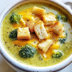 To make a great broccoli cheddar soup, you need the right mix of ingredients. Here’s what you will need: - 2 tablespoons unsalted butter - 1 small onion, diced - 2 cloves garlic, minced - 4 cups broccoli florets (fresh or frozen) - 4 cups vegetable broth - 1 cup carrots, sliced - 1 cup heavy cream - 2 cups sharp cheddar cheese, grated - 1 teaspoon Dijon mustard - Salt and pepper to taste - Optional: Croutons for topping When it comes to broccoli, you have two good options. Fresh broccoli gives a crisp taste, but frozen broccoli works well too. If you choose frozen, make sure to thaw it first. For cheese, I recommend sharp cheddar. It melts well and gives a strong flavor. You can also mix in some mild cheddar for a creamier taste. Each ingredient plays a key role in making the soup rich and tasty. Choose what you like best, and let’s get cooking! {{ingredient_image_1}} 1. Start by melting 2 tablespoons of unsalted butter in a large pot over medium heat. This will add great flavor to the dish. 2. Once the butter is melted, add 1 small diced onion. Sauté it for about 5 minutes. You want the onion to become soft and fragrant. 3. Next, stir in 2 minced cloves of garlic. Cook it for about 1 minute. Be careful not to let it burn, as burnt garlic can taste bitter. 4. Now, add 4 cups of broccoli florets and 1 cup of sliced carrots to the pot. Stir everything to combine well. The colors will be bright and inviting. 5. Pour in 4 cups of vegetable broth. Bring the mixture to a boil. Once it boils, reduce the heat and let it simmer for about 10-15 minutes. You want the broccoli and carrots to be tender. 6. After the veggies are tender, use an immersion blender to blend the soup until smooth. If you prefer some texture, blend only half of it. This gives a nice bite to the soup. 7. Now, stir in 1 cup of heavy cream, 1 teaspoon of Dijon mustard, and 2 cups of grated sharp cheddar cheese. Mix well until the cheese melts and the soup is creamy. The cheese adds a rich flavor. 8. Finally, season with salt and pepper to taste. Adjust the seasoning as needed. 9. Serve the soup hot. If you like, top it with croutons for a nice crunch. Enjoy your comforting bowl of broccoli cheddar soup! - Heat the pot before adding butter to ensure even melting. - Stir the veggies often to avoid sticking or burning. - Sauté until the onions are translucent for the best flavor. - For a smooth soup, blend until fully pureed. - For a chunkier texture, blend just half and leave some pieces whole. - An immersion blender works great, but you can use a regular blender too. Just blend in batches and be careful with the hot soup. To make your broccoli cheddar soup even tastier, try adding more than just salt and pepper. Here are some ideas: - Nutmeg: A pinch of nutmeg can add warmth and depth. - Paprika: Smoked paprika gives a nice, subtle kick. - Herbs: Fresh thyme or parsley can brighten the flavor. For the perfect creaminess, follow these methods: - Heavy Cream: Use heavy cream for a rich texture. - Cream Cheese: Mixing in cream cheese makes the soup extra smooth. - Blend Half: Blend only half of the soup for a mix of smooth and chunky. When it comes to toppings, consider these alternatives: - Croutons: They add crunch and texture. - Chopped Bacon: Crispy bacon bits give a salty bite. - Green Onions: Sliced green onions add color and fresh flavor. Experiment with these tips to create your own twist on this comforting dish! Pro Tips Fresh vs. Frozen: Using fresh broccoli will yield a brighter flavor and better texture, but frozen broccoli is a great time-saver and still nutritious. Cheese Choices: For a more complex flavor, mix different types of cheese like Gruyère or Monterey Jack with the cheddar. Adjusting Thickness: If you prefer a thicker soup, reduce the amount of broth or add more cream to achieve your desired consistency. Flavor Boost: Add a splash of lemon juice or a pinch of red pepper flakes for an extra layer of flavor and a bit of heat. {{image_2}} You can easily adapt this broccoli cheddar soup to fit various diets. Here are some options: - Vegetarian Version: This recipe is already vegetarian since it uses vegetable broth and no meat. - Vegan Version: To make it vegan, swap the heavy cream for coconut milk or cashew cream. Use a vegan cheese that melts well, like a cashew-based cheese. - Gluten-Free Version: The recipe is gluten-free if you ensure your vegetable broth is gluten-free. Most brands offer safe options. For allergies or preferences, consider these ingredient swaps: - Instead of butter, use olive oil or vegan butter. - If you don’t like broccoli, try using cauliflower. It blends just as well and tastes great. You can also add flavor with herbs and spices: - A pinch of nutmeg brightens the soup. - Thyme or rosemary adds a fragrant touch. - A dash of cayenne pepper gives it a little heat. Feel free to experiment with these variations. You can customize your soup to suit your taste and dietary needs! When you have leftover broccoli cheddar soup, store it right. Let the soup cool to room temperature first. Then, place it in an airtight container. This keeps it fresh for up to five days in the fridge. When reheating, do it on low heat. Stir often to keep the soup creamy. If it thickens too much, add a splash of broth or cream. This will help restore its smooth texture. If you want to save some soup for later, freezing works well. Pour the cooled soup into freezer-safe containers, leaving space at the top for expansion. It can stay good in the freezer for up to three months. When ready to eat, thaw it overnight in the fridge. Reheat it gently on the stove, just like before. Enjoy your creamy soup again! Yes, you can make this soup ahead of time. Just cool it down and store it in an airtight container. It stays fresh in the fridge for up to three days. When you are ready to eat, reheat it on the stove. Stir often to keep it creamy. If your soup is too thick, add more broth or water. Stir it in slowly until you reach the desired thickness. You can also add more cream for a richer flavor. Just remember to heat it gently after adding any liquid. This soup pairs well with many items. I love serving it with crusty bread or a fresh salad. You could also add croutons on top for crunch. A simple sandwich like a grilled cheese can make it a full meal too. In this post, we covered the key elements for making Broccoli Cheddar Soup. You learned about the best ingredients, cooking steps, and how to enhance flavor. We explored variations for different diets and shared storage tips for leftovers. Keep these techniques in mind to impress at your next meal. Remember, making soup is fun and flexible. Try different herbs or cheeses to find your favorite blend. Enjoy your time in the kitchen and savor every bite.