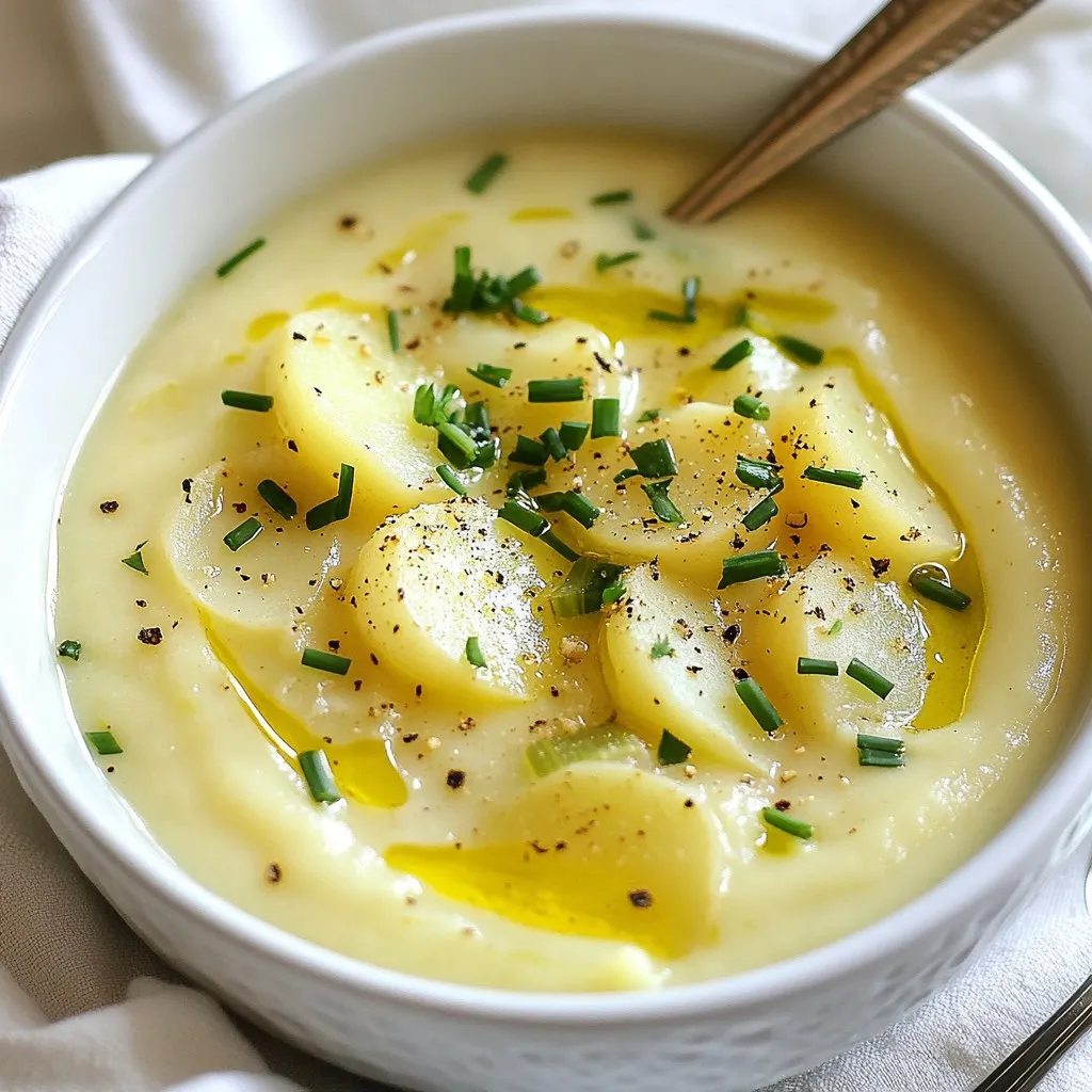 To make creamy vegan potato leek soup, you need: - 3 large leeks, white and light green parts only, cleaned and chopped - 4 medium potatoes, peeled and diced (Yukon Gold or Russet) - 1 medium onion, diced - 3 cloves garlic, minced - 4 cups vegetable broth - 1 cup unsweetened almond milk (or any plant-based milk) - 2 tablespoons olive oil - 1 teaspoon dried thyme - Salt and pepper to taste - Fresh chives or parsley, for garnish For the best results, I suggest using these brands: - Olive Oil: California Olive Ranch offers high-quality, flavorful oil. - Vegetable Broth: Pacific Foods makes a tasty, low-sodium broth. - Plant-Based Milk: Silk and Almond Breeze have great almond milk options. Having quality ingredients makes a big difference in your soup's taste. Each ingredient adds healthy benefits to your soup: - Leeks: Rich in vitamins A and K, leeks support your immune system. - Potatoes: A good source of fiber and potassium, they provide energy. - Garlic: Known for its anti-inflammatory properties, garlic can boost health. - Almond Milk: Low in calories, it has healthy fats and vitamins. - Thyme: This herb has antioxidants and can aid digestion. Using these ingredients not only makes your soup tasty but also nutritious. {{ingredient_image_1}} To start, gather your fresh veggies. You need three large leeks, four medium potatoes, one onion, and three cloves of garlic. First, clean the leeks well. Slice off the dark green parts and chop the white and light green parts. Next, peel and dice the potatoes. Dice the onion and mince the garlic. When you have everything ready, heat two tablespoons of olive oil in a large pot over medium heat. Add the chopped leeks and diced onion. Sauté them for about five to seven minutes. This softens the vegetables and brings out their flavors. Then, add the minced garlic and cook for one more minute. You want the garlic to be fragrant but not burned. Now it’s time to add the star of the show—the potatoes. Stir in the diced potatoes and one teaspoon of dried thyme. Mix everything well for about two minutes. This step helps the potatoes soak up the flavors. Next, pour in four cups of vegetable broth. Bring this mixture to a boil. Once it’s boiling, reduce the heat and let it simmer for about 20 minutes. You’ll know it’s done when the potatoes are tender. This simmering step helps the flavors blend together nicely. After 20 minutes, remove the pot from heat. Now comes the fun part—blending! Use an immersion blender to blend the soup until it’s smooth and creamy. If you don’t have an immersion blender, carefully transfer the soup to a regular blender in batches. Be cautious with the hot liquid! Once blended, return the creamy soup to the pot. Pour in one cup of unsweetened almond milk, stirring to combine. Season with salt and pepper to taste. If the soup has cooled, gently reheat it before serving. Garnish with fresh chives or parsley for a pop of color. Enjoy your creamy vegan potato leek soup! To make your soup extra creamy, use Yukon Gold potatoes. They have a buttery texture. You can also add soaked cashews. Blend them with the soup for a rich taste. If you want a lighter option, use more almond milk. This will keep the creamy feel without adding too many calories. Boost the flavor by adding fresh herbs. Thyme works well, but you can try dill or rosemary too. A squeeze of lemon juice at the end adds brightness. For a spicy kick, add a pinch of cayenne pepper. Another option is to stir in nutritional yeast for a cheesy flavor. This makes your soup taste gourmet. Don’t skip the sautéing step. Cooking the leeks and onions first builds a strong base. Make sure to let the soup simmer long enough. This helps the flavors blend well. Avoid over-blending; you want some texture. Lastly, taste your soup before serving. Adjust salt and pepper to make it perfect for your palate. Pro Tips Use Fresh Leeks: Ensure your leeks are fresh for the best flavor. Look for firm, vibrant green tops and avoid any that are wilting or yellowing. Blend for Creaminess: For an ultra-creamy texture, blend the soup until completely smooth. An immersion blender works best for this recipe. Adjust Consistency: If the soup is too thick, stir in additional vegetable broth or plant-based milk until you reach your desired consistency. Garnish for Freshness: Fresh herbs like chives or parsley not only add color but also enhance the flavor of the soup. Add them just before serving. {{image_2}} This creamy vegan potato leek soup is naturally gluten-free. You just need to ensure your vegetable broth is also gluten-free. Many brands offer this option. Always read the label to be sure. You can also use cornstarch to thicken the soup if you like a creamier texture. Want to jazz up the flavor? Try adding spices like cumin or paprika. A dash of lemon juice can brighten up the soup. For a smoky taste, consider adding some smoked paprika. You might also stir in some nutritional yeast for a cheesy flavor. Fresh herbs like dill or basil can give the soup a new twist. You can change the soup based on the season. In spring, add fresh asparagus or peas for a burst of color. In fall, try adding some roasted pumpkin or squash. These swaps add unique flavors and nutrients. Using seasonal ingredients makes the soup fresh and exciting. You can also mix in kale or spinach for extra greens in winter. To keep your creamy vegan potato leek soup fresh, let it cool first. Pour it into an airtight container. It will last in the fridge for about three to four days. If you want to keep it longer, consider freezing it. When you're ready to enjoy your soup again, reheat it gently. Pour the soup into a pot over low heat. Stir often to avoid sticking. You can also use a microwave. Heat in short bursts, stirring in between, until hot. If the soup seems thick, add a splash of vegetable broth or almond milk. Freezing is a great way to save this soup. Use freezer-safe containers or bags. Leave some space at the top, as the soup will expand when frozen. The soup can stay good in the freezer for up to three months. When you’re ready to eat, thaw it overnight in the fridge before reheating. Yes, you can use different types of potatoes. Yukon Gold and Russet are my favorites. They both add creaminess and flavor. You can also try red potatoes for a firmer texture. Just keep in mind that each type will change the taste and texture slightly. Absolutely! This soup is great for meal prep. You can make it ahead of time and store it. It keeps well in the fridge for about 3-4 days. Just let it cool before you store it in airtight containers. It also freezes well, so you can enjoy it later. You can easily adjust the thickness of the soup. If you want a thicker soup, add more potatoes. If you prefer it thinner, add more broth or almond milk. Start with a small amount and mix well, then check the texture. It’s all about what you like best! This blog post covered all you need for a great soup. You learned about the best ingredients and brands. We explored how to prepare and cook the soup. I shared tips for creaminess and flavor. You also found ways to adapt the recipe and store leftovers. Remember, a little practice makes you a soup pro! Enjoy making your soup with confidence, and don’t hesitate to get creative. The kitchen is your playground, so have fun!