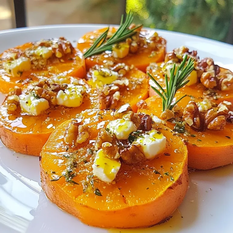 - 2 medium sweet potatoes - 1/2 cup feta cheese - 1/4 cup honey - 2 tablespoons olive oil - 1 teaspoon cinnamon - 1/2 teaspoon salt - 1/2 teaspoon black pepper - 1 tablespoon fresh rosemary - 1/4 cup chopped walnuts (optional) - Baking sheet - Parchment paper - Large bowl - Small bowl - Measuring cups and spoons To make honey feta sweet potato rounds, first gather your ingredients. You need sweet potatoes, feta cheese, honey, and a few spices. Each ingredient adds to the flavor. Sweet potatoes give a creamy base. Feta cheese adds a salty bite. Honey brings a touch of sweetness. For tools, use a baking sheet lined with parchment paper. This makes clean-up easy. A large bowl helps mix the sweet potatoes with oil and spices. A small bowl is perfect for the feta and honey blend. Measuring cups and spoons ensure accuracy. Having the right ingredients and tools makes cooking fun and simple. You will enjoy creating this tasty dish in no time! {{ingredient_image_1}} - Preheat the oven to 400°F (200°C). - Line a baking sheet with parchment paper or grease it lightly with olive oil. - In a large bowl, toss the sweet potato rounds with olive oil, cinnamon, salt, and pepper. Make sure they are evenly coated. - Arrange the sweet potato slices on the baking sheet in a single layer. - Bake for about 20 minutes. Flip the rounds halfway through for even cooking. They should be tender and golden brown. - While the sweet potatoes bake, mix crumbled feta cheese and honey in a small bowl. Stir until well combined. - Once the sweet potatoes are done, take them out of the oven. Spoon a generous amount of the honey feta mixture onto each round. - Return the baking sheet to the oven. Bake for an additional 5-7 minutes until the feta warms and softens. To make your sweet potato rounds crispy, roast them at 400°F. This high heat helps them cook evenly. Flip them halfway through to get nice color on both sides. For the feta, mix it with honey first. This helps it melt better on the sweet potatoes. Bake the topped rounds for just 5-7 minutes. This warms the feta without overcooking it. Serve these rounds on a bright platter for a pop of color. Drizzle extra honey over the top for added sweetness. Add fresh rosemary sprigs around the edges for a nice look. If you use walnuts, sprinkle them on right before serving. This adds crunch and looks great too. Always use fresh sweet potatoes for the best taste. Fresh ingredients pack more flavor and nutrients. Balance the sweet and salty flavors well. The honey and feta should complement each other. Taste as you go to find your perfect mix. Pro Tips Choose the Right Sweet Potatoes: Opt for firm, unblemished sweet potatoes for the best texture and flavor. Look for ones that feel heavy for their size. Feta Cheese Alternatives: If you want a creamier texture, try using goat cheese or ricotta instead of feta for a different flavor profile. Make Ahead: You can prepare the sweet potato rounds in advance and store them in the fridge. Bake them just before serving for a fresh taste. Garnishing Tips: For an extra pop of flavor, consider adding a sprinkle of chili flakes or a squeeze of lemon juice just before serving. {{image_2}} You can boost the flavor of honey feta sweet potato rounds with spices. Try adding nutmeg for warmth or paprika for a little kick. These spices will add depth and make the dish even more exciting. You can also swap feta cheese for goat cheese. Goat cheese gives a creamy, tangy taste that works well with sweet potatoes. Each cheese offers a unique flavor twist. If you want a different kind of sweetness, use maple syrup instead of honey. This change gives a rich, earthy taste. You can also try different sweet potato types. Purple sweet potatoes add color and a slightly different flavor. Each variety can change the dish's overall vibe. Get creative with toppings! Chopped walnuts add crunch and nuttiness. Fresh herbs like parsley or cilantro can brighten the dish. You can also mix in seeds, like pumpkin or sunflower seeds, for extra texture. If you want to add more veggies, consider topping with roasted bell peppers or sautéed spinach. These additions can enhance the dish and make it even more enjoyable. To keep your honey feta sweet potato rounds fresh, store them in the refrigerator. Place them in an airtight container. They will last for about 3 to 4 days. When you want to eat them again, simply reheat the rounds in the oven. Set the oven to 350°F (175°C). Heat for about 10 minutes, or until warmed through. If you want to keep them longer, freezing is a great option. First, let the sweet potato rounds cool completely. Then, place them in a single layer on a baking sheet and freeze for 1 to 2 hours. Once frozen, transfer them to a freezer bag or container. This method prevents them from sticking together. They can last up to 3 months in the freezer. To defrost, move them to the fridge overnight. Reheat as mentioned above. These sweet potato rounds can last in the fridge for 3 to 4 days. When frozen, they keep for up to 3 months. Look for signs of spoilage, such as a sour smell or mold. If you notice any of these signs, it’s best to throw them away. Enjoying them fresh will give you the best taste and texture! Yes, you can prepare sweet potato rounds ahead. Slice and season them. Store in the fridge for up to two days. Just bake them when you're ready to eat. This saves time during busy days. If you need a feta substitute, try goat cheese. It has a similar flavor. You can also use ricotta for a creamier texture. Vegan cheese is another option for a dairy-free dish. To make this dish vegan, swap feta for vegan cheese. Use maple syrup instead of honey for sweetness. Ensure the sweet potatoes and other ingredients are also vegan. This way, you keep the flavors without dairy. Yes, grilling sweet potato rounds works well. Preheat your grill to medium heat. Brush the rounds with olive oil and grill for about 10-15 minutes. Flip them halfway for even cooking. These sweet potato rounds go well with salads and grilled meats. Try serving them with roasted chicken or fish. They also pair nicely with a fresh green salad. Enjoy them as a tasty appetizer or side dish. You learned how to make delicious honey feta sweet potato rounds. We discussed key ingredients, steps, and useful tips. You can customize flavors and store leftovers easily. Enjoying this dish adds taste and nutrition to your meals. I hope you feel inspired to try this recipe and make it your own. Happy cooking!