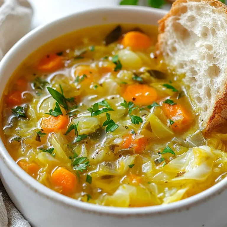 To make this classic cabbage soup, gather these fresh and simple ingredients: - 1 medium head of green cabbage, chopped - 2 large carrots, diced - 1 large onion, chopped - 3 cloves garlic, minced - 4 stalks celery, diced - 1 can (14 oz) diced tomatoes, with juice - 6 cups vegetable broth - 2 teaspoons dried thyme - 1 teaspoon paprika - 1 bay leaf - Salt and pepper to taste - 2 tablespoons olive oil - Fresh parsley, chopped (for garnish) You can customize your soup by adding extra flavors. Consider these options: - 1 cup of corn for sweetness - 1 cup of green beans for crunch - 1 cup of potatoes for heartiness - A dash of hot sauce for heat - Cooked beans for protein This soup is not just tasty; it’s healthy too. Each serving offers: - Low calories, great for weight loss - High in fiber, aiding digestion - Packed with vitamins A and C - Good source of antioxidants - Contains plant-based protein This cabbage soup is a warm hug in a bowl. Each bite is filled with flavor and nutrition, making it a fantastic choice for any meal. {{ingredient_image_1}} Start by gathering all your ingredients. You need a medium head of green cabbage, two large carrots, one large onion, three cloves of garlic, and four stalks of celery. Chop the cabbage into bite-sized pieces. Dice the carrots and celery, and chop the onion. Mince the garlic cloves. This prep makes the cooking process easy. In a large pot or Dutch oven, heat two tablespoons of olive oil over medium heat. Once hot, add the chopped onion and minced garlic. Sauté them for about three to four minutes, until the onion looks translucent. Next, stir in the diced carrots and celery. Cook them together for about five minutes until they soften. Now, add the chopped cabbage to the pot. Mix it well with the other veggies. Pour in one can of diced tomatoes and six cups of vegetable broth. Season your soup with two teaspoons of dried thyme, one teaspoon of paprika, and one bay leaf. Add salt and pepper to taste. Bring the soup to a boil, then lower the heat. Let it simmer for thirty to thirty-five minutes or until the cabbage is tender. Don't forget to remove the bay leaf before serving! Serve the soup hot in bowls. For a nice touch, garnish with fresh chopped parsley. You can also add a sprinkle of extra parsley on top. Pair your soup with a slice of crusty bread for a comforting meal. Enjoy the rich flavors and warmth! To make a great cabbage soup, start with fresh ingredients. Use a medium head of green cabbage. Chop it into bite-sized pieces. Dice two large carrots and one large onion. Mince three cloves of garlic. Dicing and chopping help the flavors mix well. Heat two tablespoons of olive oil in a large pot over medium heat. Sauté the onion and garlic for about 3-4 minutes until the onion turns clear. Add in two diced carrots and four stalks of diced celery. Cook these for five minutes until they soften. This step builds a strong base for your soup. The right flavor comes from using herbs and spices. Add two teaspoons of dried thyme and one teaspoon of paprika. Toss in one bay leaf for depth. Season the soup with salt and pepper to taste. Pour in one can of diced tomatoes with juice and six cups of vegetable broth. The broth should be rich and full of taste. Bring the soup to a boil, then lower the heat. Let it simmer for 30-35 minutes. This will make the cabbage tender and the flavors blend nicely. One common mistake is not chopping the vegetables evenly. If they are not the same size, they will cook unevenly. Another mistake is skipping the sautéing step. This step adds depth and warmth to the soup. Make sure to taste and adjust the seasoning before serving. You can always add more salt, pepper, or herbs if needed. Lastly, don’t forget to remove the bay leaf before serving. It’s not meant to be eaten! Pro Tips Enhance the Flavor: Add a splash of apple cider vinegar or a squeeze of lemon juice before serving to brighten the flavors of the soup. Vegetable Variations: Feel free to add other vegetables like potatoes, green beans, or bell peppers for more texture and nutrition. Make it Heartier: For a more filling soup, consider adding cooked beans or lentils that pair well with the cabbage. Storage Tips: This soup keeps well in the refrigerator for up to 3 days and can be frozen for up to 3 months. Just reheat before serving! {{image_2}} You can swap ingredients to fit your taste. For instance, use purple cabbage for a vibrant look. If you want more protein, add beans or lentils. Use vegetable broth for a vegan option. You can also try chicken broth for a meaty flavor. If you like heat, add some red pepper flakes. Experiment with different herbs like basil or oregano for a unique twist. You can make cabbage soup in many ways. The stove is the classic method. For a quick option, try a pressure cooker. It cooks the soup fast, saving time. You can also use a slow cooker for deep flavor. Just add all the ingredients and set it to low. Let it cook for several hours. If you prefer, you can blend the soup for a smooth texture. Around the world, people make cabbage soup in different ways. In Poland, they add sausage for heartiness. In Germany, they use caraway seeds for a unique flavor. Russian versions often include beets for sweetness. In Asia, you might find spicy kimchi versions. Each region gives this dish a special flair. Explore these variations to find your favorite style! Store any leftover cabbage soup in an airtight container. Make sure to let it cool first. Place it in the fridge. It can last up to four days. If you want to keep it longer, consider freezing. This soup tastes even better the next day, as the flavors blend. To freeze cabbage soup, use a freezer-safe container. Leave some space at the top for expansion. You can also use freezer bags. Squeeze out as much air as possible. The soup can stay fresh in the freezer for up to three months. Label each container with the date, so you know when to use it. When you are ready to eat, take the soup from the fridge or freezer. If frozen, thaw it in the fridge overnight. Reheat in a pot over low heat. Stir occasionally to avoid sticking. You can also use the microwave. Heat it in short bursts, stirring in between. Taste and adjust the seasoning if needed before serving. Yes, you can use chicken broth or beef broth. Each broth gives the soup a different taste. If you want a lighter flavor, stick with vegetable broth. You can also make your own broth at home. Just simmer bones or veggies with water and some herbs. Cabbage soup lasts about 3 to 5 days in the fridge. Store it in a sealed container. Let it cool down first before putting it in the fridge. If you want it to last longer, consider freezing it. This soup is vegan since it uses vegetable broth and no animal products. It is also vegetarian. You can enjoy it without worry if you follow a vegan diet. The veggies provide plenty of flavor and nutrition. This blog post covered the key parts of making cabbage soup. We discussed ingredients, cooking steps, and useful tips. You learned about variations to try and how to store leftovers. Remember, cooking is fun, and you can always adjust recipes to fit your taste. Whether you prefer vegan options or different flavors, cabbage soup is simple and tasty. Enjoy your cooking, and don’t hesitate to experiment with your own ideas!