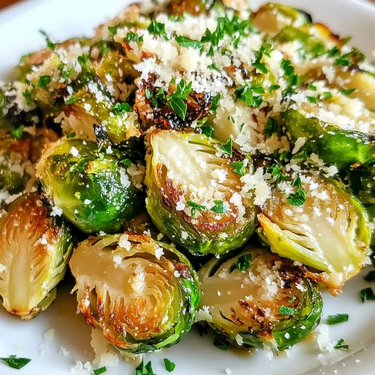 - 1 lb Brussels sprouts, trimmed and halved - 4 cloves garlic, minced - 1/3 cup grated Parmesan cheese - 3 tablespoons olive oil - 1 teaspoon salt - 1/2 teaspoon black pepper - 1/4 teaspoon red pepper flakes (optional) - Fresh parsley, chopped (for garnish) For this dish, I love using fresh Brussels sprouts. They have a nice crunch and a slight sweetness that pairs well with garlic. The garlic adds a bold flavor, while the Parmesan cheese gives a deliciously cheesy note. Olive oil is key here. It helps the Brussels sprouts roast to perfection. A sprinkle of salt and pepper brings out the flavors in each bite. If you like a bit of heat, try adding red pepper flakes. Finally, fresh parsley adds a pop of color and freshness. It makes the dish look great on the table. Each ingredient works together to create a delightful taste that will impress anyone! {{ingredient_image_1}} 1. First, preheat your oven to 400°F (200°C). This high heat helps the Brussels sprouts crisp up nicely. 2. Line a baking sheet with parchment paper. This makes cleanup easier and helps prevent sticking. 3. Next, take your Brussels sprouts and trim off the ends. Then, cut them in half. This helps them cook faster and evenly. 4. In a large bowl, mix the halved Brussels sprouts with minced garlic, olive oil, salt, black pepper, and red pepper flakes if you like some heat. Toss everything well to coat the sprouts. 1. Once mixed, spread the Brussels sprouts in a single layer on the baking sheet. This ensures they roast evenly. 2. Roast them in the preheated oven for about 20 to 25 minutes. Halfway through, give them a toss to help with even cooking. 3. In the last five minutes of roasting, sprinkle the grated Parmesan cheese over the Brussels sprouts. This adds a rich flavor. 4. Continue roasting until the cheese is melted and slightly crispy. This takes just a few minutes. 5. When done, remove the baking sheet from the oven. Garnish your Brussels sprouts with fresh parsley before serving. To get crispy Brussels sprouts, set your oven to 400°F (200°C). This high heat helps them brown well. Roast them for 20-25 minutes. Halfway through, take them out and toss them. This step ensures even cooking and crispiness. You can boost the taste with extra seasonings. Try adding lemon zest or smoked paprika. These add a nice twist. You can also switch the cheese. Use cheddar or feta for a different flavor. Each option brings its own special touch to the dish. Pro Tips Choose Fresh Brussels Sprouts: Select Brussels sprouts that are firm and bright green for the best flavor and texture. Don’t Skip the Toss: Tossing the Brussels sprouts halfway through roasting ensures they cook evenly and develop a nice char. Adjust the Cheese: Feel free to experiment with different types of cheese, like Pecorino Romano or Asiago, for a unique twist. Serve Immediately: For the best taste and texture, serve the Brussels sprouts right after roasting while they are still warm and crispy. {{image_2}} You can change this dish easily. If you want to skip the cheese, try nutritional yeast. It adds a nice cheesy flavor. For fats, you can use melted butter or coconut oil instead of olive oil. This will give a different taste. You can also add other veggies. Carrots or sweet potatoes roast well. They pair nicely with Brussels sprouts. Just cut them into similar sizes. This way, they cook at the same time. If you want a vegan dish, you can skip the cheese. Use a vegan cheese or leave it out completely. The garlic and spices still give great flavor. For gluten-free options, this recipe is already safe. All the ingredients are gluten-free. You can enjoy this dish without worry if you have gluten issues. To keep your Garlic Parmesan Roasted Brussels Sprouts fresh, place them in an airtight container. Store them in the fridge. They can last for up to three days. Make sure they cool down before sealing. This helps avoid moisture buildup. When you reheat them, use the oven for the best results. Preheat your oven to 350°F (175°C). Spread the sprouts on a baking sheet. Heat for about 10 to 15 minutes. This method keeps them crispy. If you use a microwave, they may become soggy. Freezing is a great option for longer storage. To freeze roasted Brussels sprouts, let them cool completely first. Then, spread them on a baking sheet in a single layer. This prevents them from sticking together. Freeze for about two hours. After freezing, transfer the sprouts to a freezer-safe bag. Remove as much air as possible. They can stay in the freezer for up to three months. When ready to eat, thaw them in the fridge overnight. To reheat after freezing, preheat the oven to 375°F (190°C). Spread the sprouts on a baking sheet and heat for 15 to 20 minutes. This restores their crispiness. Enjoy your flavorful Brussels sprouts anytime! How long to roast Brussels sprouts for best results? Roast Brussels sprouts for 20 to 25 minutes at 400°F. This time gives them a nice crisp. Toss them halfway through to ensure even cooking. Look for a golden-brown color on the edges. That’s when they taste best! Can I make this recipe in advance? Yes, you can prepare Brussels sprouts ahead of time. Trim and halve them, then store in the fridge. Toss them with garlic and oil just before roasting. This keeps them fresh and tasty. What can I use instead of Parmesan cheese? Try using nutritional yeast for a vegan option. It adds a cheesy flavor without dairy. You can also use pecorino or another hard cheese if you want a different taste. Are there alternatives to olive oil for roasting? You can use avocado oil or melted coconut oil. Both have high smoke points and work well for roasting. Choose what fits your taste and diet! This blog post explored the easy steps to make tasty roasted Brussels sprouts. You learned about the main and extra ingredients, preparation, and cooking methods. I shared tips for crispiness and flavor, as well as variations to suit different diets. Proper storage and reheating methods were also covered. With these insights, you can enjoy a delicious, healthy dish that fits your needs. Happy cooking!