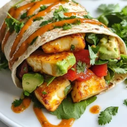 - 250g halloumi cheese, sliced - 4 whole wheat wraps - 1 cup mixed salad greens (spinach, arugula, or lettuce) - 1 red bell pepper, thinly sliced - 1 avocado, sliced - 1 carrot, julienned - 2 tablespoons sweet chili sauce - 1 tablespoon olive oil - Salt and pepper to taste Gather these ingredients to make the Sweet Chili Halloumi Wraps. Halloumi cheese is a star in this dish. It has a unique texture and a salty flavor that pairs well with other fresh ingredients. Whole wheat wraps give a nice, nutty taste and add fiber. The mixed salad greens provide crunch and freshness. Next, the red bell pepper adds sweetness and color. Avocado brings creaminess, while the carrot gives a lovely crunch. Sweet chili sauce adds a spicy kick and a sweet touch. Olive oil helps to cook the halloumi and adds flavor. Finally, season with salt and pepper to enhance all the tastes. These ingredients create a tasty and satisfying meal. You can mix and match based on what you have. Enjoy the process of creating your wraps! {{ingredient_image_1}} Heating the Skillet Start by heating 1 tablespoon of olive oil in a non-stick skillet. Use medium heat to avoid burning the cheese. Wait until the oil is hot and shimmering. Cooking Time and Temperature Place the sliced halloumi in the skillet. Cook each side for about 2-3 minutes. You want it golden and crispy. Keep an eye on it to ensure it doesn’t stick or burn. Spreading the Sauce Grab your whole wheat wraps. Spread 1 tablespoon of sweet chili sauce on each wrap. This adds a tasty kick and helps hold everything together. Layering the Vegetables On top of the sauce, layer a handful of mixed salad greens. Next, add slices of red bell pepper and avocado. Finally, sprinkle the julienned carrots on top. This adds color and crunch. Adding the Halloumi Once the halloumi is cooked, add a few slices to each wrap. This is the star of your meal, so don’t be shy! Folding the Wraps To fold, tuck in the sides of the wrap. Roll it tightly from the bottom to the top. For a little extra crisp, you can return the wraps to the skillet for 1-2 minutes. This will warm them through and add a nice texture. To get the best texture from halloumi, aim for a nice golden color. Cook it in a non-stick skillet over medium heat. This makes it crispy on the outside and soft inside. You can try different cooking methods. Grilling halloumi gives it a smoky flavor. Baking it is an easy way to cook multiple slices at once. Layer your wrap for the best flavor. Start with the sweet chili sauce. Then, add the mixed greens, making a nice bed for the halloumi. To make your wraps healthier, add more veggies. You can include cucumbers or radishes for extra crunch. For a nice presentation, cut the wraps in half. Place them on a platter and drizzle more sweet chili sauce on top. Sprinkle sesame seeds for a fun touch. These wraps pair well with a fresh salad or some crunchy chips. You can also serve them with yogurt or a light dip for added flavor. Pro Tips Use Firm Halloumi: Make sure to choose a firm variety of halloumi for the best texture and flavor. This will help it hold its shape during cooking. Customize Your Veggies: Feel free to substitute or add any vegetables you prefer. Grilled zucchini or roasted red peppers can add extra flavor and nutrition. Let It Rest: After cooking, let the halloumi rest for a minute before adding it to the wraps. This helps retain its moisture and enhances its flavor. Experiment with Sauces: Try different sauces like sriracha or garlic yogurt in place of sweet chili sauce for a unique twist on the flavor. {{image_2}} Alternative Cheese Options Halloumi is great, but you can use other cheeses too. Feta gives a tangy taste. Mozzarella offers a creamy texture. Try goat cheese for sharpness. These swaps change the flavor but keep it delicious. Different Vegetables and Greens You can mix up the veggies in your wrap. Try grilled zucchini for a smoky touch. Roasted red peppers add sweetness. Replace greens with kale for a hearty bite. Each swap brings new colors and flavors. Spicy Sweet Chili Adaptation If you love spice, add chili flakes to the sweet chili sauce. This gives a nice kick. You can also drizzle Sriracha over the wraps for more heat. Adjust the spice level to suit your taste. Adding Additional Spices Experiment with spices to enhance flavor. A sprinkle of cumin adds warmth. Paprika gives a smoky flavor. Mix in some garlic powder for depth. These small changes can make your wraps unique. Gluten-Free Options For gluten-free wraps, choose rice paper or corn tortillas. Both are tasty and safe for a gluten-free diet. You can still enjoy all the fillings without worry. Vegan Adaptation Suggestions To make this dish vegan, swap halloumi for tofu or tempeh. Marinate them in sweet chili sauce for flavor. Use vegan wraps and skip the cheese. You'll have a yummy vegan version without missing out. To store leftover wraps, wrap them tightly in plastic wrap. This keeps them fresh. Place them in an airtight container. They can stay in the fridge for up to three days. Make sure to keep them away from strong-smelling foods. This helps maintain their flavor. You can freeze these wraps for long-term storage. Wrap each one in plastic wrap, then place them in a freezer bag. They will stay good for up to three months. When you're ready to eat, thaw them overnight in the fridge. For reheating, place the wraps in a skillet over low heat. Heat them for about 5 minutes on each side. This gives them a nice crispy texture. You can also microwave them for about 1-2 minutes. Just be careful not to overheat, as this can make the halloumi chewy. Using fresh ingredients is key to great taste. When buying halloumi, check the expiration date. It should last for about two weeks if unopened. Once opened, try to use it within a week for the best flavor. Fresh veggies like bell peppers and avocados should be used within a few days. Always inspect your ingredients before cooking. This ensures your wraps taste their best. Halloumi is a unique cheese from Cyprus. It has a firm texture and a salty flavor. When cooked, it becomes crispy on the outside while staying soft inside. This makes it perfect for grilling or frying. The taste is mild, which allows it to pair well with many flavors. You can enjoy it in salads or wraps, like our sweet chili halloumi wraps. Yes, you can prepare these wraps ahead of time. To make meal prep easy, cook the halloumi and chop the veggies. Store each item in separate containers in the fridge. When ready to eat, assemble the wraps quickly. If you want to eat them warm, you can heat them in a skillet for a few minutes. This keeps the cheese nice and melty. The star sauce here is sweet chili sauce. It adds a nice kick and sweetness to the wraps. You can also explore other sauces if you like. For a spicy twist, try sriracha or hot sauce. If you want something creamier, a yogurt-based sauce works well too. Feel free to experiment and find your favorite! Halloumi wraps are tasty and fun to make. You learned about the main ingredients like halloumi cheese and whole wheat wraps, plus some tasty add-ins. We covered how to prepare and cook halloumi, assemble your wraps, and add those final touches. Tips for perfect textures and healthy swaps will help you impress anyone who tries them. Get creative with variations and enjoy leftovers knowing exactly how to store them. With these ideas, your cooking can be easy and delicious every time. Happy cooking!