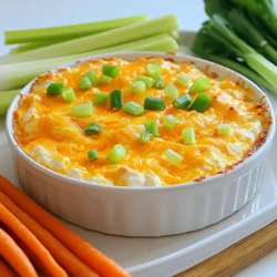 - 2 cups shredded cooked chicken - 1/2 cup Greek yogurt - 1/2 cup low-fat cream cheese - 1/4 cup buffalo sauce - 1/2 cup shredded sharp cheddar cheese - 1 tablespoon ranch seasoning mix - 1 tablespoon chopped green onions These ingredients pack a lot of flavor. Shredded cooked chicken is key. You can use rotisserie chicken or boiled chicken. Greek yogurt adds creaminess and health benefits. Low-fat cream cheese helps keep the dip smooth. Buffalo sauce gives it that spicy kick. The sharp cheddar cheese adds a nice cheesy taste. Ranch seasoning ties the flavors together. Finally, the green onions make it look fresh and inviting. - For lower fat, try using mozzarella or feta cheese. - Homemade ranch seasoning can be fresher than store-bought. - You can swap chicken for shredded turkey or even tofu. Using different cheeses can lower fat while keeping taste. Homemade ranch seasoning often uses fresh herbs, which can taste better. If you want a meatless option, tofu works well in this dip. - Best vegetables for dipping are celery and carrot sticks. - You can also try bell peppers or cucumber slices. Serve this dip warm with crunchy veggies. Celery sticks add a great crunch. Carrots bring sweetness. You can also use bell peppers for color and taste. Alternatively, serve it with whole-grain crackers for a different twist. {{ingredient_image_1}} - How to preheat the oven correctly Set your oven to 350°F (175°C). This step ensures even cooking. Let it warm up fully before baking your dip. - Combining ingredients effectively In a bowl, mix 2 cups of shredded chicken, 1/2 cup of Greek yogurt, 1/2 cup of softened low-fat cream cheese, and 1/4 cup of buffalo sauce. Stir until smooth. Then, add half of the shredded sharp cheddar cheese and 1 tablespoon of ranch seasoning mix. Make sure everything blends well. - Proper techniques for spreading in the dish Once mixed, transfer the dip into an 8x8-inch baking dish. Use a spatula to spread it evenly. This helps it cook uniformly. - What to look for when the dip is ready Bake the dip for 20-25 minutes. Watch for it to bubble and turn golden on top. This means it's ready. - Tips on garnishing After baking, let the dip cool for a few minutes. Then, sprinkle chopped green onions on top for color and flavor. - Ideal serving suggestions Serve the dip warm with celery sticks and carrot sticks. These add crunch and freshness. A colorful platter makes the dish more appealing! To reduce calories without losing taste, use Greek yogurt and low-fat cream cheese. These ingredients keep the dip creamy and rich while cutting down on fat. For a dairy-free or vegan option, swap the cream cheese for a nut-based cream cheese. You can also use tofu blended with spices for a creamy texture. Adjust the buffalo sauce to your spice level. Add a bit more for heat or reduce it for a milder dip. To balance flavors, mix in ranch seasoning gradually. Taste as you go to find the right balance. This helps the dip taste fresh and zesty. For mixing, use a large bowl and a sturdy spatula. A good baking dish, around 8x8 inches, works great for this dip. A hand mixer can help blend the ingredients smoothly if you prefer. Keep kitchen gadgets handy, like measuring cups and spoons, to make prep quick and easy. Pro Tips Adjust the Heat: If you prefer a milder dip, reduce the amount of buffalo sauce or use a mild variety to suit your taste. Make it Ahead: Prepare the dip a day in advance and store it in the refrigerator. Just bake it before serving for a quick and easy appetizer. Layer for Flavor: Consider adding a layer of sautéed onions or garlic for an extra depth of flavor in your dip. Serving Suggestions: Pair with a variety of vegetables or whole-grain crackers for a healthier option alongside the celery and carrots. {{image_2}} You can make your healthy buffalo chicken dip even better by adding flavors. If you like heat, add more buffalo sauce. For a milder dip, use less. You can also mix in different cheeses. Creamy mozzarella or tangy blue cheese can change the taste. Fresh herbs like parsley or cilantro can add a nice touch too. These small changes can make a big difference in flavor. Your buffalo chicken dip is not just for dipping. You can use it as a spread for sandwiches. Just layer it on bread with some veggies for a tasty lunch. You can also stuff vegetables like bell peppers or zucchini with the dip. This makes for a fun and healthy dish. Your guests will love these creative ideas. Buffalo chicken dip is perfect for game day. Serve it with tortilla chips and veggies for a fun spread. You can pair it with other appetizers like sliders or wings. This gives your party a great mix of flavors. If you are going to a potluck, bring the dip along. It is sure to be a hit with everyone. To keep your dip fresh, store it in an airtight container. Place it in the fridge right after it cools. This helps keep it tasty. If you want to freeze it, use a freezer-safe container. Leave some space at the top, as it will expand. When ready to use, thaw it in the fridge overnight. For the best texture, reheat the dip in the oven. Preheat your oven to 350°F (175°C). Place the dip in a baking dish and cover it with foil. Heat for about 20 minutes. This warms it evenly. To avoid separation, stir the dip halfway through heating. This keeps it creamy and smooth. In the fridge, the dip lasts about 3 to 4 days. In the freezer, it can last up to 3 months. Check for signs of spoilage before eating. If it smells off or has mold, it's time to throw it out. Always trust your senses when it comes to food safety. Yes, you can use shredded turkey. It works well in this dip. Turkey gives a nice flavor, and it's a great way to use leftovers. Yes, you can replace cottage cheese with vegan cream cheese. Look for brands that are nut-based or soy-based. They provide a similar creamy texture. You can serve it with tortilla chips, crackers, or pita bread. These options add crunch and flavor that pair nicely with the dip. To make it spicier, add more buffalo sauce. You can also mix in diced jalapeños or hot sauce. Just taste as you go to find the right heat level. Yes, you can prepare the dip a day ahead. Mix all the ingredients and store them in the fridge. Bake it right before serving for the best taste. This blog post covered everything you need for a tasty buffalo chicken dip. We explored the main ingredients, suggested alternatives, and great serving ideas. I shared step-by-step instructions for preparation, baking, and serving. Tips for healthier options and flavor adjustments can help you customize the dip. We also went over storage and reheating methods to keep it fresh. Enjoy making this dish for any gathering or game day. Your guests will love it!