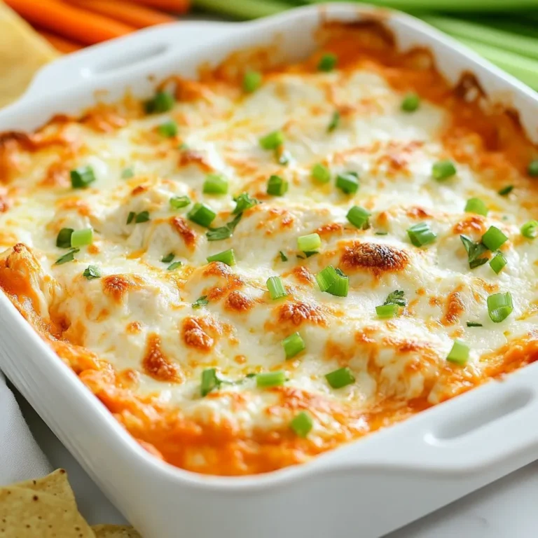 This high-protein buffalo chicken dip uses simple, tasty items. Here’s what you need: - 2 cups cooked chicken, shredded - 1 cup Greek yogurt - 1/2 cup cream cheese, softened - 1/2 cup buffalo sauce (adjust to taste) - 1 cup shredded mozzarella cheese - 1/4 cup chopped green onions - 1 teaspoon garlic powder - 1/2 teaspoon onion powder - Salt and pepper to taste Each ingredient serves a purpose. The chicken adds protein. Greek yogurt gives creaminess and more protein. Cream cheese makes it rich. Buffalo sauce brings that spicy kick. The mozzarella melts beautifully. Green onions add fresh flavor. Garlic and onion powder enhance the taste. Finally, salt and pepper balance everything. I prefer certain brands for the best results. For chicken, look for options like Perdue or Tyson. They provide great flavor and texture. For Greek yogurt, Fage or Chobani are my go-to choices. They have a thick, creamy texture. When it comes to cream cheese, Philadelphia is a classic choice. Their cream cheese blends well and tastes great. For buffalo sauce, Frank's RedHot is a favorite for its perfect heat level. Finally, for mozzarella, try Sargento or BelGioioso for high quality and rich flavor. You can easily adapt this dip for various diets. For a lighter version, use low-fat cream cheese and yogurt. If you need a dairy-free option, try cashew cream or dairy-free cream cheese. For a vegan version, use shredded jackfruit instead of chicken. You can also use a plant-based yogurt. Just make sure it’s thick enough to hold the dip together. If you're gluten-free, all the ingredients listed are safe! Always check labels to ensure they're gluten-free. {{ingredient_image_1}} 1. Start by preheating your oven to 350°F (175°C). This step is key for a good bake. 2. Grab a large mixing bowl. Add the shredded chicken, Greek yogurt, and softened cream cheese. 3. Pour in the buffalo sauce, garlic powder, onion powder, salt, and pepper. Mix it all well. 4. Now, gently fold in the shredded mozzarella and chopped green onions. Save some for later. 5. Transfer this creamy mixture to a baking dish. Spread it out evenly to ensure even cooking. 1. Sprinkle the reserved mozzarella and green onions on top of the dip. This will add a nice finish. 2. Place the baking dish in your preheated oven. Bake for 25-30 minutes. 3. Watch for bubbling and a golden top. This means your dip is ready! 4. Once done, take it out and let it cool a bit before serving. - Make sure your cream cheese is softened. This helps the dip mix smoothly. - Don’t skip the stirring step. Mixing well helps all flavors blend. - Keep an eye on the baking time. Overbaking can make the dip dry. - For a creamier dip, add a bit more Greek yogurt. This keeps it rich and tasty. You can make this dip lighter and still tasty. Swap cream cheese for more Greek yogurt. This change cuts calories and boosts protein. You can also use low-fat cheese. Adjust the buffalo sauce for less heat if needed. Adding veggies, like chopped spinach or bell peppers, is a great idea, too. Making this dip in advance is easy. Just prepare the mix without baking. Store it in the fridge for up to two days. When you are ready to serve, bake it at 350°F for 25-30 minutes. It will still taste fresh and delicious. Serve the dip warm for the best flavor. Pair it with crunchy dippers like carrot sticks, celery, or tortilla chips. You can also use pita chips for a fun twist. Top with fresh parsley for a pop of color. This makes it look great and adds a fresh taste. Pro Tips Adjust the Heat: If you prefer a milder dip, reduce the amount of buffalo sauce or use a milder variety. Conversely, for extra heat, add more sauce or some crushed red pepper flakes. Make it Ahead: This dip can be prepared a day in advance. Simply mix all the ingredients, store it in the refrigerator, and bake it just before serving. Cheese Variations: Experiment with different cheeses such as cheddar or pepper jack for added flavor. Mixing cheeses can enhance the overall taste of the dip. Serving Suggestions: Offer a variety of dippables like sliced cucumbers, bell peppers, or whole-grain crackers to cater to different tastes and dietary preferences. {{image_2}} To make this dip keto-friendly, swap the Greek yogurt with full-fat sour cream. This change cuts carbs while keeping the dip creamy. You can also use chicken thighs instead of chicken breast. They add more fat and flavor. Lastly, choose a low-carb buffalo sauce to keep the dip within keto limits. This dip is naturally gluten-free if you use gluten-free buffalo sauce. Always check the sauce label for hidden gluten. Serve the dip with gluten-free dippers like carrot sticks or celery. Tortilla chips made from corn are also a great choice. Want to mix it up? Add a splash of ranch seasoning to the dip. It gives a nice twist and extra flavor. You can also toss in some diced jalapeños for a spicy kick. For a smoky taste, try adding some smoked paprika. Mixing in a bit of shredded cheddar cheese can create a rich layer of flavor. You can store leftover Buffalo Chicken Dip in an airtight container. Let it cool first. Place the dip in the fridge. It will stay good for about three days. If you want to keep it longer, consider freezing it. To reheat, take the dip out of the fridge. Place it in a baking dish. Cover it with foil and bake at 350°F (175°C) for 15-20 minutes. Stir halfway through to heat evenly. If it’s frozen, thaw it in the fridge overnight before reheating. For freezing, use a freezer-safe container. You can also use freezer bags. Make sure to remove as much air as possible. Label the container with the date. This dip can stay frozen for up to three months. When you’re ready to eat it, just thaw and reheat! Yes, you can use canned chicken. It saves time and is easy to use. Just drain and shred the chicken before mixing it into the dip. This option works well for busy days. The flavor may differ a bit, but it still tastes great! To add heat, use more buffalo sauce. You can also add diced jalapeños or cayenne pepper. If you like it really spicy, try adding hot sauce or crushed red pepper flakes. Adjust the spice level to fit your taste. Remember to mix well after adding! Buffalo Chicken Dip pairs well with many dippables. Here are some options: - Carrot sticks - Celery sticks - Tortilla chips - Pita chips You can also serve it with crackers or sliced baguette. For a fresh touch, add garnished parsley on top! This article covered key ingredients, step-by-step instructions, and useful tips for making Buffalo Chicken Dip. High-protein ingredients and brand recommendations ensure you use quality products. We discussed how to adapt the recipe for special diets and offered variations for keto and gluten-free needs. Storage and reheating tips help keep your dip fresh. Remember, you can personalize your dip with different flavors. Enjoy this dish at your next gathering, knowing it’s easy to make and share.