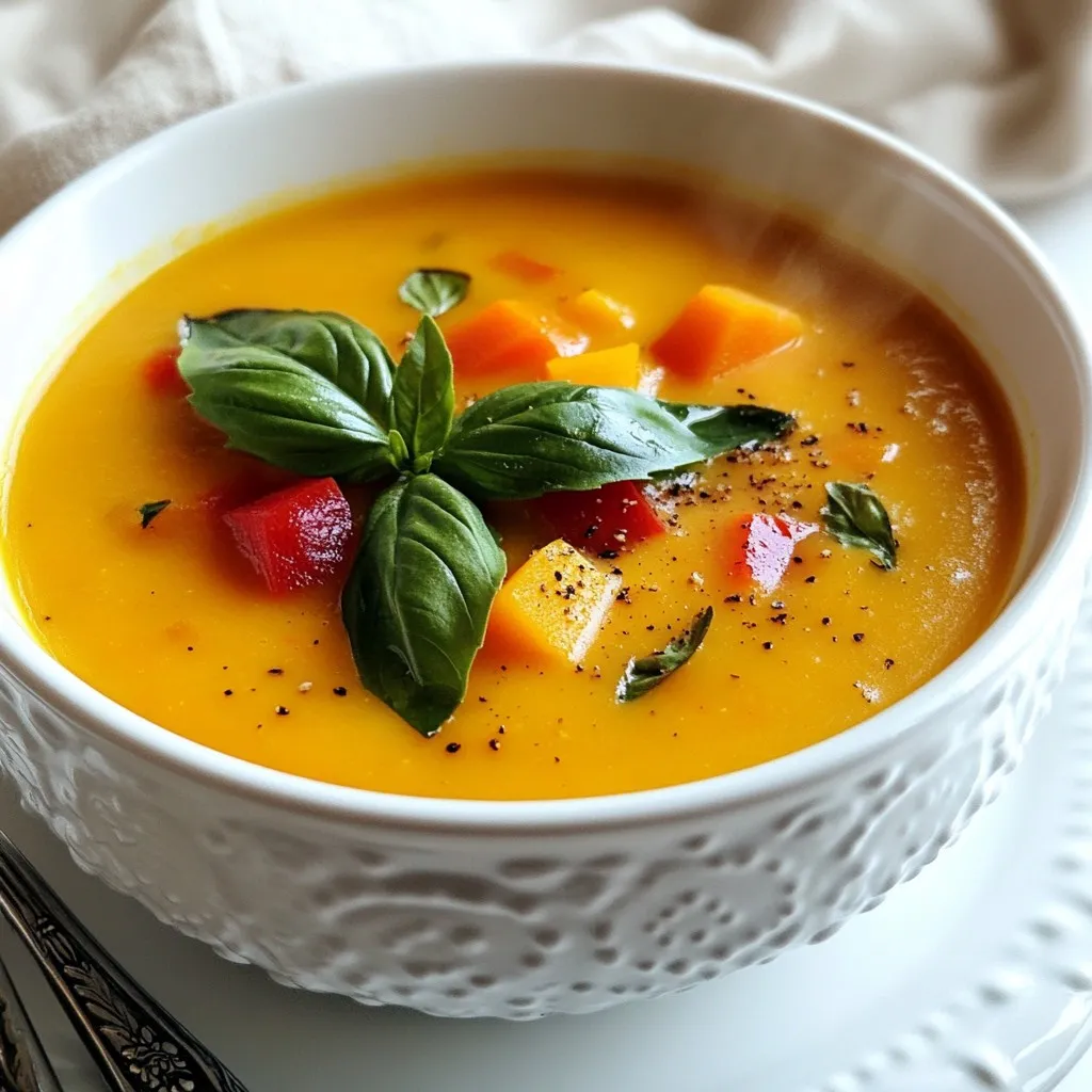 To make Silky Roasted Vegetable Soup, you will need: - 2 cups butternut squash, peeled and diced - 1 cup carrots, peeled and diced - 1 red bell pepper, diced - 1 large onion, chopped - 4 cloves garlic, minced - 4 cups vegetable broth - 1 cup coconut milk - 2 tablespoons olive oil - 1 teaspoon ground cumin - 1 teaspoon smoked paprika - Salt and pepper to taste - Fresh basil leaves for garnish If you want to swap out any ingredients, here are some ideas: - Use sweet potatoes instead of butternut squash for a different flavor. - Swap carrots for parsnips for a sweeter taste. - Try yellow bell pepper instead of red for a milder flavor. - Any onion works, but shallots can add a nice touch. - Chicken broth can replace vegetable broth for added richness. - Almond milk or cashew cream are great substitutes for coconut milk. When picking your vegetables, look for these signs of freshness: - Butternut squash: Choose ones that feel heavy and have smooth skin. - Carrots: Select firm carrots with bright color and no soft spots. - Bell peppers: Look for shiny skin and no wrinkles or blemishes. - Onions: Pick dry onions without sprouts or soft spots. - Garlic: Look for firm cloves and avoid any that are sprouting. Using fresh veggies makes your soup taste better. Enjoy the colors and flavors they bring! {{ingredient_image_1}} Start by gathering your fresh veggies. You will need butternut squash, carrots, red bell pepper, onion, and garlic. Peel and dice the butternut squash and carrots into small pieces. Chop the onion and dice the red bell pepper. Mince the garlic. Place all these chopped veggies into a large mixing bowl. Now, it’s time to add flavor. Pour in some olive oil and sprinkle in ground cumin, smoked paprika, salt, and pepper. Toss everything well to coat each piece. This step helps the flavors blend nicely. Preheat your oven to 400°F (200°C). Spread the seasoned veggies evenly on a baking sheet lined with parchment paper. This keeps the veggies from sticking. Roast these in the oven for about 25-30 minutes. Keep an eye on them. They should become tender and slightly caramelized. Roasting brings out their natural sweetness. Once the veggies are roasted, take them out of the oven. Transfer them to a large pot. Pour in the vegetable broth and bring it to a boil over medium-high heat. After it boils, reduce the heat to low. Let it simmer for about 10 minutes. This helps the flavors mix together. Now, it’s time to blend. Use an immersion blender to mix the soup until it is smooth and creamy. If you don’t have one, carefully transfer the soup to a regular blender in batches. Once blended, stir in the coconut milk. Taste the soup and add more salt or pepper if needed. Heat it through on low for a few minutes. Serve your silky soup hot, garnished with fresh basil leaves. Enjoy the healthy and delicious flavor! To get a silky soup, you need to blend well. Use an immersion blender for a smooth finish. If you don’t have one, a regular blender works too. Just be careful when transferring hot soup. Blend in small batches to avoid spills. Adding coconut milk is key. It gives the soup a creamy feel. Make sure to stir it in after blending. This will keep the texture smooth and rich. For extra flavor, try adding herbs. Fresh basil adds a nice touch. You can also use thyme or parsley. Just chop them finely and mix them in before serving. Spices can elevate your soup too. If you love heat, add a pinch of cayenne. A splash of lemon juice before serving brightens the taste. It makes the flavors pop and adds freshness. Serve this soup hot for the best experience. A drizzle of olive oil on top looks nice. You can also add some croutons for crunch. Toasted bread on the side complements the soup well. Garnish with fresh basil leaves for color. This adds a nice aroma and makes your plate look pretty. Enjoy this dish as a starter or a main meal. Pro Tips Roasting for Depth: Roasting the vegetables enhances their natural sweetness and adds a rich depth of flavor to the soup. Coconut Milk Creaminess: For an extra creamy texture, consider using full-fat coconut milk, which provides a luxurious mouthfeel. Add a Kick: If you enjoy spice, add a pinch of cayenne pepper or a chopped jalapeño to the vegetable mixture before roasting. Herb Variations: Experiment with different herbs like thyme or rosemary for a unique flavor twist; simply add them during the roasting process. {{image_2}} You can mix and match veggies to your taste. Try adding zucchini, sweet potatoes, or parsnips. Each veggie adds its unique flavor. For example, zucchini makes the soup lighter and adds a fresh taste. Sweet potatoes bring a sweet and creamy touch. You can even toss in some greens like spinach or kale near the end. They will add nutrients and a beautiful color. You can switch out the vegetable broth. Try a homemade broth for a richer taste. Chicken broth works great if you want a non-vegetarian option. For the creamy part, swap coconut milk for almond or soy milk. These options keep the soup rich but change the flavor a bit. If you want to make this dish richer, consider adding heavy cream or half-and-half. They will make your soup even smoother and creamier. Spices can change the whole feel of your soup. Instead of cumin and smoked paprika, try curry powder for a warm taste. A bit of ginger can add a nice kick. If you like heat, throw in some red pepper flakes. For a more earthy taste, consider thyme or rosemary. Each spice brings a new life to the soup, making it fun to experiment. Don't be afraid to play around with flavors! To keep your silky roasted vegetable soup fresh, store it in an airtight container. Make sure to let the soup cool to room temperature before sealing. This helps prevent condensation, which can make the soup watery. Label the container with the date, so you know when you made it. Proper storage keeps the flavors intact and the soup tasty. When you are ready to enjoy your soup again, pour it into a pot. Heat it on medium-low. Stir often to prevent sticking. You can also use a microwave, but cover the bowl with a lid or paper towel. Heat in short bursts, stirring in between. This will warm your soup evenly without making it explode! If you want to save some for later, freezing is a great option. Pour the cooled soup into freezer-safe bags or containers. Leave some space at the top since the soup will expand when it freezes. When you’re ready to eat it, thaw the soup overnight in the fridge. Reheat it on the stove or in the microwave. It will taste just as good as fresh! To make Silky Roasted Vegetable Soup vegan, skip the coconut milk. Instead, use any plant-based milk. Almond or oat milk works well. Ensure your vegetable broth is vegan too. This soup stays tasty and creamy without dairy. Yes, you can use frozen vegetables for this soup. They can save time and still taste good. Just roast them a little longer. Frozen veggies may not caramelize as fresh ones do, but they will blend nicely. Creamy soup can last about five days in the fridge. Store it in an airtight container. Always check for any off smells or changes in color before eating. If you want to keep it longer, consider freezing it. This article covered how to make delicious creamy soup. We explored the key ingredients, substitutions, and tips for fresh veggies. I provided clear steps for prep, roasting, and blending. You learned tricks for texture and flavor, plus creative variations to try. Finally, I shared storage tips so you can enjoy your soup later. With these insights, you’re ready to create your own tasty soups. Get cooking!