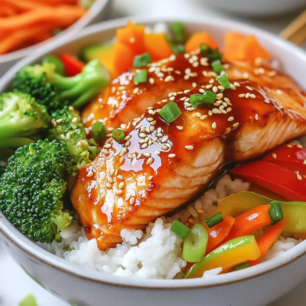 - 2 salmon fillets - 1 cup cooked jasmine rice - 1 cup broccoli florets - 1 medium carrot, julienned - 1 red bell pepper, sliced - 2 tablespoons soy sauce - 2 tablespoons honey - 1 tablespoon rice vinegar - 1 teaspoon grated ginger - 1 garlic clove, minced - 1 teaspoon sesame oil - Sesame seeds - Chopped green onions To create a teriyaki salmon bowl, you need fresh and simple ingredients. Start with salmon fillets. They are rich in flavor and packed with nutrients. You will also need cooked jasmine rice as a base. This rice is soft and slightly sticky, perfect for holding the sauce. Next, gather fresh vegetables. Broccoli florets add a nice crunch and color. Carrots add sweetness and nutrition. The red bell pepper brings a bit of zing to your bowl. For the teriyaki sauce, mix soy sauce and honey for sweetness and saltiness. Rice vinegar adds a hint of tang. Grated ginger and minced garlic bring depth to the sauce. Finally, a splash of sesame oil gives a nutty flavor. Don’t forget the garnishes! Sesame seeds add a nice crunch. Chopped green onions brighten up the dish with color and taste. Now you are ready to make your teriyaki salmon bowls! Each ingredient plays a key role in making this meal tasty and healthy. {{ingredient_image_1}} To make the teriyaki sauce, mix the following in a bowl: - 2 tablespoons soy sauce - 2 tablespoons honey - 1 tablespoon rice vinegar - 1 teaspoon grated ginger - 1 garlic clove, minced - 1 teaspoon sesame oil Whisk these ingredients until smooth. This sauce brings a sweet and savory taste. Balance is key; you want it flavorful, not too salty or sweet. To pan-sear salmon, heat a splash of sesame oil in a non-stick skillet over medium heat. Place the salmon fillets skin-side down. Cook for 4–5 minutes without moving them. Flip the fillets and cook for 3–4 more minutes. The salmon is done when it flakes easily with a fork. Check doneness by gently pressing the thickest part. If it feels firm and flakes, it’s ready. Always avoid overcooking; this keeps the salmon juicy. To blanch broccoli and carrots, bring a pot of water to a boil. Add the broccoli florets and julienned carrots for 2 minutes. They should be bright and tender-crisp. Immediately transfer them to ice water to stop cooking. This helps keep their color and crunch. You want vibrant veggies that add both taste and nutrition. In serving bowls, start with a base of cooked jasmine rice. Next, place the glazed salmon fillet on top. Artfully arrange the blanched broccoli, carrots, and sliced red bell pepper around the salmon. Layering adds visual appeal. A colorful bowl makes the meal more inviting. Drizzle the remaining teriyaki sauce over the assembled bowls. This adds more flavor and shine. For the final touch, sprinkle sesame seeds and chopped green onions on top. These garnishes add texture and a pop of color. Enjoy your delicious teriyaki salmon bowl! To cook salmon that flakes easily, follow these steps: - Use a non-stick skillet. This helps prevent sticking. - Heat the skillet before adding the salmon. This ensures nice browning. - Cook skin side down first. This keeps the fish moist. - Flip the salmon only once. This avoids breaking the fillet. - Cook until it flakes easily with a fork. This usually takes about 8-10 minutes total. These tips will help you achieve perfectly cooked salmon every time. You can boost the teriyaki sauce with a few optional ingredients: - Add a splash of mirin for sweetness. - Stir in some pineapple juice for a fruity twist. - Mix in chili paste for a little heat. - Toss in sesame seeds while cooking for added crunch. These extras will make the sauce richer and more exciting. Pair your teriyaki salmon bowls with delicious sides: - Serve with a fresh green salad. This adds crunch and color. - Try a side of edamame for a protein boost. - Include some pickled vegetables for a tangy touch. - A slice of avocado can add creaminess to the dish. These suggestions will make your meal even more satisfying! Pro Tips Fresh Ingredients Matter: Always use fresh salmon and vegetables to enhance the flavor and texture of your dish. Perfectly Cooked Salmon: Cook the salmon until it flakes easily with a fork for the best texture. Avoid overcooking to maintain moisture. Customize Your Veggies: Feel free to add or substitute your favorite vegetables like snap peas or bok choy for added color and nutrition. Make Ahead: Prepare the teriyaki sauce in advance and store it in the refrigerator to save time when you're ready to cook. {{image_2}} If you want to switch up the protein, try chicken, tofu, or shrimp. Chicken works well with the teriyaki sauce. Simply grill or pan-sear it until cooked through. Tofu is another great choice. Use firm tofu and press it to remove extra water. Then, cut it into cubes and sauté until golden. Shrimp cooks fast and adds a nice flavor. Just sauté them for a few minutes until they turn pink. Feel free to get creative with your veggies. Zucchini, snap peas, or bok choy can work nicely. You can also add spinach for a pop of color and nutrition. If you want a crunchy texture, try using radishes. Just slice them thinly and toss them in. Mixing different colors of vegetables makes your bowl look more inviting. To make your teriyaki sauce more exciting, you can add a kick. A dash of sesame oil gives a nutty flavor. Want some heat? Add chili flakes or sriracha. For a sweeter touch, use maple syrup instead of honey. Each of these variations can change the taste and make your bowls unique. - You can store leftover teriyaki salmon bowls in the fridge for up to three days. - Make sure to keep the salmon and vegetables in an airtight container. - To reheat, place the bowl in the microwave. Heat for 1-2 minutes, stirring halfway. - You can also use a skillet. Heat on medium-low until warm, about 5 minutes. - Yes, you can freeze teriyaki salmon. - Wrap the salmon tightly in plastic wrap, then put it in a freezer bag. - The cooked rice and vegetables can also be frozen. - When ready to eat, thaw overnight in the fridge. Heat as usual for best results. You can serve many tasty sides with Teriyaki Salmon Bowls. Here are some great ideas: - Steamed edamame - Cucumber salad - Miso soup - Pickled vegetables - Sushi rolls These sides add flavor and nutrition. They also make your meal more colorful and fun. Yes, you can make Teriyaki Sauce ahead of time. Just mix soy sauce, honey, rice vinegar, ginger, garlic, and sesame oil. Store it in the fridge for up to a week. This saves you time when you're ready to cook. Just remember to whisk it again before using. Yes, Teriyaki Salmon is quite healthy! Here are some nutritional benefits: - Salmon is rich in omega-3 fatty acids. - It supports heart health and brain function. - Broccoli adds vitamins C and K. - Carrots boost your vision with beta-carotene. - Jasmine rice gives you energy with carbs. All these ingredients make this dish nutritious! To check if your salmon is done, look for these signs: - The flesh should be opaque, not shiny. - It should flake easily with a fork. - The internal temperature should be 145°F (63°C). These tips ensure your salmon is safe and tasty! In this post, we explored making Teriyaki Salmon Bowls with key ingredients like salmon, jasmine rice, and fresh veggies. We detailed steps for crafting the perfect teriyaki sauce and cooking the salmon. You learned tips for blanching vegetables and creative bowl assembly. Now, it's time to enjoy your flavorful creation. Experiment with different proteins and veggies for your unique twist. Your taste buds will thank you!