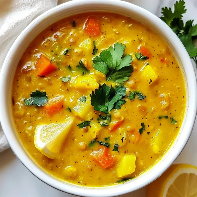 - 1 cup red lentils, rinsed - 1 medium onion, diced - 2 cloves garlic, minced - 1 tablespoon fresh ginger, grated - 1 teaspoon ground turmeric - 1 teaspoon cumin - 1/2 teaspoon cayenne pepper (optional for heat) - 4 cups vegetable broth - 1 medium carrot, diced - 1 medium potato, diced - 1 cup coconut milk - Juice of 1 lemon - Salt and pepper to taste - Fresh cilantro or parsley for garnish Red lentils cook fast and break down well. They give the soup a creamy texture. Use fresh ginger for a bright flavor. The turmeric gives the soup its golden color and adds health benefits. You can skip cayenne if you prefer a milder soup. Coconut milk adds richness but can be replaced with almond milk for a lighter option. Fresh herbs like cilantro or parsley brighten the dish and add freshness. - Red Lentils: High in protein and fiber, they help keep you full longer. - Turmeric: This spice has anti-inflammatory properties and may boost your immune system. - Coconut Milk: It contains healthy fats that can support heart health and brain function. - Lemon Juice: Rich in vitamin C, it helps with digestion and boosts immunity. - Garlic and Ginger: Both have antimicrobial properties and can help fight off colds. This soup is not just tasty; it’s also packed with nutrients that support your health. Each ingredient plays a role in making this dish both comforting and nourishing. {{ingredient_image_1}} First, gather all your ingredients. You need one cup of red lentils, a medium onion, two cloves of garlic, and fresh ginger. Don't forget the spices: turmeric, cumin, and optional cayenne. You also need four cups of vegetable broth, a medium carrot, a medium potato, and a cup of coconut milk. Finally, grab a lemon and some fresh cilantro or parsley for garnish. 1. In a large pot, heat a splash of olive oil over medium heat. 2. Add the diced onion and sauté until it becomes soft and clear, about five minutes. 3. Next, add the minced garlic and grated ginger. Stir them for one minute until they smell nice. 4. Now, sprinkle in the turmeric, cumin, and cayenne pepper (if you want it spicy). Stir for about 30 seconds to let the flavors mix. 5. Add the rinsed lentils, diced carrot, and potato into the pot. Stir everything well. 6. Pour in the vegetable broth and bring the mix to a boil. Reduce the heat to low and let it simmer for about 20 minutes. Check if the lentils and veggies are soft. 7. Stir in the coconut milk and lemon juice. Let it simmer for five more minutes to blend the flavors. 8. Season with salt and pepper to taste. If you like more tartness, add more lemon juice. To serve, ladle the soup into bowls. Garnish with fresh cilantro or parsley on top. For a fun twist, add a lemon wedge on the side. Enjoy your warm and tasty soup with crusty bread or a fresh salad for a complete meal! You can switch red lentils for green or brown lentils. They will change the texture but still taste great. If you don't have coconut milk, use almond milk or regular milk instead. For a different flavor, you can try vegetable broth made from scratch. If you want more heat, add more cayenne pepper or a dash of hot sauce. Start by sautéing the onions well. This builds a sweet base flavor. Don’t rush the cooking time for the spices. Let them bloom in the oil to release their full taste. When you add the coconut milk, stir it in slowly for a creamy finish. Make sure not to boil it too hard after adding the milk. This keeps the soup smooth and rich. Serve the soup warm in bowls with a lemon wedge on the side. This adds a bright touch. Garnish with fresh cilantro or parsley for a splash of color. Pair the soup with crusty bread or a simple salad for a full meal. For extra fun, try serving it with a sprinkle of toasted seeds or nuts on top. Pro Tips Use Fresh Ingredients: For the best flavor, use fresh vegetables and herbs. They enhance the taste of the soup significantly. Adjust the Spices: Feel free to modify the spice levels according to your taste. Add more cayenne for heat or extra turmeric for an earthy flavor. Blend for Creaminess: For a creamier texture, blend half of the soup with an immersion blender before adding the coconut milk. Storage Tips: This soup stores well in the refrigerator for up to 4 days. Reheat gently on the stove and add a splash of water if it thickens too much. {{image_2}} You can add protein to this soup for extra nutrition. Chickpeas are a great choice. They blend well with lentils. You can also use shredded chicken for a heartier meal. Simply add cooked chicken in the last few minutes of cooking. This keeps it juicy and tender. This soup is naturally vegan and gluten-free! Use vegetable broth and coconut milk to keep it plant-based. If you want more creaminess, try adding cashew cream. Soak cashews overnight, blend them with water, and stir into the soup. It's a tasty addition! To change the flavor, you can add fresh herbs. Basil or mint can give a nice twist. For a spicier kick, add more cayenne pepper. If you like it sweet, a dash of maple syrup will balance the flavors. Experiment with these options to make the soup your own! To keep your Golden Turmeric Lemon Lentil Soup fresh, store it in an airtight container. Make sure it cools down first. This helps lock in the flavors and keeps it safe. Place the container in the fridge. It will stay good for about five days. If you want to keep it longer, consider freezing it. When you're ready to enjoy the soup again, take it out of the fridge. Pour the desired amount into a pot over medium heat. Stir it often to heat evenly. You can also microwave it in a safe bowl. Heat in short bursts of about one minute. Stir in between until it warms up to your liking. To freeze the soup, let it cool completely first. Portion it into freezer-safe bags or containers. Leave some space at the top for expansion. Label each bag with the date. The soup can last up to three months in the freezer. When you're ready to eat it, thaw it overnight in the fridge before reheating. To make your lentil soup more filling, you can add more veggies. Try adding spinach, sweet potatoes, or zucchini. You can also include grains like quinoa or brown rice. These additions will increase fiber and nutrients. You can even toss in some cooked chicken or tofu for extra protein. This way, your soup becomes a hearty meal. Yes, you can use dried lentils, but cooking time will change. Red lentils cook quickly and turn soft. Other lentils, like green or brown, take longer to cook. They hold their shape better, so the soup may be thicker. If using them, soak them for a few hours for the best results. Many spices can enhance your soup's flavor. Try adding coriander or cinnamon for warmth. A little smoked paprika gives a nice depth. Fresh herbs like thyme or basil add freshness. You can also experiment with a bit of cardamom for a unique twist. Always taste as you go to find the perfect mix! In this blog post, we discussed key ingredients for lentil soup, their health benefits, and preparation steps. I shared tips for substitutions and cooking techniques that enhance flavor. We also explored variations for protein options and special diets. Lastly, we covered best practices for storage and answered common FAQs. Lentil soup is a simple dish that can be both tasty and good for you. Enjoy crafting your soup and making it your own!