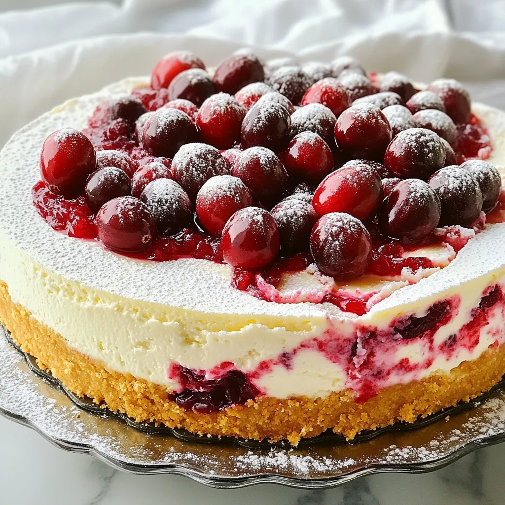 To make a classic cranberry cheesecake, you need these key ingredients: - 1 ½ cups graham cracker crumbs - ½ cup unsalted butter, melted - 2 cups cream cheese, softened - 1 cup granulated sugar - 1 teaspoon vanilla extract - 3 large eggs - 1 cup sour cream - 1 cup fresh or frozen cranberries These ingredients create a rich, creamy base with a tasty crust. The graham cracker crumbs give a sweet crunch, while the cream cheese adds smoothness. To make your own cranberry sauce, gather these simple items: - ½ cup sugar - 1 teaspoon orange zest - 1 cup fresh or frozen cranberries This sauce adds a bright flavor to the cheesecake. The orange zest gives a nice twist, and the sugar balances the tartness of the cranberries. You can customize your cheesecake using these alternatives: - Use gluten-free graham crackers for a gluten-free crust. - Swap sour cream for Greek yogurt for a lighter option. - Try using maple syrup instead of sugar for a natural sweetener. - For a different flavor, add lemon zest instead of orange zest. These alternatives can help fit your dietary needs or add a new taste twist. Enjoy playing with these ingredients to find your favorite version! {{ingredient_image_1}} First, preheat your oven to 325°F (160°C). This helps the cheesecake cook evenly. Next, grab a medium bowl. Mix 1 ½ cups of graham cracker crumbs with ½ cup of melted unsalted butter. Stir until it feels like wet sand. Now, take a 9-inch springform pan and press the mixture firmly into the bottom. This forms a solid crust. Bake the crust for 10 minutes, then set it aside to cool. In a small saucepan, combine 1 cup of fresh or frozen cranberries, ½ cup of sugar, and 1 teaspoon of orange zest. Cook over medium heat. Stir occasionally as the cranberries burst, which takes about 10 to 15 minutes. The mix should thicken nicely. Once it’s done, remove it from heat and let it cool. In a large mixing bowl, beat 2 cups of softened cream cheese using a hand mixer. Mix until it’s smooth and creamy. Slowly add 1 cup of granulated sugar and 1 teaspoon of vanilla extract. Blend until well combined. Next, add 3 large eggs, one at a time. Make sure to mix well after each egg. Scrape down the bowl sides to mix everything evenly. Now, gently fold in 1 cup of sour cream until the batter is smooth. Finally, fold in half of the cranberry sauce. Reserve the other half for topping. Pour the cheesecake batter over the cooled crust. Use a spatula to smooth the top. Bake in your preheated oven for 55 to 60 minutes. The center should be set but still slightly jiggly. After baking, turn off the oven and crack the door open. Let the cheesecake cool in the oven for about an hour. Once cooled, transfer it to the fridge. Chill for at least 4 hours, or overnight for the best flavor. When ready to serve, top with the reserved cranberry sauce. To get a smooth cheesecake, you need to beat the cream cheese well. Use a hand mixer. This makes it easy to blend in the sugar and vanilla. Make sure your cream cheese is soft. Leave it out for a bit before you start. When adding eggs, do it one at a time. Blend well after each egg. This helps to keep the mixture fluffy. Many people over-bake their cheesecake. It should be set but still jiggle a bit in the center. If you bake it too long, it becomes dry. Another mistake is not cooling it slowly. After baking, crack the oven door open. Let it cool for an hour before moving it to the fridge. This helps prevent cracks on the top. When it's time to serve, look for a good presentation. Use a sharp knife to cut neat slices. Place each slice on a dessert plate. Top it with the reserved cranberry sauce. You can also add fresh cranberries for color. A sprinkle of powdered sugar adds a nice touch, too! This makes your cheesecake look even more inviting. Pro Tips Use Room Temperature Ingredients: Ensure that your cream cheese and eggs are at room temperature for a smoother batter and better incorporation. Don’t Overmix: When adding eggs and sour cream, mix just until combined to avoid incorporating too much air, which can cause cracks. Prevent Cracking: To prevent the cheesecake from cracking, bake it in a water bath by placing the springform pan in a larger pan filled with water. Chill Overnight: For the best flavor and texture, allow the cheesecake to chill overnight before serving; it will set up nicely and develop deeper flavors. {{image_2}} You can easily change up the flavor of your cranberry cheesecake. Start by adding citrus zest like lemon or lime for a bright taste. You can also mix in chocolate by adding cocoa powder to the filling. For a spiced twist, try cinnamon or nutmeg in the batter. These small changes can create a whole new dessert experience. If you need a gluten-free version, swap the graham cracker crumbs for gluten-free crumbs. You can find these at most grocery stores or make your own from gluten-free cookies. Use the same amount of melted butter to hold everything together. This way, you still enjoy the rich flavor without gluten. Making a vegan cranberry cheesecake is simple. Start by replacing cream cheese with vegan cream cheese or soaked cashews blended until smooth. Use maple syrup instead of granulated sugar for sweetness. Instead of eggs, try flax eggs or applesauce to bind everything together. This keeps the dessert creamy and delicious while catering to a vegan diet. To keep your cheesecake fresh, wrap it well. Use plastic wrap or aluminum foil. If you have a springform pan, you can leave it in the pan. Just cover the top. Store the cheesecake in the fridge for up to five days. Make sure your fridge is at the right temperature, around 40°F (4°C). This keeps the cheesecake creamy. If you want to save your cheesecake for later, freezing is a great option. First, cool the cheesecake completely. Then, wrap it tightly in plastic wrap. After that, place it in a freezer-safe bag or container. This keeps out air and prevents freezer burn. You can freeze the cheesecake for up to three months. When you are ready to eat it, thaw it overnight in the fridge. Homemade cheesecake tastes best when fresh. You can enjoy it for up to five days in the fridge. For the best flavor, eat it within this time. If you freeze it, try to eat it within three months. When serving, let it sit at room temperature for about 30 minutes. This helps the flavors shine. If you have leftover cranberry sauce, keep it in the fridge for up to a week. You can tell when the cheesecake is done by looking at the center. It should be set but still jiggle slightly. When you gently shake the pan, the edges should look firm, but the middle should have a slight wobble. This means it will firm up as it cools. Remember, overbaking can lead to cracks. Yes, you can use frozen cranberries! They work well in this recipe. Just remember to thaw and drain them before using. This helps avoid extra moisture in your cheesecake. If you use frozen cranberries, the sauce might take a little longer to cook, so keep an eye on it. Cranberry cheesecake pairs well with many toppings. You can serve it with whipped cream or a scoop of ice cream. Fresh berries add color and flavor, too. A drizzle of chocolate sauce or caramel can make it extra special. Homemade cheesecake can last about 5 to 7 days in the fridge. Keep it covered to prevent it from drying out or taking on other smells. If you want to keep it longer, consider freezing it. Just wrap it well and it can last for about 3 months in the freezer. This blog post covered everything you need to make a great cranberry cheesecake. We talked about key ingredients, step-by-step instructions, tips for perfecting texture, and fun variations. I also shared how to store your cheesecake properly. Remember, you can always make changes to fit your taste, like using different flavors or options. Enjoy making this dessert, and share it with family or friends. A delicious cheesecake brings joy to any table.