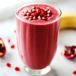 To make the Pomegranate Power Smoothie, you need these simple ingredients: - 1 cup pomegranate juice (fresh or store-bought) - 1 cup Greek yogurt (plain or vanilla) - 1 ripe banana - 1/2 cup fresh spinach - 1 tablespoon chia seeds - 1 tablespoon honey (adjust for sweetness) - 1/2 cup ice cubes - Pomegranate seeds (for garnish) Each ingredient plays a key role. Pomegranate juice adds a sweet and tart flavor. Greek yogurt makes the smoothie creamy and rich in protein. The ripe banana gives natural sweetness and a smooth texture. Fresh spinach adds nutrients without changing the taste much. Chia seeds provide fiber and omega-3s. Honey lets you adjust the sweetness to your liking. Ice cubes help make the drink cold and refreshing. Finally, pomegranate seeds on top add a nice crunch and color. This blend is not only tasty but also packed with health benefits. {{ingredient_image_1}} - Gather all your ingredients. You need pomegranate juice, Greek yogurt, banana, spinach, chia seeds, honey, and ice cubes. - In a blender, combine the pomegranate juice, Greek yogurt, ripe banana, and fresh spinach. Blend these items well to create a smooth base. - Add the chia seeds and honey. This adds texture and sweetness, making your smoothie even better. - Include ice cubes for a refreshing chill. Ice cubes help the smoothie feel cool and invigorating. - Blend until smooth. You want a creamy texture with no lumps. - Taste the smoothie. If it needs more sweetness, add more honey to fit your taste. - Serve the smoothie in glasses. Garnish with pomegranate seeds for a splash of color and crunch. Enjoy your Pomegranate Power Smoothie chilled for the best flavor experience! Choosing the right pomegranate juice is key. Fresh juice gives a vibrant taste. Store-bought juice works too, but check for added sugars. Always pick a brand with no added sugars. The banana must be ripe. A ripe banana adds natural sweetness and creaminess. If it’s not ripe, your smoothie may taste bland. Adjusting sweetness and consistency is simple. After blending, taste your smoothie. If it needs more sweetness, add a little honey. For a thicker smoothie, add more yogurt or banana. To achieve the perfect blend, blend on high speed. This helps mix all the ingredients well. Make sure there are no lumps left. If your blender struggles, add a bit more juice for easier blending. Pro Tips Choose Quality Juice: Opt for 100% pure pomegranate juice for maximum flavor and health benefits. Use Frozen Bananas: Freezing ripe bananas beforehand can enhance the creaminess and chill of your smoothie. Add Protein: For an extra boost, consider adding a scoop of protein powder to make it a post-workout meal. Experiment with Greens: Feel free to substitute spinach with kale or other leafy greens to vary the nutrient profile. {{image_2}} Pomegranates are super fruits packed with health benefits. They help fight disease and keep you feeling strong. This amazing fruit is rich in vitamins and minerals. It also offers great hydration, making it perfect for smoothies. Pomegranates are high in antioxidants. These compounds fight free radicals in your body. They help reduce inflammation and lower your risk of chronic illness. Drinking pomegranate juice can boost heart health, too. Greek yogurt adds protein and calcium. It supports muscle growth and strong bones. Plus, it helps with digestion. The probiotics in yogurt are good for your gut health. Spinach is another powerhouse in this smoothie. It contains iron and vitamins A, C, and K. These nutrients help support your immune system. Spinach also adds fiber, which is great for your digestion. By combining pomegranate, yogurt, and spinach, you create a drink full of goodness. This smoothie not only tastes great but also fuels your body. Enjoying this blend can keep you energetic and healthy! You can make the Pomegranate Power Smoothie even more fun by adding other fruits. Berries, like strawberries or blueberries, add extra flavor and color. Mango gives a sweet twist that pairs well with pomegranate. If you prefer vegan options, swap Greek yogurt for plant-based yogurt. This keeps it creamy and tasty. You can also use agave instead of honey for sweetness. Want more energy? Add protein powder. It boosts your smoothie and keeps you full longer. You can use any flavor you like. Just blend it in with the other ingredients for a nutritious kick. Explore these variations to find what you love best! To keep your Pomegranate Power Smoothie fresh, follow these tips: - Best practices for refrigeration: Store any leftover smoothie in an airtight container. This helps keep it fresh for later use. Place it in the fridge right away. It’s best to drink it within 24 hours. - Freezing options for smoothies: If you want to save your smoothie for a longer time, freezing is a great choice. Pour the smoothie into ice cube trays or freezer-safe containers. This way, you can enjoy a quick smoothie later. Just blend the frozen cubes with a bit of juice or yogurt when you're ready. - Duration for freshness: The smoothie is best consumed within one day when refrigerated. If you freeze it, it can last up to three months. Just remember to label your containers with the date. This helps you keep track of freshness. Can I use frozen pomegranate juice? Yes, you can use frozen pomegranate juice. Just thaw it first. Frozen juice works well and still keeps the flavor. How long does the smoothie stay fresh? The smoothie stays fresh for up to 24 hours in the fridge. Store it in a sealed container to keep it tasty. Can I make this smoothie ahead of time? You can make this smoothie ahead of time. Just blend and store it. Shake or stir it before drinking. Is it healthy to consume smoothies daily? Yes, smoothies can be healthy every day. They give you vitamins and nutrients. Just watch your ingredients for balance. You now have a great recipe for a pomegranate smoothie. We covered each step to make it easy. The blend of pomegranate juice, Greek yogurt, and spinach packs a healthy punch. You can even tweak it with your favorite fruits. Storing leftovers correctly keeps them fresh for next time. Smoothies are a fun way to boost your health. Enjoy your tasty creation and feel good knowing you made a smart choice!