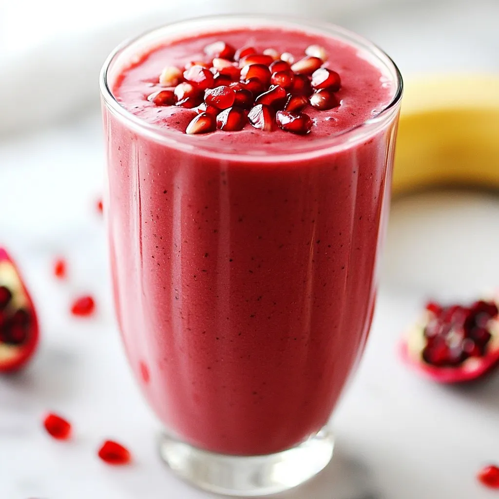 To make the Pomegranate Power Smoothie, you need these simple ingredients: - 1 cup pomegranate juice (fresh or store-bought) - 1 cup Greek yogurt (plain or vanilla) - 1 ripe banana - 1/2 cup fresh spinach - 1 tablespoon chia seeds - 1 tablespoon honey (adjust for sweetness) - 1/2 cup ice cubes - Pomegranate seeds (for garnish) Each ingredient plays a key role. Pomegranate juice adds a sweet and tart flavor. Greek yogurt makes the smoothie creamy and rich in protein. The ripe banana gives natural sweetness and a smooth texture. Fresh spinach adds nutrients without changing the taste much. Chia seeds provide fiber and omega-3s. Honey lets you adjust the sweetness to your liking. Ice cubes help make the drink cold and refreshing. Finally, pomegranate seeds on top add a nice crunch and color. This blend is not only tasty but also packed with health benefits. {{ingredient_image_1}} - Gather all your ingredients. You need pomegranate juice, Greek yogurt, banana, spinach, chia seeds, honey, and ice cubes. - In a blender, combine the pomegranate juice, Greek yogurt, ripe banana, and fresh spinach. Blend these items well to create a smooth base. - Add the chia seeds and honey. This adds texture and sweetness, making your smoothie even better. - Include ice cubes for a refreshing chill. Ice cubes help the smoothie feel cool and invigorating. - Blend until smooth. You want a creamy texture with no lumps. - Taste the smoothie. If it needs more sweetness, add more honey to fit your taste. - Serve the smoothie in glasses. Garnish with pomegranate seeds for a splash of color and crunch. Enjoy your Pomegranate Power Smoothie chilled for the best flavor experience! Choosing the right pomegranate juice is key. Fresh juice gives a vibrant taste. Store-bought juice works too, but check for added sugars. Always pick a brand with no added sugars. The banana must be ripe. A ripe banana adds natural sweetness and creaminess. If it’s not ripe, your smoothie may taste bland. Adjusting sweetness and consistency is simple. After blending, taste your smoothie. If it needs more sweetness, add a little honey. For a thicker smoothie, add more yogurt or banana. To achieve the perfect blend, blend on high speed. This helps mix all the ingredients well. Make sure there are no lumps left. If your blender struggles, add a bit more juice for easier blending. Pro Tips Choose Quality Juice: Opt for 100% pure pomegranate juice for maximum flavor and health benefits. Use Frozen Bananas: Freezing ripe bananas beforehand can enhance the creaminess and chill of your smoothie. Add Protein: For an extra boost, consider adding a scoop of protein powder to make it a post-workout meal. Experiment with Greens: Feel free to substitute spinach with kale or other leafy greens to vary the nutrient profile. {{image_2}} Pomegranates are super fruits packed with health benefits. They help fight disease and keep you feeling strong. This amazing fruit is rich in vitamins and minerals. It also offers great hydration, making it perfect for smoothies. Pomegranates are high in antioxidants. These compounds fight free radicals in your body. They help reduce inflammation and lower your risk of chronic illness. Drinking pomegranate juice can boost heart health, too. Greek yogurt adds protein and calcium. It supports muscle growth and strong bones. Plus, it helps with digestion. The probiotics in yogurt are good for your gut health. Spinach is another powerhouse in this smoothie. It contains iron and vitamins A, C, and K. These nutrients help support your immune system. Spinach also adds fiber, which is great for your digestion. By combining pomegranate, yogurt, and spinach, you create a drink full of goodness. This smoothie not only tastes great but also fuels your body. Enjoying this blend can keep you energetic and healthy! You can make the Pomegranate Power Smoothie even more fun by adding other fruits. Berries, like strawberries or blueberries, add extra flavor and color. Mango gives a sweet twist that pairs well with pomegranate. If you prefer vegan options, swap Greek yogurt for plant-based yogurt. This keeps it creamy and tasty. You can also use agave instead of honey for sweetness. Want more energy? Add protein powder. It boosts your smoothie and keeps you full longer. You can use any flavor you like. Just blend it in with the other ingredients for a nutritious kick. Explore these variations to find what you love best! To keep your Pomegranate Power Smoothie fresh, follow these tips: - Best practices for refrigeration: Store any leftover smoothie in an airtight container. This helps keep it fresh for later use. Place it in the fridge right away. It’s best to drink it within 24 hours. - Freezing options for smoothies: If you want to save your smoothie for a longer time, freezing is a great choice. Pour the smoothie into ice cube trays or freezer-safe containers. This way, you can enjoy a quick smoothie later. Just blend the frozen cubes with a bit of juice or yogurt when you're ready. - Duration for freshness: The smoothie is best consumed within one day when refrigerated. If you freeze it, it can last up to three months. Just remember to label your containers with the date. This helps you keep track of freshness. Can I use frozen pomegranate juice? Yes, you can use frozen pomegranate juice. Just thaw it first. Frozen juice works well and still keeps the flavor. How long does the smoothie stay fresh? The smoothie stays fresh for up to 24 hours in the fridge. Store it in a sealed container to keep it tasty. Can I make this smoothie ahead of time? You can make this smoothie ahead of time. Just blend and store it. Shake or stir it before drinking. Is it healthy to consume smoothies daily? Yes, smoothies can be healthy every day. They give you vitamins and nutrients. Just watch your ingredients for balance. You now have a great recipe for a pomegranate smoothie. We covered each step to make it easy. The blend of pomegranate juice, Greek yogurt, and spinach packs a healthy punch. You can even tweak it with your favorite fruits. Storing leftovers correctly keeps them fresh for next time. Smoothies are a fun way to boost your health. Enjoy your tasty creation and feel good knowing you made a smart choice!