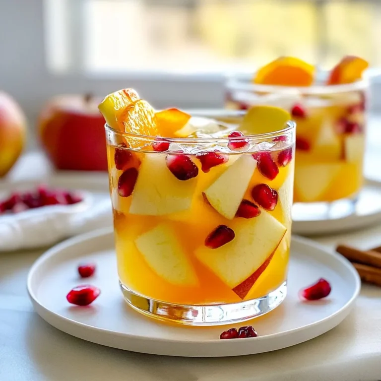 To make Harvest Rum Punch, you need the following: - 2 cups apple cider - 1 cup orange juice - 1 cup pomegranate juice - ½ cup cranberry juice - 1 teaspoon ground cinnamon - ½ teaspoon ground nutmeg - 1 tablespoon fresh ginger, grated - 2 cups seltzer water or ginger ale - Fresh apple slices - Fresh orange slices - Pomegranate seeds Each ingredient adds a burst of flavor and warmth, perfect for fall gatherings. If you like your punch sweeter, I suggest adding: - 1 tablespoon honey Honey blends well and enhances the natural fruit flavors. Adjust this to your taste for a sweeter punch. Garnishes make the drink look inviting. I like to use: - Fresh apple slices - Fresh orange slices - Pomegranate seeds These not only add color but also enhance the flavor. You can even rim your glasses with cinnamon sugar for a fun twist. This adds a nice touch and makes your punch extra special. {{ingredient_image_1}} First, grab a large pitcher or bowl. Pour in 2 cups of apple cider. Next, add 1 cup of orange juice. Then, pour in 1 cup of pomegranate juice. Finally, add ½ cup of cranberry juice. Mix these juices well. This will create a tasty base for your punch. Now, it’s time to add some spice! Sprinkle in 1 teaspoon of ground cinnamon. Next, add ½ teaspoon of ground nutmeg. Then, grate 1 tablespoon of fresh ginger and stir it in. This adds warmth and depth to the drink. If you want your punch sweeter, add 1 tablespoon of honey. Stir until the honey dissolves completely. After mixing, cover the pitcher and chill it in the fridge. Let it sit for at least 1 hour. This waiting time helps the flavors blend. When ready to serve, add 2 cups of seltzer water or ginger ale for fizz. Pour the punch into glasses filled with ice. For a beautiful touch, garnish with fresh apple slices, orange slices, and pomegranate seeds. Enjoy your refreshing drink! To make your Harvest Rum Punch shine, focus on fresh juices. Use 100% juice without added sugar. This keeps the taste natural and bright. You can also switch up the spices. Try adding a pinch of cloves or even cardamom for a warm twist. Fresh herbs like mint can add a nice touch, too. Just muddle a few leaves into the mix before chilling. Serve your punch in clear glasses or mason jars. This way, guests can see the bright colors. For a fun touch, rim the glasses with cinnamon sugar. It adds a sweet kick and looks great. Use ice cubes made from apple juice for extra flair. You can also freeze pomegranate seeds in ice cubes. These will float beautifully in the punch. You can prep the punch a day ahead. Mix all the juices and spices, then chill. Just add the fizz right before serving. This keeps the bubbly fresh and lively. If you want to speed things up, prep your garnishes in advance. Slice the apples and oranges, and store them in water with a bit of lemon juice. This keeps them from browning. Pro Tips Chill Your Ingredients: For the best flavor and a refreshing punch, ensure all your juices and seltzer are chilled before mixing. Customize Your Sweetness: Adjust the amount of honey or skip it entirely based on your preference for sweetness and the natural sweetness of your juices. Add Extra Spice: Enhance the flavor by adding a few whole cloves or star anise during the chilling process for a warm, aromatic touch. Garnish Creatively: Experiment with garnishes such as fresh mint or a sprinkle of cinnamon on top to elevate the presentation and flavor. {{image_2}} You can enjoy Harvest Rum Punch without alcohol. To make it alcohol-free, skip the rum and use more seltzer or ginger ale. This keeps the punch light and bubbly. The mix of juices still gives it a great taste. You won’t miss the rum at all! If you want to try different spirits, rum is not your only choice. You can swap rum for vodka or spiced rum. Vodka keeps the punch light, while spiced rum adds depth. Just remember to adjust the amount. You want the flavors to blend well. Fruit can change based on the season. In fall, try adding pears or cranberries. In winter, citrus fruits work well. Use blood oranges or grapefruit for a tangy twist. Each fruit brings its own flavor, making the punch fun and fresh. Get creative with what you find! After you enjoy your Harvest Rum Punch, store any leftovers in the fridge. Pour it into a container with a lid. This keeps your punch fresh and tasty. For the best results, use glass jars or plastic pitchers. These containers seal well and help maintain flavor. Avoid using metal containers, as they can alter the taste of the punch. Your punch stays fresh for up to three days in the fridge. To keep it fizzy, add seltzer or ginger ale just before serving. If you see any changes in color or smell, it’s best to toss it. Harvest Rum Punch is a fruity drink made with apple cider and citrus juices. It blends flavors of pomegranate and cranberry for a sweet and tart taste. I love adding spices like cinnamon and nutmeg to give it warmth. This punch is perfect for fall gatherings or cozy nights in. Yes, you can make this punch ahead of time. I recommend mixing the juices and spices and letting them chill. Just keep it in the fridge for up to 24 hours. Add the seltzer or ginger ale right before serving. This keeps the fizz fresh and fun! You can try adding other juices like grape or pear. Some people like to include fresh herbs, like mint, for a twist. If you want it boozy, rum or spiced rum works well. Experiment with flavors to find your favorite mix! To adjust sweetness, simply add honey or other sweeteners. Start with a small amount and taste as you go. You can also reduce sweet juices or add more tart juices to balance it out. Enjoy testing until you find your ideal flavor! This blog post guides you through making the perfect Harvest Rum Punch. We covered the key ingredients, optional sweeteners, and garnishes. I shared clear steps on preparing and chilling the punch. Tips on enhancing flavor and presentation will help you impress guests. Remember, you can adjust this recipe for different tastes or seasons. Store any leftovers properly for freshness. Enjoy mixing, tasting, and sharing this delightful drink. Your gatherings will be more fun with this punch at the center!