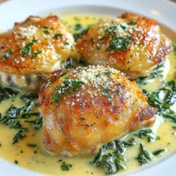 - 4 bone-in, skin-on chicken thighs - 1 cup heavy cream - 1 cup chicken broth - 3 cloves garlic, minced - 1 tablespoon Dijon mustard - 1 teaspoon dried thyme - 1 teaspoon paprika - Salt and pepper to taste - 1 cup fresh spinach, chopped - 1/2 cup grated Parmesan cheese - Fresh parsley for garnish Gathering the right ingredients is key to making creamy oven-baked chicken thighs. Start with the chicken. Bone-in, skin-on thighs give the best flavor. The skin crisps up nicely in the oven. Next, you need heavy cream and chicken broth. The cream makes the dish rich. The broth adds depth. For flavor, you’ll use garlic, Dijon mustard, thyme, and paprika. These spices blend well. They make each bite tasty. Don’t forget salt and pepper to boost all the flavors. Adding spinach is a great choice. It brings color and nutrients. Parmesan cheese is a lovely touch for extra creaminess and flavor. Finally, fresh parsley makes a lovely garnish. It adds a fresh touch to your dish. Now that you have your ingredients ready, you're all set to create a delicious meal! {{ingredient_image_1}} - Preheat the oven to 400°F (200°C). - In a bowl, whisk together the heavy cream, chicken broth, minced garlic, Dijon mustard, dried thyme, paprika, salt, and pepper. Make sure it mixes well. - Place the chicken thighs in a baking dish, skin side up. - Pour the creamy sauce over the chicken thighs. Ensure they are well coated. - Sprinkle the chopped spinach evenly over the top. Gently press it into the sauce. - Next, add the grated Parmesan cheese on top of the chicken and sauce. - Bake the dish in the oven for 35-40 minutes. Check that the chicken is cooked through. - The skin should be golden and crispy. - After baking, remove the dish from the oven. Let the chicken rest for about 5 minutes before serving. To get crispy skin on chicken, start with bone-in, skin-on thighs. Pat the skin dry before cooking. The dry skin helps it crisp up nicely. Bake at 400°F for the best results. If you want more flavor, try adding spices or herbs to the cream mixture. You can adjust the creaminess by adding more heavy cream for a richer sauce or less for a lighter dish. When plating your chicken, use a nice, wide plate. Place the chicken in the center and spoon the creamy sauce over it. Add some spinach on top for color. Fresh parsley adds a nice touch too. For sides, consider steamed veggies or creamy mashed potatoes. They pair well with the chicken and soak up the sauce. One common mistake is overcooking the chicken thighs. Use a meat thermometer to check for doneness. The internal temperature should reach 165°F. Another mistake is using the wrong oven temperature. Always preheat your oven to 400°F. This ensures even cooking and crispy skin. Pro Tips Resting Time: Allow the chicken to rest for a few minutes after baking. This helps the juices redistribute, making the meat more tender and flavorful. Skin Crisping: For extra crispy skin, broil the chicken for the last 2-3 minutes of cooking. Keep a close eye to prevent burning. Flavor Variations: Experiment with different herbs and spices in the creamy sauce. Fresh rosemary or oregano can elevate the flavor profile. Storage Tips: Leftovers can be stored in an airtight container in the fridge for up to 3 days. Reheat gently to avoid drying out the chicken. {{image_2}} You can easily swap ingredients to fit your taste. If you prefer, use boneless chicken thighs. They cook faster and still stay juicy. You can also try different cheeses. Mozzarella adds a nice stretch and mild flavor. To boost flavor, think about adding mushrooms or sun-dried tomatoes. Both add a rich taste and texture to the dish. You can also mix in different herbs and spices. Basil, rosemary, or even a pinch of chili flakes can elevate the dish. If you're gluten-free, just check your broth label. Use gluten-free broth to keep it safe. For dairy-free options, swap heavy cream for coconut cream or a nut-based cream. This keeps the dish creamy without dairy. You can also use tofu or tempeh for a plant-based alternative, ensuring everyone enjoys this meal. To keep your leftover chicken thighs fresh, store them in the fridge. Use airtight containers to avoid smells and moisture. Make sure the chicken is cooled before sealing. This helps maintain its taste and texture. I recommend glass or BPA-free plastic containers for safe storage. Avoid using metal containers, as they can react with the food. When you want to enjoy the chicken again, reheating is key. The best way is to use the oven. Preheat it to 350°F (175°C). Place the chicken in a baking dish and cover it with foil. This keeps the moisture in, so the chicken stays juicy. Heat for about 20 minutes or until hot. To refresh the creamy sauce, add a splash of chicken broth. Stir it in before serving for a smooth finish. If you want to freeze the chicken, let it cool completely first. Wrap each thigh tightly in plastic wrap, then place them in a freezer-safe bag. Be sure to remove as much air as possible. This helps prevent freezer burn. For reheating, thaw the chicken in the fridge overnight before cooking. You can also use the microwave's defrost setting, but be careful not to start cooking it. After thawing, use the oven method to warm it up. You should cook chicken thighs for 35 to 40 minutes at 400°F. The time may change based on the size of the chicken. Larger thighs might take a bit longer. Always check that the internal temperature is 165°F to ensure they are safe to eat. Yes, you can prepare this dish ahead. Mix the creamy sauce and coat the chicken thighs. Cover the dish and store it in the fridge for up to 24 hours. When ready to cook, just bake it straight from the fridge. This makes dinner prep so much easier! You can serve many tasty sides with this dish. Here are some ideas: - Steamed vegetables like broccoli or green beans - Mashed potatoes to soak up the creamy sauce - Rice for a satisfying base - Salad for a fresh, crunchy contrast - A light wine or iced tea to drink These sides will make your meal even more delicious! This blog post covered how to make creamy oven-baked chicken thighs. We discussed main ingredients like chicken, cream, and broth. I shared tips for cooking, serving, and avoiding common mistakes. You learned how to customize the recipe with variations and proper storage methods. In the end, this dish is simple yet delicious. You can impress anyone with it. Enjoy your cooking journey and savor every bite!