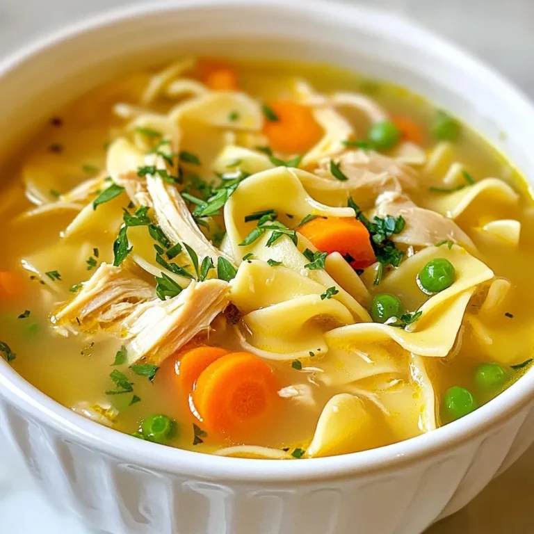 - 1 tablespoon olive oil - 1 medium onion, diced - 3 cloves garlic, minced - 2 carrots, sliced - 2 celery stalks, sliced - 1 teaspoon dried thyme - 1 teaspoon dried oregano - 1/2 teaspoon black pepper - 6 cups chicken broth - 2 cups cooked, shredded chicken - 2 cups egg noodles - 1 cup frozen peas - Salt to taste - Fresh parsley, chopped I love to start with olive oil. It brings a rich flavor to the soup. Next, I add diced onion and minced garlic. These two ingredients create a strong base. They add sweetness and depth to the dish. I usually sauté them until they soften. This makes the kitchen smell amazing. Then come the vegetables. I slice two carrots and two celery stalks. Carrots add sweetness, while celery gives a nice crunch. I toss them in with the onions and garlic. Sautéing them together helps their flavors mix. Now, it's time for spices. I use dried thyme, oregano, and black pepper. Each spice adds its own unique taste. Thyme gives a warm, earthy flavor. Oregano adds a hint of brightness. Black pepper brings a little heat. I let these spices toast, which enhances their flavor. Next, I pour in six cups of chicken broth. This is the heart of the soup. I add two cups of cooked, shredded chicken for protein. Rotisserie chicken works great and saves time. The soup needs a good balance of broth and meat. Don't forget the egg noodles! I add them last. They soak up all the flavors. Plus, they make the soup filling. I also toss in a cup of frozen peas near the end. They add a pop of color and sweetness. Finally, I finish with a sprinkle of fresh parsley. It brightens the soup and adds a fresh taste. This simple mix of ingredients creates a warm, cozy meal. It's perfect for any day, especially when you need comfort food. {{ingredient_image_1}} - Sauté onion and garlic First, set your Instant Pot to 'Sauté' mode. Heat 1 tablespoon of olive oil. Once hot, add 1 medium diced onion. Sauté it for about 3 minutes until it becomes soft and clear. Then, add 3 cloves of minced garlic. Cook for another 2 minutes. This step builds a tasty base for our soup. - Add carrots and celery Now, add 2 sliced carrots and 2 sliced celery stalks. Stir them into the pot and cook for an additional 2 minutes. The veggies will soften and add great flavor to your soup. - Incorporate spices Next, stir in 1 teaspoon of dried thyme, 1 teaspoon of dried oregano, and 1/2 teaspoon of black pepper. Let the spices cook for about 30 seconds. This will release their wonderful scents and flavors. - Add chicken broth and shredded chicken Pour in 6 cups of chicken broth. Be sure to scrape up any bits stuck to the bottom. Then, add 2 cups of cooked, shredded chicken. If you have rotisserie chicken, that works great. This will make your soup hearty and rich. - Set Instant Pot to pressure cook Secure the lid on your Instant Pot. Set the valve to 'Sealing.' Pressure cook on 'High' for 7 minutes. This quick cooking time locks in all the flavors. - Release steam and stir in noodles Once the time is up, carefully turn the valve to 'Venting' for a quick release of steam. After the steam escapes, open the lid. Stir in 2 cups of egg noodles. Switch the pot back to 'Sauté' mode and cook for 5-7 minutes until the noodles are tender. - Add frozen peas In the last minute of cooking, add 1 cup of frozen peas. Stir them in and let them warm through. They add a nice pop of color and sweetness. - Season and garnish before serving Taste your soup and add salt as needed. Ladle the soup into bowls and garnish with fresh chopped parsley. This adds a bright touch and makes your meal look beautiful. To make the best chicken noodle soup, set the Instant Pot to 'Sauté' mode. This way, you can cook the onion and garlic until soft. I recommend using a medium heat for about three minutes. This will help build a better flavor. To avoid the "burn" warning, make sure to scrape any bits stuck to the pot. After adding chicken broth, stir well. This helps prevent any food from sticking to the bottom. You can boost the flavor of your soup by adding fresh herbs. Try adding a bit of fresh thyme or basil. They give a nice touch to the soup. If you like a little heat, sprinkle in some red pepper flakes. If the soup tastes too salty, add a little more water or broth. You can also add more cooked chicken to balance the saltiness. To ensure the noodles are just right, keep an eye on them while cooking. Egg noodles take about five to seven minutes to become tender. Stir them in gently as you cook. If you like creamy soup, consider adding a splash of cream or milk at the end. This will give your soup a nice, smooth texture. Always stir well after adding to blend it in. Pro Tips Use Rotisserie Chicken: For a shortcut, use pre-cooked rotisserie chicken. It saves time and adds great flavor. Customize Your Veggies: Feel free to add or substitute vegetables like spinach or bell peppers for extra nutrition and flavor. Adjust Seasoning: Always taste your soup before serving. Adjust salt and pepper for your personal preference. Store Properly: If you have leftovers, store them in an airtight container. The soup will keep in the fridge for up to 3 days. {{image_2}} You can change the protein in this soup. Swap rotisserie chicken for turkey or even tofu. Each choice adds a new twist. You can also add different vegetables. Try bell peppers or zucchini. They bring fresh flavor and crunch. If you need a gluten-free meal, use rice noodles or quinoa. They work well and taste great. For a vegan version, skip the chicken and use vegetable broth. You can add chickpeas or lentils for protein. These swaps keep the soup hearty and satisfying. To brighten your soup, add lemon or lime juice. A splash of citrus makes it feel fresh. You can also try different broths. Use beef or vegetable broth for a unique taste. Each broth adds its own depth. Experimenting with flavors can lead to new favorites. To store your leftover chicken noodle soup, let it cool first. Pour it into an airtight container. This helps keep the soup fresh. You can store it in the fridge for up to three days. If you want to keep it longer, freezing is a great option. To freeze the soup, let it cool completely. Pour the unserved soup into freezer-safe containers. Leave some space at the top for expansion. You can freeze it for up to three months. When you are ready to eat, thaw the soup in the fridge overnight. To reheat, pour it into a pot and warm it on the stove. Stir it often to heat evenly. You can also use the microwave, but be sure to stir it halfway through. Enjoy your warm and cozy soup! You should cook chicken noodle soup in the Instant Pot for 7 minutes on high pressure. This time is perfect for the chicken to cook through and for the flavors to mix well. After cooking, release the steam quickly. This helps keep the chicken tender and juicy. Yes, you can use frozen chicken in the Instant Pot. Just add a few more minutes to the cooking time. If using frozen chicken, cook it for about 10 to 12 minutes on high pressure. Always check that the chicken reaches 165°F for safe eating. Chicken noodle soup pairs nicely with many sides. Here are some great options: - Crusty bread: Perfect for dipping. - Green salad: Adds freshness and crunch. - Grilled cheese: A classic combo loved by many. - Biscuits: Soft and buttery, they go well with soup. These sides will enhance your meal and make it even more comforting. Enjoy! This blog explained how to make a tasty chicken noodle soup in an Instant Pot. We covered the main ingredients, step-by-step cooking instructions, and helpful tips. You learned about variations and how to store leftovers properly. In conclusion, making this soup is easy and fun. You can change it to fit your taste and diet. Enjoy a warm bowl of soup that is both comforting and satisfying.