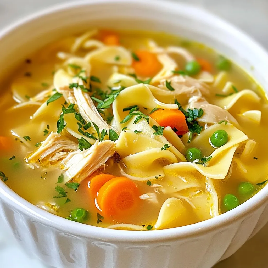 - 1 tablespoon olive oil - 1 medium onion, diced - 3 cloves garlic, minced - 2 carrots, sliced - 2 celery stalks, sliced - 1 teaspoon dried thyme - 1 teaspoon dried oregano - 1/2 teaspoon black pepper - 6 cups chicken broth - 2 cups cooked, shredded chicken - 2 cups egg noodles - 1 cup frozen peas - Salt to taste - Fresh parsley, chopped I love to start with olive oil. It brings a rich flavor to the soup. Next, I add diced onion and minced garlic. These two ingredients create a strong base. They add sweetness and depth to the dish. I usually sauté them until they soften. This makes the kitchen smell amazing. Then come the vegetables. I slice two carrots and two celery stalks. Carrots add sweetness, while celery gives a nice crunch. I toss them in with the onions and garlic. Sautéing them together helps their flavors mix. Now, it's time for spices. I use dried thyme, oregano, and black pepper. Each spice adds its own unique taste. Thyme gives a warm, earthy flavor. Oregano adds a hint of brightness. Black pepper brings a little heat. I let these spices toast, which enhances their flavor. Next, I pour in six cups of chicken broth. This is the heart of the soup. I add two cups of cooked, shredded chicken for protein. Rotisserie chicken works great and saves time. The soup needs a good balance of broth and meat. Don't forget the egg noodles! I add them last. They soak up all the flavors. Plus, they make the soup filling. I also toss in a cup of frozen peas near the end. They add a pop of color and sweetness. Finally, I finish with a sprinkle of fresh parsley. It brightens the soup and adds a fresh taste. This simple mix of ingredients creates a warm, cozy meal. It's perfect for any day, especially when you need comfort food. {{ingredient_image_1}} - Sauté onion and garlic First, set your Instant Pot to 'Sauté' mode. Heat 1 tablespoon of olive oil. Once hot, add 1 medium diced onion. Sauté it for about 3 minutes until it becomes soft and clear. Then, add 3 cloves of minced garlic. Cook for another 2 minutes. This step builds a tasty base for our soup. - Add carrots and celery Now, add 2 sliced carrots and 2 sliced celery stalks. Stir them into the pot and cook for an additional 2 minutes. The veggies will soften and add great flavor to your soup. - Incorporate spices Next, stir in 1 teaspoon of dried thyme, 1 teaspoon of dried oregano, and 1/2 teaspoon of black pepper. Let the spices cook for about 30 seconds. This will release their wonderful scents and flavors. - Add chicken broth and shredded chicken Pour in 6 cups of chicken broth. Be sure to scrape up any bits stuck to the bottom. Then, add 2 cups of cooked, shredded chicken. If you have rotisserie chicken, that works great. This will make your soup hearty and rich. - Set Instant Pot to pressure cook Secure the lid on your Instant Pot. Set the valve to 'Sealing.' Pressure cook on 'High' for 7 minutes. This quick cooking time locks in all the flavors. - Release steam and stir in noodles Once the time is up, carefully turn the valve to 'Venting' for a quick release of steam. After the steam escapes, open the lid. Stir in 2 cups of egg noodles. Switch the pot back to 'Sauté' mode and cook for 5-7 minutes until the noodles are tender. - Add frozen peas In the last minute of cooking, add 1 cup of frozen peas. Stir them in and let them warm through. They add a nice pop of color and sweetness. - Season and garnish before serving Taste your soup and add salt as needed. Ladle the soup into bowls and garnish with fresh chopped parsley. This adds a bright touch and makes your meal look beautiful. To make the best chicken noodle soup, set the Instant Pot to 'Sauté' mode. This way, you can cook the onion and garlic until soft. I recommend using a medium heat for about three minutes. This will help build a better flavor. To avoid the "burn" warning, make sure to scrape any bits stuck to the pot. After adding chicken broth, stir well. This helps prevent any food from sticking to the bottom. You can boost the flavor of your soup by adding fresh herbs. Try adding a bit of fresh thyme or basil. They give a nice touch to the soup. If you like a little heat, sprinkle in some red pepper flakes. If the soup tastes too salty, add a little more water or broth. You can also add more cooked chicken to balance the saltiness. To ensure the noodles are just right, keep an eye on them while cooking. Egg noodles take about five to seven minutes to become tender. Stir them in gently as you cook. If you like creamy soup, consider adding a splash of cream or milk at the end. This will give your soup a nice, smooth texture. Always stir well after adding to blend it in. Pro Tips Use Rotisserie Chicken: For a shortcut, use pre-cooked rotisserie chicken. It saves time and adds great flavor. Customize Your Veggies: Feel free to add or substitute vegetables like spinach or bell peppers for extra nutrition and flavor. Adjust Seasoning: Always taste your soup before serving. Adjust salt and pepper for your personal preference. Store Properly: If you have leftovers, store them in an airtight container. The soup will keep in the fridge for up to 3 days. {{image_2}} You can change the protein in this soup. Swap rotisserie chicken for turkey or even tofu. Each choice adds a new twist. You can also add different vegetables. Try bell peppers or zucchini. They bring fresh flavor and crunch. If you need a gluten-free meal, use rice noodles or quinoa. They work well and taste great. For a vegan version, skip the chicken and use vegetable broth. You can add chickpeas or lentils for protein. These swaps keep the soup hearty and satisfying. To brighten your soup, add lemon or lime juice. A splash of citrus makes it feel fresh. You can also try different broths. Use beef or vegetable broth for a unique taste. Each broth adds its own depth. Experimenting with flavors can lead to new favorites. To store your leftover chicken noodle soup, let it cool first. Pour it into an airtight container. This helps keep the soup fresh. You can store it in the fridge for up to three days. If you want to keep it longer, freezing is a great option. To freeze the soup, let it cool completely. Pour the unserved soup into freezer-safe containers. Leave some space at the top for expansion. You can freeze it for up to three months. When you are ready to eat, thaw the soup in the fridge overnight. To reheat, pour it into a pot and warm it on the stove. Stir it often to heat evenly. You can also use the microwave, but be sure to stir it halfway through. Enjoy your warm and cozy soup! You should cook chicken noodle soup in the Instant Pot for 7 minutes on high pressure. This time is perfect for the chicken to cook through and for the flavors to mix well. After cooking, release the steam quickly. This helps keep the chicken tender and juicy. Yes, you can use frozen chicken in the Instant Pot. Just add a few more minutes to the cooking time. If using frozen chicken, cook it for about 10 to 12 minutes on high pressure. Always check that the chicken reaches 165°F for safe eating. Chicken noodle soup pairs nicely with many sides. Here are some great options: - Crusty bread: Perfect for dipping. - Green salad: Adds freshness and crunch. - Grilled cheese: A classic combo loved by many. - Biscuits: Soft and buttery, they go well with soup. These sides will enhance your meal and make it even more comforting. Enjoy! This blog explained how to make a tasty chicken noodle soup in an Instant Pot. We covered the main ingredients, step-by-step cooking instructions, and helpful tips. You learned about variations and how to store leftovers properly. In conclusion, making this soup is easy and fun. You can change it to fit your taste and diet. Enjoy a warm bowl of soup that is both comforting and satisfying.