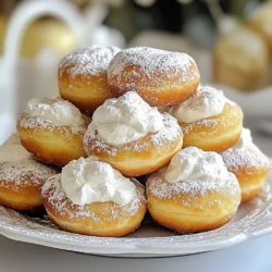 - 2 cups all-purpose flour - 1/4 cup granulated sugar - 1 packet active dry yeast - 1/2 teaspoon salt - 1/2 cup whole milk, warmed - 2 large eggs, at room temperature - 1/4 cup unsalted butter, melted - 1 cup heavy cream - 1/4 teaspoon vanilla extract - Powdered sugar for dusting - Vegetable oil for frying To make your cream-filled bomboloni, gather these simple ingredients. Use fresh items for the best taste. The flour gives structure, while the sugar adds sweetness. The yeast helps the dough rise and become fluffy. Warmed milk activates the yeast. Room temperature eggs mix well into the dough. Melted butter adds richness and flavor. Heavy cream is the star for the filling, and vanilla gives it a nice touch. Powdered sugar adds a sweet finish, and vegetable oil is key for frying. Make sure to measure everything accurately. This detail helps ensure your bomboloni turn out great. Ready to get started? Let’s move on to the next steps! {{ingredient_image_1}} - Combine warm milk and yeast. - Allow it to become frothy. Start by warming the milk. It should feel warm but not hot. Add the yeast to the milk and mix gently. Let it sit for about five minutes. This step is vital. The yeast needs to foam to show it's alive. If it doesn't foam, the yeast may be dead. - Combine flour, sugar, and salt. In another bowl, mix the flour, sugar, and salt. Use a whisk to blend these well. This step ensures even flavor in the dough. The sugar helps with sweetness while the salt adds balance. - Mix wet and dry ingredients. - Knead until smooth. Add the frothy yeast mixture to the dry mix. Then, add the eggs and melted butter. Stir until the dough starts to come together. Now, place the dough on a floured surface. Knead the dough for about eight to ten minutes. You want it smooth and elastic. This process builds the dough's structure. - Place dough in a greased bowl. - Cover and let rise. Transfer the dough to a greased bowl. Cover it with a clean towel. Let it rise in a warm place. This usually takes one to one and a half hours. You want it to double in size. This step is crucial for soft bomboloni. - Whip heavy cream and vanilla extract. While the dough rises, make the cream filling. In a chilled bowl, beat the heavy cream with vanilla extract. Use medium-high speed until soft peaks form. This will take a few minutes. Chill it in the fridge until you're ready to fill the bomboloni. - Roll out the dough and cut circles. - Second rise before frying. - Fry and cool the bomboloni. Once the dough has risen, punch it down. Roll it out to about half an inch thick. Use a round cutter to cut circles. Place these on a baking sheet and cover with a towel. Let them rise again for about 30 minutes. In a deep pot, heat vegetable oil to 350°F (175°C). Fry the doughnuts in batches. Cook them until golden brown on both sides, about two to three minutes. Remove them and let them drain on paper towels. After cooling, fill each bomboloni with the whipped cream. Use a piping bag or skewer for this. Finally, dust them with powdered sugar before serving. Enjoy the deliciousness! Tips for kneading Kneading is key to great bomboloni. You want to knead the dough for about 8 to 10 minutes. Use your palms to push down and fold the dough. This builds the gluten, which makes the dough stretchy. If the dough sticks to your hands, sprinkle a bit of flour. Ideal rising conditions Dough needs warmth to rise well. Place the dough in a warm spot, like near your oven or a sunny window. Cover it with a clean towel to keep it cozy. Let it rise until it doubles in size, which should take about 1 to 1.5 hours. Maintaining the right oil temperature Oil temperature is crucial for frying bomboloni. Heat the oil to 350°F (175°C). Use a kitchen thermometer for accuracy. If the oil is too hot, the outside will burn while the inside stays raw. If it’s too cool, the doughnuts will soak up too much oil. Frying in small batches Fry the bomboloni in small batches. This keeps the oil temperature steady. Fry for about 2 to 3 minutes on each side. You want a golden brown color. Avoid overcrowding the pot, as this can lead to uneven cooking. Using a piping bag A piping bag is perfect for filling your bomboloni. Fill it with the whipped cream and use a medium-sized nozzle. Insert the nozzle into the doughnut’s side and gently squeeze. This helps avoid tearing the doughnut. Choosing the right nozzle Pick a nozzle that is about 1/4 inch wide. This allows for a good flow of cream without making a big hole. You want enough filling, but not too much that it bursts out of the doughnut. Pro Tips Use Room Temperature Ingredients: Ensure your eggs and milk are at room temperature for better incorporation, resulting in a smoother dough. Check Oil Temperature: Use a kitchen thermometer to maintain the oil at 350°F (175°C) for perfect frying; too hot will brown the outside too fast while leaving the inside raw. Don't Overfill the Bomboloni: When filling with cream, be careful not to overfill as it may cause the doughnut to burst, leading to a messy presentation. Let Them Cool: Allow the bomboloni to cool slightly before filling to avoid melting the cream filling and ensure a delightful texture. {{image_2}} You can fill bomboloni with many cream flavors. Classic whipped cream is a favorite. You can also try chocolate, coffee, or lemon cream. For a fruity twist, use fruit-based fillings like raspberry or strawberry jam. These options add fun and variety to each bite. Toppings can make your bomboloni even more special. A chocolate glaze is a great choice. You can melt chocolate and dip the top of each doughnut. Another idea is to sprinkle your bomboloni with chopped nuts or spices. Try cinnamon or powdered sugar for a sweet touch. If you need a gluten-free option, you can substitute all-purpose flour with gluten-free flour blends. These blends work well for the dough. For vegan bomboloni, replace eggs with flaxseed meal and use almond milk. You can also use coconut cream instead of heavy cream for the filling. This way, everyone can enjoy delicious bomboloni! To keep your bomboloni fresh, store them in a cool, dry place. Use an airtight container to prevent them from drying out. If you stack them, place parchment paper between layers. This helps avoid sticking. When it's time to enjoy your bomboloni again, reheat them in an oven. Set the oven to 350°F (175°C). Place them on a baking sheet for about 5-7 minutes. This method keeps them soft and warm. Avoid using a microwave since it can make them soggy. If you want to freeze bomboloni, here’s how: 1. Cool Completely: Let the bomboloni cool down completely after frying. 2. Wrap Individually: Wrap each one in plastic wrap. This keeps them fresh. 3. Use a Freezer Bag: Place the wrapped bomboloni in a freezer bag. Squeeze out as much air as possible before sealing. 4. Label and Date: Don’t forget to label the bag. Include the date for easy tracking. To thaw, take them out of the freezer. Let them sit in the fridge overnight. For a quicker method, set them at room temperature for a few hours. Enjoy your bomboloni fresh, tasty, and ready to eat! Yes, you can make bomboloni in advance. Prepare the dough and let it rise. After the first rise, you can shape the dough into circles. Freeze the un-fried dough on a baking sheet. Once frozen, store them in a bag. When ready, fry them straight from the freezer. If you don’t have heavy cream, use whipped coconut cream. It gives a nice flavor. You can also use cream cheese mixed with milk. This will create a thick and rich filling. Doughnuts are done when they turn golden brown. They should be light and airy. You can also test by inserting a toothpick; it should come out clean. You can find authentic bomboloni at Italian bakeries. Some cafes also serve them fresh. If you're lucky, you may find them at local food markets or fairs. Bomboloni stay fresh for 1-2 days at room temperature. Store them in an airtight container. For longer freshness, keep them in the fridge for up to a week. If your yeast doesn’t foam, it may be dead. Check the expiration date on the packet. If the milk is too hot, it can kill the yeast. Use warm milk, about 110°F (43°C). Adjust the temperature and try again. Making Bomboloni is fun and rewarding. We covered the key ingredients, step-by-step methods, and tips for perfect results. You learned about dough consistency, filling techniques, and even ways to customize your treat. Remember, practice makes perfect. Don't hesitate to experiment with different fillings and toppings. Enjoy the process and share your Bomboloni with friends. They will love your creation. Happy cooking!