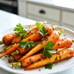 For this delightful dish, you will need: - 1 pound of baby carrots, washed and trimmed - 3 tablespoons olive oil - 4 cloves garlic, minced - 1 teaspoon dried thyme - 1 teaspoon dried rosemary - 1 teaspoon sea salt - ½ teaspoon black pepper - Fresh parsley, chopped (for garnish) Each ingredient plays a key role. The baby carrots bring sweetness, while the garlic adds depth. Olive oil helps carry flavors, and herbs provide fresh notes. You can easily swap some ingredients if needed: - Baby carrots: Use regular carrots, cut into sticks or rounds. - Olive oil: Can be replaced with melted butter or avocado oil. - Dried thyme and rosemary: Fresh herbs work too! Use three times more. - Sea salt: Any salt will do, but sea salt adds nice texture. - Black pepper: Feel free to use white pepper for a milder taste. These swaps can change the dish while keeping it delicious. This dish is not just tasty; it’s healthy too! Here’s a rough breakdown per serving: - Calories: About 120 - Fat: 7 grams - Carbohydrates: 14 grams - Protein: 1 gram - Fiber: 4 grams Garlic herb roasted carrots are a good source of vitamins and minerals. They provide fiber, which is great for digestion. Enjoy this guilt-free side dish with your meals! {{ingredient_image_1}} Start by washing and trimming 1 pound of baby carrots. This keeps them clean and ready for cooking. Next, preheat your oven to 425°F (220°C). This step ensures even cooking and good caramelization. In a large mixing bowl, combine 3 tablespoons of olive oil, 4 minced garlic cloves, 1 teaspoon of dried thyme, 1 teaspoon of dried rosemary, 1 teaspoon of sea salt, and ½ teaspoon of black pepper. Mix these ingredients well to create a fragrant marinade. Once your marinade is ready, add the baby carrots to the bowl. Toss the carrots until they are fully coated with the marinade. This helps the flavors stick to the carrots. After marinating, spread the carrots in a single layer on a baking sheet lined with parchment paper. This way, they roast evenly without sticking. Place the baking sheet in the preheated oven. Roast the carrots for 25-30 minutes. Stir them halfway through to ensure they cook evenly. You want the carrots to be tender and caramelized. When they are done, remove them from the oven. Transfer the carrots to a serving platter and garnish with fresh parsley. This adds a nice pop of color and flavor. To ensure your carrots roast perfectly, avoid overcrowding the baking sheet. If they are too close, they won’t caramelize well. Also, check for doneness by piercing a carrot with a fork. It should go in easily. For more flavor, consider adding extra herbs like oregano or basil. You can also try a splash of lemon juice for brightness. Lastly, feel free to adjust the seasonings to match your taste. Enjoy your delicious garlic herb roasted carrots! Roasting carrots is simple. Start with fresh, firm baby carrots. Wash and trim them well. Preheating your oven to 425°F (220°C) helps cook them evenly. Use a large baking sheet. Spread the carrots in a single layer. This ensures they roast, not steam. Stir them halfway through cooking for the best results. The carrots should turn soft and caramelized. Seasoning adds flavor to your roasted carrots. A mix of olive oil, garlic, thyme, and rosemary works great. Use 3 tablespoons of olive oil to coat the carrots. Mince 4 cloves of garlic for a strong taste. One teaspoon each of dried thyme and rosemary brings depth. Make sure to add sea salt and black pepper to enhance all the flavors. Feel free to adjust the spices to match your taste. Once the carrots are roasted, they look and smell amazing. Transfer them to a serving platter for a pretty display. Garnish with freshly chopped parsley for color. You can serve these carrots as a side dish with almost any meal. They pair well with chicken, fish, or pasta. Enjoy them warm, and watch how they steal the show on your dinner table! Pro Tips Choose Fresh Carrots: Fresh, vibrant baby carrots will provide the best flavor and texture. Look for carrots that are firm and have a rich color. Adjust Seasonings to Taste: Feel free to modify the herbs and spices based on your preference. Fresh herbs can also be used for a more intense flavor. Use Parchment Paper: Lining your baking sheet with parchment paper helps prevent sticking and makes for easier cleanup after roasting. Serve Immediately: For the best taste and texture, serve the roasted carrots right after cooking, as they are at their peak flavor when freshly roasted. {{image_2}} You can use many types of carrots for this dish. Baby carrots are sweet and tender. However, you can also use larger carrots. Just cut them into sticks or rounds. Look for rainbow carrots, too! They add beautiful colors to your plate. Each type has its own taste, making the dish fun and unique. To boost flavor, try adding different herbs. Fresh herbs like dill or basil work well. You can also use spices like cumin or paprika for extra warmth. A splash of lemon juice adds brightness. If you enjoy heat, add red pepper flakes. These small changes can turn your dish into something special. If you need a dietary change, you can swap the olive oil. Use avocado oil or melted coconut oil instead. For a low-sodium version, reduce the sea salt. You can also make this dish vegan. Just ensure that the garlic and herbs you use are fresh. These simple swaps keep the recipe tasty while meeting your needs. To store your garlic herb roasted carrots, let them cool first. Place them in an airtight container. Store the container in your fridge. They will stay fresh for about 3 to 5 days. If you want to keep them longer, consider freezing. When you are ready to enjoy your leftovers, reheating is easy. Preheat your oven to 350°F (175°C). Spread the carrots on a baking sheet. Heat them for about 10 to 15 minutes. You can also use a microwave. Just place them in a microwave-safe dish. Heat for 1 to 2 minutes, stirring halfway. Freezing garlic herb roasted carrots is a great option. After they cool, place them in a freezer-safe bag. Squeeze out as much air as possible before sealing. They will last for up to 2 months. When you are ready to eat, thaw them in the fridge overnight. Reheat as described above for the best taste. Yes, you can use regular carrots. Just cut them into sticks that are similar in size to baby carrots. This helps them cook evenly. Regular carrots have a great flavor too. They may take a bit longer to roast. To make this recipe vegan, keep the current ingredients. The recipe is already plant-based. Olive oil, garlic, and herbs are all vegan-friendly. You can add more herbs for extra flavor. Try using fresh herbs if you have them. These roasted carrots pair well with many dishes. Serve them with roasted chicken or fish for a nice meal. They also go great with quinoa or rice. Add a fresh salad to make it a full feast. The flavors of the carrots enhance any plate. We explored the key ingredients and their substitutes for garlic herb roasted carrots. You learned step-by-step cooking instructions and useful tips for perfect roasting. We also shared best practices, seasoning options, and serving ideas. Remember, you can customize flavors with different carrot types and dietary needs. Lastly, we discussed how to store and reheat leftovers. This dish is versatile and easy to adapt for any meal. Enjoy creating this healthy side dish with your unique spin!