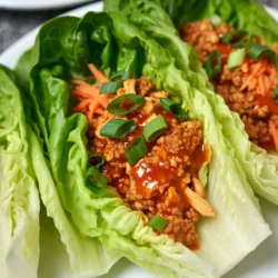 - 1 lb ground chicken - 1/3 cup buffalo sauce - 1 tablespoon olive oil - 2 cloves garlic, minced - 1/2 teaspoon onion powder - 1/2 teaspoon smoked paprika - 1/4 cup green onions, sliced - 1/4 cup shredded carrots - 1 head of romaine or butter lettuce, leaves separated - 1/2 cup blue cheese or ranch dressing (optional) - Salt and pepper, to taste - Large skillet - Wooden spoon - Measuring cups and spoons - Knife and cutting board You need a simple list of ingredients for Buffalo Chicken Lettuce Wraps. Ground chicken is the main protein. I love using a mix of spices for flavor. Buffalo sauce adds that spicy kick. Olive oil helps to cook the chicken and garlic. Remember to use fresh garlic for the best taste. You can choose romaine or butter lettuce. Both work well as a wrap. Green onions and shredded carrots add crunch and color. Blue cheese or ranch dressing is optional but adds creaminess. Salt and pepper adjust the flavors to your liking. For tools, a large skillet is a must. A wooden spoon helps mix the chicken. Use measuring cups for accuracy. A knife and cutting board help prepare your garlic and veggies. With these ingredients and tools, you are ready to make a tasty meal! {{ingredient_image_1}} First, heat a large skillet over medium heat. Add one tablespoon of olive oil. Once the oil is warm, add two cloves of minced garlic. Sauté the garlic for about one minute. It should smell great. Next, add one pound of ground chicken to the skillet. Use a wooden spoon to break it apart. Cook the chicken for five to seven minutes. Make sure it turns brown and is fully cooked. Now, it's time to add flavor. Stir in half a teaspoon of onion powder and half a teaspoon of smoked paprika. Add salt and pepper to taste. Mix everything well so the chicken is coated evenly. This step makes the chicken tasty. Pour in one-third cup of buffalo sauce. You can choose mild or hot sauce, depending on your taste. Stir the sauce into the chicken mixture. Let it simmer for two to three minutes. This helps all the flavors blend nicely. To make the wraps, take a lettuce leaf. Spoon about two to three tablespoons of the buffalo chicken mixture into the center. Garnish with sliced green onions and shredded carrots. If you like, drizzle some blue cheese or ranch dressing on top. Finally, fold the lettuce over the filling and enjoy your tasty wrap! - Best practices for browning chicken: Start with a hot skillet. Heat olive oil until it shimmers. Add the minced garlic first for flavor. Then, add the ground chicken. Break it apart with a wooden spoon. Cook it evenly for about 5-7 minutes. Look for a nice golden color. This shows it is well-browned. - Adjusting spice levels: If you prefer less heat, use mild buffalo sauce. You can also mix in some honey for sweetness. For more spice, add cayenne pepper or hot sauce. Taste as you go. This helps you find the right balance. - Pairing with sides or drinks: These wraps go well with crunchy veggies or a fresh salad. Serve with carrot sticks or celery for an extra crunch. For drinks, try a light beer or iced tea. Both pair nicely with the spicy flavors. - Presentation ideas: Use a large platter to serve the wraps. Arrange the lettuce leaves neatly. Spoon the chicken mixture into each leaf. Top with green onions and carrots. This makes your dish pop with color and looks inviting. - Low-calorie buffalo sauce alternatives: Look for sauces made with vinegar and spices. These often have fewer calories. You can also make your own by mixing hot sauce with Greek yogurt or mustard. - Substituting dressings: Instead of blue cheese, try a yogurt-based dressing. It adds creaminess without the extra calories. You can also use a light vinaigrette for a zesty kick. Pro Tips Choose Your Chicken Wisely: Opt for lean ground chicken to keep the dish healthier without sacrificing flavor. Customize Your Spice Level: Adjust the amount of buffalo sauce to your taste; start with less and add more if you prefer it spicier. Freshness Matters: Use fresh ingredients for the toppings to enhance the crunch and flavor of the wraps. Perfect Lettuce Leaves: Choose sturdy lettuce varieties like romaine or butter lettuce to hold the filling without tearing. {{image_2}} You can switch ground chicken for other proteins. Ground turkey works great and has less fat. Tofu and tempeh are excellent for a plant-based twist. They soak up flavors well and give a nice texture. Just remember to press tofu to remove extra water. Want to change up the taste? Add different spices or herbs. Try cumin for warmth or cilantro for freshness. You can also infuse the buffalo sauce. Mix in garlic powder or a squeeze of lime juice. This adds depth and makes each bite exciting. Think about adding more veggies to your wraps. Bell peppers, cucumbers, or even avocado can add crunch and color. You can also use different types of lettuce. Butter lettuce is soft and sweet, while iceberg is crisp and refreshing. Each choice gives a unique bite! To keep your buffalo chicken lettuce wraps fresh, place leftovers in an airtight container. Store them in the fridge. They will last about 3 to 4 days. If you want to keep them longer, you can freeze the chicken mixture. Use a freezer-safe bag or container and remove as much air as possible. This way, they can last up to 3 months in the freezer. When you’re ready to enjoy leftovers, reheat the chicken mixture gently. Use a skillet on low heat. Stir often to prevent it from drying out. You can also use the microwave. Heat it in short bursts, stirring in between. This helps keep the chicken moist and tasty. In the fridge, the buffalo chicken mixture stays good for about 3 to 4 days. Check for any off smells or changes in color before eating. If it looks or smells bad, it’s best to throw it away. When frozen, the chicken can last 3 months. Always label your containers with dates to keep track. Yes, you can use frozen chicken. Just thaw it first. You can do this in the fridge overnight or in cold water for a quicker option. Once it’s thawed, you can follow the cooking steps as usual. If you don't have buffalo sauce, you can use hot sauce or barbecue sauce. For a milder flavor, consider using teriyaki sauce or sweet chili sauce. You can also mix hot sauce with a little butter for a quick swap. Yes, these wraps can be gluten-free. Use gluten-free buffalo sauce and ensure your dressings are gluten-free. Always check labels, as some sauces may contain gluten. To add more heat, increase the amount of buffalo sauce. You can also add cayenne pepper or crushed red pepper flakes to the chicken mixture. Taste as you go to find your perfect spice level. Yes, you can make the chicken mixture ahead of time. Store it in the fridge for up to three days. Just reheat it in a skillet before serving. This saves time for a quick meal later. This blog post covered a tasty buffalo chicken wrap recipe. You learned about the required ingredients, which tools to use, and the step-by-step cooking instructions. I shared helpful tips on cooking, serving, and even healthier options. We explored fun variations to personalize your wrap. Lastly, I provided storage info to keep your food fresh. Enjoy making these wraps! They are easy, delicious, and sure to impress. Keep experimenting with flavors to find your perfect mix. Happy cooking!