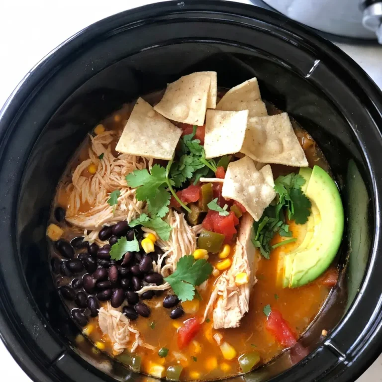 To make a tasty Crockpot Chicken Tortilla Soup, you need the right ingredients. Here’s a list of what you’ll need: - 1 lb boneless, skinless chicken breasts - 1 can (15 oz) black beans, drained and rinsed - 1 can (15 oz) corn, drained - 1 can diced tomatoes with green chilies, undrained - 1 medium onion, diced - 3 cloves garlic, minced - 1 bell pepper (any color), diced - 4 cups chicken broth - 1 tablespoon chili powder - 1 teaspoon cumin - 1 teaspoon smoked paprika - Salt and pepper to taste - Juice of 1 lime - Tortilla chips, for serving - Fresh cilantro, for garnish - Avocado slices, for garnish - Shredded cheese (optional), for topping Each ingredient adds its own flavor. The chicken gives protein, and the beans add fiber. The spices really make the soup come alive. You can mix and match toppings to make it your own. Enjoy customizing your soup! {{ingredient_image_1}} - First, place 1 pound of boneless, skinless chicken breasts in the bottom of your crockpot. - Next, chop 1 medium onion, 3 cloves of garlic, and 1 bell pepper. - Add the diced veggies on top of the chicken. - Open 1 can of black beans and 1 can of corn. Drain and rinse them well. - Pour the black beans, corn, and 1 can of diced tomatoes with green chilies into the pot. - Add 4 cups of chicken broth. Sprinkle in 1 tablespoon chili powder, 1 teaspoon cumin, and 1 teaspoon smoked paprika. - Stir gently to mix all the ingredients. - Cover the crockpot and set it to cook on low for 6-8 hours or high for 3-4 hours. - When the chicken is done, it should shred easily with a fork. - About 30 minutes before serving, take out the chicken, shred it, and return it to the soup. - Squeeze the juice of 1 lime into the soup for a fresh taste. - Taste the soup and adjust the seasonings as needed. - Serve hot, adding tortilla chips, fresh cilantro, avocado slices, and optional shredded cheese on top. To make your soup taste amazing, start with good seasoning. Chili powder, cumin, and smoked paprika are key. They add depth and warmth. Do not skip the salt and pepper; they bring all the flavors together. Using fresh ingredients makes a big difference too. Fresh vegetables add more taste than canned ones. However, canned beans and corn are fine. They save time and still taste good. Get your slow cooker ready! You can cook on low for 6-8 hours or high for 3-4 hours. Cooking on low gives you a better flavor. To know when your soup is done, check the chicken. It should shred easily with a fork. If it does, it’s time to eat! Make your soup look as good as it tastes. Use tortilla chips for a nice crunch. A sprinkle of fresh cilantro adds color and taste. Avocado slices not only look great but also add creaminess. If you like cheese, sprinkle some on top for extra flavor. Serve with lime wedges for a zesty touch! Pro Tips Use Fresh Ingredients: Fresh vegetables and spices will enhance the flavor of your soup, making it more vibrant and delicious. Customize Your Spice Level: Adjust the amount of chili powder and diced tomatoes with green chilies to suit your spice preference. Make It Ahead: This soup is great for meal prep! Make a big batch and freeze individual portions for quick meals later. Garnish Freely: Experiment with different toppings like sour cream, jalapeños, or lime wedges for added flavor and texture. {{image_2}} You can swap ingredients in your tortilla soup to fit your taste. Try using different beans like pinto or kidney beans instead of black beans. You can add more veggies too, like zucchini or carrots, for extra color and crunch. If you want to change the protein, turkey or shredded beef works well too. For a vegetarian option, use tofu or more beans as the protein source. These changes keep the soup fun and fresh! To add some heat, include chopped jalapeños or a splash of hot sauce. Start with a small amount; you can always add more later. If you prefer a milder soup, skip the hot sauce and use sweet peppers instead. Finding the right spice level can make your soup perfect for everyone. Toppings make your soup even better. Try different cheeses like cheddar or queso fresco for a tasty twist. You can also get creative with garnishes. Consider adding crushed tortilla chips, sour cream, or even a dollop of guacamole. These extras give your soup a unique flair and make it more enjoyable! To store leftovers, let the soup cool down first. Then, place it in an airtight container. This keeps it fresh. The soup can last in the fridge for about 3 to 4 days. If you see any mold or bad smell, throw it away. You can freeze this soup for later. Use freezer-safe containers or bags. Be sure to leave some space for expansion. The soup can last up to 3 months in the freezer. To reheat, let it thaw in the fridge overnight. Then, heat it on the stovetop or in the microwave until hot. Batch cooking is great for this recipe. You can make a big batch and store it. For portion sizes, consider using single-serving containers. This makes it easy to grab a meal. You can also mix and match toppings for variety. You can use turkey in place of chicken. Shredded beef works too. For a plant-based option, try jackfruit or tofu. Both add great texture. Yes, you can cook this soup on the stovetop. Start by sautéing the onion, garlic, and bell pepper. Then add the rest of the ingredients. Let it simmer for about 30-40 minutes. Stir often to blend the flavors well. Leftover chicken tortilla soup lasts about three to four days in the fridge. Store it in an airtight container. Always reheat it to a safe temperature before eating. You can easily make this soup vegetarian. Replace the chicken with beans or lentils. Use vegetable broth instead of chicken broth. The soup will still be hearty and delicious. To spice up the soup, add diced jalapeños or a splash of hot sauce. You can also mix in cayenne pepper or chili flakes. Adjust the heat to match your taste. This blog post covered a simple recipe for chicken tortilla soup. We explored the ingredients, with tips for the best flavor and how to adjust spices. I included variations for personal taste and ideas for storing leftovers. Enjoy making this soup, and feel free to experiment with your favorite flavors. Trust me, you will love what you create!