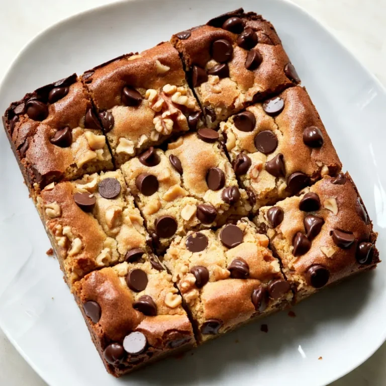 - 1 cup (2 sticks) unsalted butter - 1 ½ cups packed brown sugar - ½ cup granulated sugar - 2 large eggs - 2 teaspoons vanilla extract - 2 cups all-purpose flour - 1 teaspoon baking powder - ½ teaspoon baking soda - ½ teaspoon salt - 1 cup chocolate chips (milk or dark) - ½ cup chopped walnuts (optional) For the best flavor, always use unsalted butter. It allows you to control the salt in your recipe. Choose high-quality chocolate chips, as they bring richness to your blondies. To make your blondies even more special, try adding mix-ins. Here are some fun ideas: - Chopped pecans or almonds for extra crunch. - Dried fruit like cranberries or cherries for a sweet twist. - A scoop of peanut butter or almond butter for a nutty flavor. You can also switch up the flavor with different extracts. Almond or maple extract can provide a unique taste that pairs well with the brown butter. {{ingredient_image_1}} To start, preheat your oven to 350°F (175°C). This temperature helps the blondies bake evenly. Next, take a 9x13 inch baking pan. You can grease it with butter or cooking spray. Alternatively, line it with parchment paper for easy removal later. Both methods work well, but parchment paper makes lifting the blondies out much easier. Now, let's brown the butter. In a medium skillet, melt 1 cup of unsalted butter over medium heat. Keep stirring often. After a few minutes, the butter will start to foam. Watch closely as it turns a golden brown color. This process takes about 5-7 minutes. Remove it from heat and let it cool for a few minutes. Brown butter adds a rich taste to your blondies, making them special. In a large mixing bowl, combine the brown butter with 1 ½ cups of packed brown sugar and ½ cup of granulated sugar. Mix them until smooth. Next, add 2 large eggs one at a time, stirring well after each addition. Then, mix in 2 teaspoons of vanilla extract. In a separate bowl, whisk together 2 cups of all-purpose flour, 1 teaspoon of baking powder, ½ teaspoon of baking soda, and ½ teaspoon of salt. Gradually add this dry mix to the wet ingredients. Stir until just combined; avoid over-mixing. Finally, fold in 1 cup of chocolate chips. You can also add ½ cup of chopped walnuts if you like. This gives a nice crunch to your blondies. To get the right texture in your chewy brown butter blondies, mixing is key. Start by mixing the brown butter with the sugars until smooth. This step helps to create a rich flavor and a nice chewy texture. Mix the eggs in one at a time. Make sure to blend well after each addition. This ensures even mixing and helps the blondies rise. Also, pay attention to your ingredient temperatures. Use room temperature eggs for better mixing. Cold eggs can make the batter lumpy. Room temperature eggs blend smoothly, which creates a better batter. One common mistake is over-mixing the batter. Once you add the dry ingredients, mix just until combined. Over-mixing can lead to tough blondies. You want them chewy and soft, so be gentle. Also, watch your baking time. Check the blondies at 20 minutes. Look for lightly golden edges. A toothpick should come out with a few moist crumbs, not wet batter. If it comes out clean, they may be overbaked. Trust your instincts and keep an eye on them! Pro Tips Brown the Butter Carefully: Ensure you keep an eye on the butter as it browns, stirring constantly to avoid burning. The nutty aroma and golden color are key to achieving the perfect flavor. Don't Over-Mix: When combining the wet and dry ingredients, mix just until combined. Over-mixing can lead to tough blondies instead of the desired chewy texture. Use Quality Chocolate: Choose high-quality chocolate chips for the best flavor. Whether you prefer milk or dark chocolate, good chocolate enhances the overall taste of the blondies. Cool Before Cutting: Allow the blondies to cool completely in the pan before cutting. This helps them set and makes it easier to achieve clean, even squares. {{image_2}} You can change the flavor of your blondies easily. Swap vanilla extract for almond extract for a nutty twist. Maple extract also adds a rich taste that pairs well with brown butter. You can also try different types of chocolate. Use white chocolate chips for a sweet, creamy flavor. Dark chocolate gives a deeper taste that balances the sweetness. If you're looking for gluten-free options, use almond flour or a gluten-free flour blend. This keeps the blondies chewy and delicious. For a vegan version, replace the eggs with flax eggs or applesauce. Use coconut oil instead of butter for a rich flavor. These swaps let everyone enjoy blondies, no matter their diet. To keep your chewy blondies fresh, store them in an airtight container. This will help them stay soft and delicious. You can use a glass or plastic container with a tight lid. If you stack the blondies, place parchment paper between layers to avoid sticking. Store them at room temperature for up to four days. If you want longer storage, consider freezing them. To freeze your blondies, first, let them cool completely. Then cut them into squares. Wrap each piece tightly in plastic wrap. Place the wrapped blondies in a freezer-safe bag. Remove as much air as possible before sealing. They can stay in the freezer for up to three months for the best quality. To thaw, place them in the fridge overnight or leave them at room temperature for a couple of hours. Enjoy them warm or at room temperature! Yes, you can use salted butter. However, it changes the flavor. Salted butter adds salt to the recipe. This can make the blondies taste different. If you use salted butter, skip the added salt in the recipe. Unsalted butter is best for control over salt levels. It also allows the sweet flavors to shine more. You can tell blondies are done by checking the edges. They should be lightly golden. The center may look soft but not wet. A toothpick test works well. Insert it into the center. If it comes out with a few moist crumbs, they are done. If it comes out clean, they may be overbaked. Yes, you can use granulated sugar instead. The blondies will be less rich. You can also mix brown sugar and granulated sugar. This gives a nice balance. Other options include coconut sugar or maple sugar. These will change the flavor slightly. Always consider the texture and taste when substituting. In this blog post, I covered how to make delicious blondies. We explored key ingredients, including the importance of butter and chocolate quality. You learned the step-by-step process, from browning the butter to mixing the perfect batter. I shared tips on texture, common mistakes, and creative variations. For storage, we discussed keeping your blondies fresh and freezing them for later use. With this knowledge, you can create your own tasty treats! Enjoy baking and experimenting with flavors to make each batch unique.