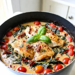 For this dish, you need some tasty main items: - 4 boneless, skinless chicken breasts - 1 cup cherry tomatoes, halved - 1 cup fresh spinach - 1/2 cup sun-dried tomatoes, chopped - 3 cloves garlic, minced - 1/2 cup cream (you can use coconut for dairy-free) - 1/2 cup grated Parmesan cheese (or nutritional yeast for dairy-free) These ingredients give the dish its fresh and rich flavor. The chicken serves as the star, while the tomatoes and spinach add color and nutrients. For the best taste, use good oils and spices: - 2 tablespoons olive oil - 1 teaspoon dried oregano - 1 teaspoon dried basil - 1/2 teaspoon red pepper flakes (adjust to taste) - Salt and pepper to taste Olive oil adds a nice richness. The herbs bring out the flavors of the chicken and veggies. Red pepper flakes add a little heat that you can adjust. To make your dish even better, think about these garnishes: - Fresh basil Adding fresh basil at the end gives a lovely touch. It makes the dish look nice and taste fresh. You can also use more cheese if you like! {{ingredient_image_1}} Start by seasoning the chicken breasts. Use salt, pepper, dried oregano, and dried basil. Season both sides well. This adds flavor to the chicken. Set the chicken aside while you prepare the pan. Heat a large skillet over medium-high heat. Add the olive oil to the hot skillet. When the oil shimmers, add the seasoned chicken breasts. Sear each side for about 5-6 minutes. Look for a golden brown color. This step locks in the chicken juices. Once done, take the chicken out and set it aside. In the same skillet, add minced garlic and cook for 30 seconds. Watch closely to avoid burning it. Next, stir in cherry tomatoes and sun-dried tomatoes. Cook for about 2-3 minutes until they soften. Then add fresh spinach and let it wilt. Pour in the cream and sprinkle red pepper flakes. Mix everything well and let it gently simmer. Return the seared chicken to the skillet. Spoon the flavorful sauce over the chicken. Sprinkle grated Parmesan cheese on top. Cover the skillet and let it simmer for 8-10 minutes. Check that the chicken reaches an internal temperature of 165°F (75°C). Enjoy the aroma as it cooks! To get the best sear on your chicken, start with dry breasts. Pat them with paper towels. This helps the chicken brown nicely. Use a hot skillet and enough olive oil. Heat the oil until it shimmers. Add the chicken and avoid crowding the pan. Cook for about 5-6 minutes on each side. This gives a golden crust. Always check the internal temperature. It should reach 165°F (75°C) for safety. If you want a dairy-free cream sauce, use coconut cream. It adds richness without dairy. You can also use cashew cream for a nutty flavor. Blend soaked cashews with water until smooth. Substitute grated Parmesan with nutritional yeast. It gives a cheesy taste without dairy. Adjust the seasoning to match your taste. Garlic burns quickly, so be careful. Always add it after your chicken is seared. Cook it for just 30 seconds until it smells great. If it starts to brown too fast, lower your heat. You can also add it with the tomatoes to keep it safe. Stir often to prevent burning. A little garlic adds huge flavor, but burnt garlic tastes bitter. Pro Tips Perfectly Sear the Chicken: Ensure your skillet is hot before adding the chicken. This will create a beautiful golden crust and seal in the juices. Fresh Herbs Matter: For a more vibrant flavor, use fresh herbs instead of dried when possible. They add a bright note to the dish. Adjusting Spice Levels: If you prefer a milder dish, reduce the red pepper flakes. You can always serve extra on the side for those who like it spicy! Make it Creamy: For an extra creamy sauce, let the dish simmer a little longer after adding the cream. This helps all the flavors meld together beautifully. {{image_2}} You can boost nutrition by adding more veggies. Consider using bell peppers, zucchini, or even mushrooms. These veggies add color and flavor. They also pack more vitamins. Simply sauté them with the garlic before adding the tomatoes. This keeps the dish healthy and tasty. You can switch the chicken for tofu or shrimp. Tofu works well for a plant-based meal. Use firm tofu and press it to remove water. Cut it into cubes and sauté like you would the chicken. Shrimp cooks fast and adds a nice seafood flavor. Just be careful not to overcook shrimp. Do you like heat? You can change the spice level easily. Add more red pepper flakes for a kick. If you prefer less heat, cut back on them. You can also add sweet paprika for flavor without the heat. Adjust spices to match your taste. This makes the dish perfect for everyone. To keep your One-Pan Tuscan Chicken fresh, store leftovers in an airtight container. Let the dish cool down first. This prevents steam from making it soggy. Place the container in the fridge. It will last for about three to four days. When you are ready to eat leftovers, reheating them is easy. You can use a microwave or a skillet. If using a microwave, place the chicken on a plate. Heat it for 2-3 minutes, checking every minute. If using a skillet, add a splash of cream to keep it moist. Heat it over medium-low heat until warm. If you want to save your One-Pan Tuscan Chicken for later, freezing is a great option. Make sure it has cooled down completely. Then, place it in a freezer-safe bag or container. Remove as much air as possible to avoid freezer burn. It can last up to three months in the freezer. When ready to eat, thaw it in the fridge overnight before reheating. It takes about 30 minutes to cook One-Pan Tuscan Chicken. This includes 10 minutes for prep and 20 minutes for cooking. You will love how quick and easy it is! Yes, you can use other types of cheese. Mozzarella or feta work well. Nutritional yeast is a great dairy-free option too. Choose what you like best for your dish. Yes, you can make this recipe in advance. Cook the chicken and sauce, then store them in the fridge. Reheat when ready to serve. This makes meal prep a breeze! You can serve One-Pan Tuscan Chicken with rice, pasta, or a fresh salad. Garlic bread also pairs nicely. Choose sides that complement the flavors of the chicken. Enjoy your meal! This blog post covered how to make One-Pan Tuscan Chicken. I shared key ingredients, cooking steps, and smart tips. You can add your favorite veggies or swap proteins. I also gave you storage advice and answered common questions. This dish is easy to make and full of flavor. You can enjoy a delicious meal with less hassle. Try it out, and I hope it becomes a go-to in your kitchen!