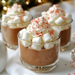 - 1 cup heavy whipping cream - 1/2 cup semi-sweet chocolate chips - 1/4 cup unsweetened cocoa powder - 1/4 cup powdered sugar - 1/2 teaspoon peppermint extract - 1/4 teaspoon vanilla extract - 1/2 cup mini marshmallows - Crushed peppermint candies for garnish - Whipped cream for topping Alternatives for heavy whipping cream: You can use coconut cream or cashew cream for a dairy-free option. Both provide a rich texture for your mousse. Choosing the right chocolate type: If you prefer sweeter flavors, try milk chocolate instead of semi-sweet. Dark chocolate can work if you like a richer taste. Variations in sweeteners: Use agave syrup or honey as a natural sweetener. They add a unique flavor and can suit different diets. {{ingredient_image_1}} 1. Start by melting semi-sweet chocolate chips. Use a heatproof bowl over a pot of simmering water. This is called a double boiler. Stir the chocolate until it is smooth. Once melted, remove it from the heat and let it cool a bit. 2. In another bowl, whip heavy cream. You can use a hand mixer or a stand mixer. Start mixing at medium speed until it thickens. 1. Gradually add powdered sugar, cocoa powder, peppermint extract, and vanilla extract to the whipped cream. Keep mixing until you see stiff peaks form. 2. Gently fold the cooled melted chocolate into the whipped cream. Be careful not to deflate the mixture. It should stay fluffy and light. 3. Spoon or pipe the mousse into individual cups, filling them about three-quarters full. 1. Top each mousse cup with mini marshmallows. Then, add a dollop of whipped cream on top. 2. Sprinkle crushed peppermint candies over the whipped cream. This adds a festive touch and a nice crunch. 3. Chill the mousse cups in the refrigerator for at least 30 minutes. This helps the flavors blend well and makes them extra tasty. To make your peppermint hot cocoa chocolate mousse cups just right, focus on two key elements: consistency and folding. - Achieving the right consistency: When whipping the cream, stop when you see stiff peaks. This means the cream holds its shape well. If you whip too much, it can turn into butter. - How to prevent deflating the mixture: When you fold in the melted chocolate, do it gently. Use a spatula and cut through the mixture. Turn the bowl as you fold. This keeps air in the mousse and makes it light. Serving your mousse cups can be as fun as making them! Here are some ideas to delight your guests. - Creative ways to present mousse cups: Use clear cups for a fancy look. Layer the mousse and toppings well. You can also add a mint leaf for color. A decorative platter can make a great base. - Best beverages to pair with the dessert: Hot cocoa or peppermint tea works well with these mousse cups. If you like coffee, a nice espresso can also be a good choice. Just make sure your drink balances the sweet mousse! Pro Tips Chill Your Equipment: For an even fluffier whipped cream, chill your mixing bowl and beaters in the refrigerator for about 15 minutes before whipping the cream. Quality Chocolate Matters: Use high-quality chocolate for the best flavor. The richer the chocolate, the more decadent your mousse will taste. Control the Sweetness: Adjust the amount of powdered sugar according to your taste. If you prefer a less sweet dessert, start with half the amount and add more if needed. Layering for Presentation: When filling your cups, consider layering the mousse with whipped cream and marshmallows for a beautiful visual effect. {{image_2}} You can make this dessert even more special with some fun flavors. Adding liqueurs is a great way to give your mousse a twist. Try a splash of peppermint schnapps for a minty kick. Or, go with Irish cream for a rich, creamy taste. Just remember, keep it light so you don’t overpower the chocolate flavor. If you want to explore other flavor extracts, think about using almond or orange. Almond adds a nutty note, while orange brings a zesty brightness. You can even mix different extracts to create your own unique blend. Just make sure to keep the amounts small. A little goes a long way! For those who want a dairy-free option, you can easily swap the heavy whipping cream. Use coconut cream instead. It whips up nicely and adds a tropical flavor to your mousse. Look for full-fat cans in the store. Just chill them overnight to get the best texture. If you need a sugar-free version, use a sugar substitute like erythritol or stevia. These sweeteners can work well in desserts. Start with small amounts and taste as you go. This way, you can find the right balance of sweetness without adding too much. To keep your mousse fresh, use airtight containers. Glass jars or plastic food containers work well. Make sure to cover the cups tightly. Leftover mousse lasts for about three days in the fridge. After this time, it may lose its fluffy texture. If you want to save mousse cups for later, freezing is a good option. To freeze, place the mousse in airtight containers. Leave some space at the top, as the mousse may expand. You can freeze mousse cups for up to one month. When you're ready to eat them, thaw the mousse in the fridge. Avoid using a microwave, as it can ruin the texture. Allow them to sit in the fridge for a few hours. This method helps keep the mousse creamy and smooth. How long do these mousse cups last? These mousse cups stay fresh for up to three days in the fridge. Store them in airtight containers to keep them from drying out. Can I make mousse cups ahead of time? Yes, you can make mousse cups a day in advance. This helps the flavors blend together nicely. Just chill them overnight before serving. Is it okay to use milk chocolate instead of semi-sweet? You can use milk chocolate, but it will make the mousse sweeter. Adjust the sugar to taste, so it is not too sweet for you. What is the best way to garnish mousse cups? Garnish with crushed peppermint candies for a festive look. Mini marshmallows and whipped cream also add great texture and taste. How can I add more peppermint flavor? Use more peppermint extract for a stronger flavor. You can also add crushed peppermint candies into the mousse for a nice surprise. This mousse recipe combines simple ingredients to create a tasty treat. You learned how to prepare it step by step and make fun variations. Perfecting the mousse is key to impressing your friends. Remember to store leftovers right to keep them fresh. With these tips, you can enjoy this dessert for days. Don’t hesitate to experiment with flavors and garnishes. The possibilities are endless, so have fun making it your own! Happy cooking!