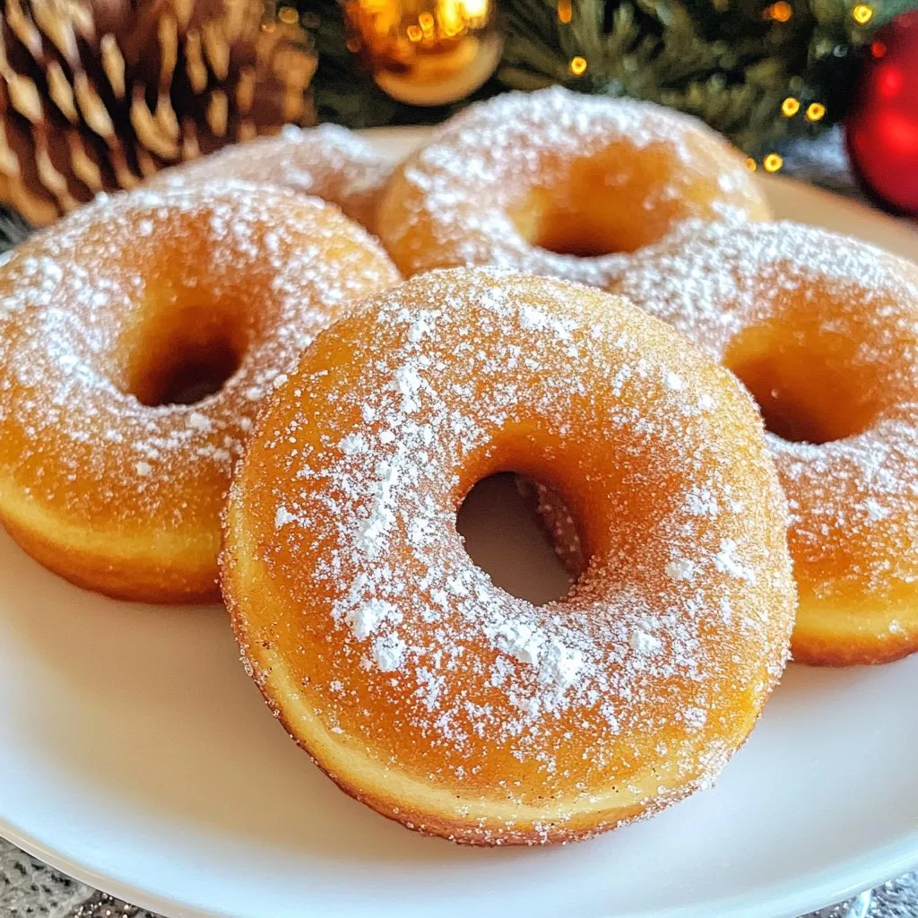 To make Air Fryer Gingerbread Donuts, you will need: - 1 cup all-purpose flour - 1/2 cup brown sugar, packed - 1 teaspoon ground ginger - 1 teaspoon ground cinnamon - 1/2 teaspoon ground nutmeg - 1/2 teaspoon baking soda - 1/2 teaspoon baking powder - 1/4 teaspoon salt - 1/2 cup unsweetened applesauce - 1 large egg, beaten - 1 tablespoon molasses - 1 teaspoon vanilla extract - Cooking spray If you lack some ingredients, here are easy swaps: - Use whole wheat flour for more fiber. - Maple syrup can replace brown sugar. - Ginger paste is a quick option for ground ginger. - For applesauce, try mashed bananas or yogurt. - You can use a flax egg instead of a regular egg. High-quality ingredients make a big difference. Here are my tips: - Choose organic flour for better taste and nutrition. - Look for pure vanilla extract, not imitation. - Pick unsweetened applesauce with no added sugars. - Check the freshness of your spices for full flavor. - For molasses, opt for unsulfured for a milder taste. {{ingredient_image_1}} Start by gathering your dry items. You need: - 1 cup all-purpose flour - 1/2 cup brown sugar, packed - 1 teaspoon ground ginger - 1 teaspoon ground cinnamon - 1/2 teaspoon ground nutmeg - 1/2 teaspoon baking soda - 1/2 teaspoon baking powder - 1/4 teaspoon salt In a large bowl, whisk these dry ingredients together. Mix until they are well combined. This step helps the spices blend into the flour evenly. The warm, cozy smell will fill your kitchen. Now, let’s focus on the wet ingredients. You’ll need: - 1/2 cup unsweetened applesauce - 1 large egg, beaten - 1 tablespoon molasses - 1 teaspoon vanilla extract In another bowl, mix the applesauce, beaten egg, molasses, and vanilla. Stir until the mixture is smooth. The molasses adds a rich flavor, making these donuts special. Next, combine the wet and dry mixtures. Slowly add the wet mix to the dry mix. Stir gently until just combined. It’s okay if a few lumps remain; don't overmix. Now, prepare a donut mold. Lightly coat it with cooking spray. Spoon the batter into the mold, filling each cavity about two-thirds full. This allows room for the donuts to rise while cooking. Preheat your air fryer to 350°F (175°C) for about 5 minutes. Once it’s ready, place the filled donut mold in the basket. Cook for 5 to 7 minutes. Look for a golden-brown color. To check doneness, insert a toothpick into the center. If it comes out clean, your donuts are ready. When done, let the donuts cool in the mold for a few minutes. Then, move them to a wire rack to cool completely. Enjoy the warm gingerbread aroma filling your home! To get the best texture for your air fryer gingerbread donuts, you need to mix carefully. Combine dry and wet ingredients gently. Mixing too much makes donuts tough. You want them soft and fluffy. Use unsweetened applesauce for moisture. It helps keep the donuts light. The right balance of spices adds warmth and flavor. Ginger, cinnamon, and nutmeg work well together. Make sure to fill the donut mold about 2/3 full. This allows room for rising without spilling. Air fryers can be tricky. Sometimes, donuts may cook unevenly. If this happens, check the basket. Make sure it’s not overcrowded. Air needs space to flow. If the donuts look too dark, reduce the time. Each air fryer is different. You might need to adjust cooking times. If your donuts are not cooking through, try lowering the temperature. You can cook longer at a lower temp. This helps donuts cook fully without burning. Always preheat your air fryer for even results. To check if your gingerbread donuts are done, use a toothpick. Insert it into the center of a donut. If it comes out clean, they are ready. If there’s batter on the toothpick, they need more time. Cooking times can vary based on your air fryer. Generally, they take about 5-7 minutes at 350°F. Let them cool in the mold for a few minutes. Then, move them to a wire rack. This helps them stay soft and prevents sogginess. Pro Tips Use Fresh Spices: Freshly ground spices can enhance the flavors of your donuts. Consider grinding your own ginger and nutmeg for the best taste. Check Your Donut Mold: Ensure your donut mold is compatible with your air fryer size. If it's too big, it may not cook evenly. Don’t Overmix: Overmixing the batter can lead to dense donuts. Mix just until combined for a lighter texture. Experiment with Toppings: Feel free to get creative with toppings! Consider adding crushed nuts, chocolate drizzle, or colored sprinkles for a festive touch. {{image_2}} You can make these gingerbread donuts even more fun! Try adding chocolate chips for a sweet twist. Dark chocolate pairs well with the spices. Chopped nuts like walnuts or pecans add crunch and flavor. Mix them into the batter before you fill the mold. Each bite will burst with new tastes! If you need gluten-free donuts, use a gluten-free flour blend. Many blends work well in baking. Just make sure it has a good mix of flours and starches. The taste and texture of your donuts will still be great. You might even want to add a bit of xanthan gum for extra binding. Toppings can change the whole look and taste of your donuts. You can dust them with powdered sugar for a simple finish. Or, make a glaze with powdered sugar and water, then dip the tops. For a festive touch, add sprinkles or crushed candies. These small changes make your gingerbread donuts stand out at any holiday table! To keep your air fryer gingerbread donuts fresh, store them in an airtight container. You can leave them on the counter for up to three days. If you want to keep them longer, refrigerate them for up to a week. Just remember to let them cool completely before storing. This helps prevent moisture buildup, which can make them soggy. Freezing is a great option if you want to save some donuts for later. To freeze the donuts, place them in a single layer on a baking sheet. Let them freeze for about an hour until firm. After that, transfer them to a freezer-safe bag or container. They can stay in the freezer for up to three months. When you’re ready to enjoy a donut, just thaw it in the fridge or at room temperature. Reheating your gingerbread donuts is easy. For the best results, use your air fryer again. Preheat it to 350°F (175°C). Heat the donuts for about 2-3 minutes. This warms them up and keeps them crispy. You can also use a microwave, but be careful not to overheat them. A few seconds should do the trick. Enjoy your warm donuts just like fresh! You can tell the donuts are done by checking their color and texture. They should be golden brown and firm to the touch. Use a toothpick to check. Insert it in the center of a donut. If it comes out clean, they are ready! Yes, you can! You can substitute brown sugar with coconut sugar or maple syrup. Just remember to adjust the amount. If using liquid sweeteners, reduce the other liquids in your batter slightly. To make these donuts vegan, you can replace the egg with a flax egg. Mix one tablespoon of ground flaxseed with three tablespoons of water. Let it sit for about five minutes until it thickens. This works great in the recipe! You can make the donuts healthier by using whole wheat flour instead of all-purpose flour. You can also reduce the sugar or use a natural sweetener. Adding mashed bananas or pumpkin puree can also boost nutrition! You learned how to make delicious gingerbread donuts today. We covered the best ingredients and tips for choosing quality ones. I shared step-by-step instructions for mixing and air frying. You also discovered helpful tricks to perfect texture and check doneness. There are fun flavor variations and storage tips for your leftovers, too. Now, with these details, you can create tasty donuts at home. Enjoy the process and get creative with your flavors!