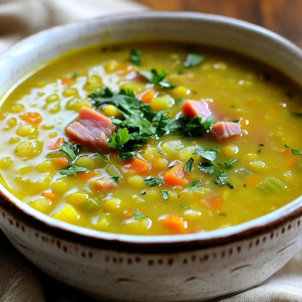 To make a hearty split pea soup with ham bone, you need these key items: - 1 pound green split peas, rinsed and drained - 1 meaty ham bone (or 2 cups diced smoked ham) - 1 medium onion, chopped - 2 cloves garlic, minced - 3 medium carrots, diced - 2 celery stalks, diced - 6 cups low-sodium chicken or vegetable broth - 1 teaspoon dried thyme - 1 bay leaf - Salt and pepper to taste - 1 tablespoon olive oil - Fresh parsley, chopped (for garnish) You can add extra flavors with these items: - 1 teaspoon smoked paprika for depth - 1 tablespoon apple cider vinegar for brightness - A dash of cayenne pepper for heat - 1 cup diced potatoes for heartiness Each serving of this soup provides a comforting mix of nutrients: - Calories: 200 - Protein: 15g - Carbohydrates: 30g - Dietary Fiber: 10g - Total Fat: 5g - Saturated Fat: 1g - Sodium: 300mg This soup is not only tasty but also filling and good for you! {{ingredient_image_1}} Start by chopping the onion, carrots, and celery. You want them small enough to cook quickly. Heat olive oil in a large pot over medium heat. Add the chopped onion, diced carrots, and diced celery. Sauté them for 5 to 7 minutes. You’re looking for the onion to become soft and clear. This mix adds great flavor to the soup. Next, add minced garlic to the pot. Cook it for 1 to 2 minutes. You want to smell that garlic! It adds a nice kick to your soup. Now, it’s time for the star of the show: the split peas! Add the rinsed split peas, ham bone or diced ham, broth, thyme, and bay leaf to the pot. Stir well to mix everything together. Bring the soup to a boil, then lower the heat. Cover it and let it simmer for about 1 hour. Stir it occasionally to keep things from sticking. If you used a ham bone, take it out after an hour. Let it cool a bit, then shred the meat. Return the shredded ham to the pot. This adds lots of flavor and texture to your soup. Remove the bay leaf before serving. Season the soup with salt and pepper to taste. If the soup is too thick, add more broth or water. Simmer for another 10 minutes. This helps all the flavors blend nicely. Serve your soup hot in warm bowls. Don’t forget to garnish with fresh parsley! It adds a pop of color and fresh taste. Enjoy your hearty split pea soup with ham! To make great split pea soup, start with good peas. Use fresh, green split peas. Rinse them well to remove dirt and dust. Soaking is not needed, but it can help them cook faster. Use a meaty ham bone or diced ham for rich flavor. The fat from the ham adds depth to the soup. Always sauté your veggies first. This brings out their sweetness and enhances the taste. When it comes to seasoning, less is more at first. Use salt and pepper to bring out the flavors. Add salt slowly so you don't overdo it. Thyme and bay leaf are great herbs for this soup. They create a warm, comforting taste. After cooking, taste your soup before serving. Adjust the seasoning as needed. You can also add a splash of vinegar for brightness. Want to save time? Chop your veggies in advance. Store them in the fridge for quick use later. You can also make the soup in a big batch. It freezes well and tastes even better the next day. Use a pressure cooker for faster cooking. It cuts the time down to about 30 minutes. If you have leftover ham, use it in other meals to reduce waste. Pro Tips Soak the Peas: For an even creamier soup, soak the split peas in water for a few hours or overnight before cooking. This helps to soften them quicker during the cooking process. Add Smokiness: If you want to enhance the smoky flavor, you can add a few drops of liquid smoke or a smoked paprika seasoning to the soup while it simmers. Vegetable Variations: Feel free to add other vegetables like potatoes or leeks for extra flavor and texture, making your soup even heartier. Storage Tips: This soup stores well in the refrigerator for up to 5 days, and it freezes beautifully. Just ensure it cools completely before transferring it to airtight containers. {{image_2}} You can make a tasty vegetarian split pea soup. To do this, skip the ham bone and use vegetable broth instead. Add more veggies like bell peppers, zucchini, or spinach for extra flavor. You can also use smoked paprika for a smoky taste without the meat. This soup still provides warmth and comfort. If you want to change the meat, try using diced turkey or chicken. Both give great flavor and still keep the soup hearty. You can also add bacon for a smoky touch. Just cook the bacon first, then sauté your veggies in the bacon fat for added taste. To make your soup special, add different herbs and spices. Try using rosemary or cumin for a new taste. A splash of hot sauce can also bring heat and zing. For a creamy touch, stir in some coconut milk at the end. This gives a rich texture and a hint of sweetness. To keep your split pea soup fresh, let it cool first. Then, pour it into an airtight container. Make sure to leave some space at the top. This helps the soup expand if it freezes. Store it in the fridge if you plan to eat it soon. It will last for about three to four days. For longer storage, freezing is best. When you are ready to enjoy your soup again, take it out of the fridge. Pour the soup into a pot and heat it over medium heat. Stir it often to warm it evenly. If it seems too thick, add a splash of broth or water. This will help bring back its creamy texture. You can also reheat it in the microwave. Just cover the bowl and heat it in short bursts, stirring in between. Freezing is a great way to save your split pea soup. After the soup cools, pour it into freezer-safe containers. Leave some space at the top for expansion. You can also use freezer bags for easy storage. Just remember to lay them flat until frozen. This saves space in your freezer. When you want to eat it, thaw it overnight in the fridge. Then, reheat as described above for a warm, tasty meal. Yes, you can make split pea soup in a slow cooker. Just follow these steps: - Sauté the onion, carrots, celery, and garlic in a pan. - Add them to the slow cooker with the other ingredients. - Cook on low for 6-8 hours or on high for 4-5 hours. This method gives you a rich flavor and tender peas. Split pea soup will last about 3 to 5 days in the fridge. Store it in an airtight container. Make sure it cools down before sealing. Always check for any signs of spoilage before eating. Split pea soup pairs well with many sides. Here are some great options: - Crusty bread or rolls for dipping. - A fresh green salad to add crunch. - Cornbread for a cozy touch. - A dollop of sour cream or yogurt for creaminess. These sides enhance the soup's flavor and make a complete meal. We covered the key ingredients and steps to make split pea soup. You learned how to prepare it, cook it, and add fun flavors. I shared tips for the best taste and time-saving hacks. You now know variations, from vegetarian options to meat choices, and how to store leftovers. With the right techniques and a bit of creativity, you can make this soup your own. Enjoy every bowl and share it with others!