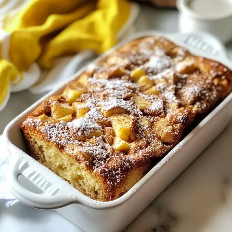 To make incredible cinnamon apple bread, you need these simple ingredients: - 2 cups all-purpose flour - 1 teaspoon baking powder - 1/2 teaspoon baking soda - 1/2 teaspoon salt - 1 teaspoon ground cinnamon - 1/2 cup granulated sugar - 1/2 cup packed brown sugar - 1/2 cup unsalted butter, softened - 2 large eggs - 1 teaspoon vanilla extract - 1/2 cup Greek yogurt or sour cream - 2 cups apples, peeled and diced (about 2 medium-sized apples) - 1/4 cup chopped walnuts (optional) - 1 tablespoon cinnamon sugar (for topping) Each ingredient plays a key role. Flour gives structure. Baking powder and baking soda help it rise. Salt brings out flavor. Cinnamon adds warmth. Sugar sweetens the bread, making it a treat. Butter ensures moisture and richness. Eggs bind everything together. Vanilla and yogurt add depth to the flavor. Apples give a lovely texture, while walnuts add crunch. You can easily swap some ingredients if needed: - Use whole wheat flour for a healthier twist. - Applesauce can replace the butter for a lighter option. - If you lack Greek yogurt, sour cream works just as well. - Any sweetener can replace granulated and brown sugar. - You can leave out walnuts if you prefer a nut-free bread. These swaps help you customize the recipe to fit your needs. Each slice of this cinnamon apple bread provides a tasty treat. Here’s a rough estimate per slice: - Calories: 180 - Total Fat: 7g - Saturated Fat: 4g - Cholesterol: 40mg - Sodium: 150mg - Total Carbohydrates: 27g - Dietary Fiber: 1g - Sugars: 10g - Protein: 3g This bread offers a balance of carbs and protein. Enjoying a slice with coffee gives you energy without overindulging. {{ingredient_image_1}} 1. Preheat your oven to 350°F (175°C). This will help the bread bake evenly. 2. Grease and flour a 9x5 inch loaf pan. This prevents the bread from sticking. 3. In a medium bowl, whisk together 2 cups of flour, 1 teaspoon of baking powder, 1/2 teaspoon of baking soda, 1/2 teaspoon of salt, and 1 teaspoon of ground cinnamon. This mix gives the bread its structure and flavor. 4. In a large mixing bowl, cream together 1/2 cup of softened unsalted butter, 1/2 cup of granulated sugar, and 1/2 cup of packed brown sugar. Mix for 2-3 minutes until it’s light and fluffy. 5. Add 2 large eggs, one at a time, mixing well after each. Then add 1 teaspoon of vanilla extract and 1/2 cup of Greek yogurt or sour cream. Mix until combined. 6. Gradually add the dry ingredients to the wet mixture. Stir until just combined. Be careful not to overmix. 7. Fold in 2 cups of peeled and diced apples and 1/4 cup of chopped walnuts if you like. Gently mix them into the batter. 8. Pour the batter into the prepared loaf pan. Smooth the top with a spatula. 9. In a small bowl, mix 1 tablespoon of cinnamon sugar. Sprinkle it generously over the batter. 10. Bake in the preheated oven for 55-65 minutes. Check with a toothpick; it should come out clean. 11. Once baked, take it out of the oven. Let the bread cool in the pan for 10 minutes. Then, move it to a wire rack to cool completely. This process ensures your bread turns out moist and full of flavor. Enjoy the sweet aroma filling your kitchen as it bakes! Baking can be tricky. Here are some tips to help you succeed. Always preheat your oven. This ensures even baking. Use room temperature butter and eggs. They mix better and create a smooth batter. Don't overmix your batter. This can make your bread tough. Lastly, check for doneness with a toothpick. If it comes out clean, your bread is ready. Measuring ingredients right is key. Use dry measuring cups for flour and sugar. Fill the cup, then level it off with a knife. For sticky ingredients like peanut butter, use a liquid measuring cup. Spray it with cooking oil first. This helps the ingredient slide out easily. Always check expiration dates on baking soda and powder. Fresh ingredients make better bread. Moist bread is the best. Here’s how to keep it that way. Use Greek yogurt or sour cream. They add moisture without making it heavy. Also, don’t skip the apples. They release water as they bake. If your bread feels dry, add a bit more yogurt next time. Lastly, store your bread in an airtight container. This keeps it fresh longer. Enjoy your delicious, moist cinnamon apple bread! Pro Tips Use Fresh Apples: For the best flavor and texture, opt for crisp, fresh apples like Granny Smith or Honeycrisp. Don’t Overmix: When combining the wet and dry ingredients, mix only until just combined to keep the bread light and fluffy. Cool Completely: Allow the bread to cool completely on a wire rack before slicing to prevent it from becoming gummy. Enhance with Spices: Feel free to add extra spices like nutmeg or allspice for a more complex flavor profile. {{image_2}} You can easily change the flavor of this bread by adding other fruits. Try diced pears, bananas, or even berries. Each fruit brings its unique taste. For pears, use the same amount as apples. For bananas, mash them first and add about one cup. Berries, like blueberries or raspberries, add a pop of color and flavor. Just make sure to keep the total fruit amount around two cups. If you prefer gluten-free bread, use a gluten-free flour blend. Many blends work well in baking. Look for blends that include xanthan gum, as it helps with texture. Replace the all-purpose flour one-for-one with the gluten-free blend. You might need to adjust the liquid slightly. Start with the same amount of Greek yogurt, then add more if the batter is too thick. To make this recipe vegan, swap out the eggs for flax eggs. Mix one tablespoon of ground flaxseed with three tablespoons of water for each egg. Let it sit for five minutes until it thickens. Replace the Greek yogurt with a non-dairy yogurt, like almond or coconut yogurt. For butter, use a vegan butter or coconut oil. These changes will keep the bread moist and tasty. To keep your cinnamon apple bread fresh, wrap it tightly in plastic wrap. This helps maintain moisture. You can also place it in a zip-top bag. Store it at room temperature for up to three days. If you want it to last longer, consider freezing it. Freezing is easy and great for long-term storage. First, let the bread cool completely. Then, slice it into pieces. Wrap each slice in plastic wrap. Place the wrapped slices in a freezer bag. This way, you can take out just what you need. The bread stays good for up to three months in the freezer. Choose the right container for the best results. Use an airtight container or a glass dish with a lid. This keeps your bread fresh and prevents it from drying out. If you use a bag, squeeze out the air before sealing. Always label your containers with the date. This helps you know when to use the bread. The best apples for this bread are firm and sweet. I recommend using Granny Smith or Honeycrisp apples. They hold their shape well when baked. They also add a nice tang and sweetness to the bread. You can use other types too. Just pick apples that you enjoy eating. Yes, you can use different flours. If you want a gluten-free option, try almond or coconut flour. Just remember, these flours may change the texture. If you prefer whole wheat flour, that works too. It will make the bread denser but adds more flavor and fiber. To reduce the sweetness, cut back on the sugar. You can use only a quarter cup of each sugar type. You can also replace some sugar with applesauce. This will keep the bread moist and add natural sweetness. Adjusting the sugar lets you control the flavor. This post covered how to make delicious cinnamon apple bread. We explored ingredients, step-by-step instructions, and tips. You now know how to avoid baking mistakes and keep your bread moist. Variations let you adapt the recipe to your needs, whether you prefer gluten-free or vegan options. Plus, storing the bread properly ensures it stays fresh. With these skills and knowledge, you can create a tasty treat for any occasion. Enjoy baking and make your kitchen a fun place!