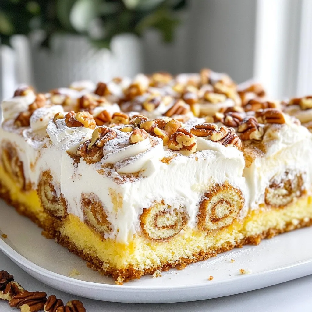 To make your Cinnamon Roll Poke Cake, gather these simple ingredients: - 1 box yellow cake mix (plus ingredients called for on the box) - 1 cup cinnamon rolls (roughly 5-6 rolls, chopped) - 1 cup sweetened condensed milk - 1 tablespoon ground cinnamon - 1/2 cup cream cheese frosting (store-bought or homemade) - 1/2 cup powdered sugar - 1 teaspoon vanilla extract - 1/4 cup milk - Optional: chopped pecans or walnuts for topping These ingredients come together to create a dessert that is both easy to make and delicious. The yellow cake mix serves as a soft base. Chopped cinnamon rolls add delightful bites throughout the cake. Sweetened condensed milk and ground cinnamon form a sweet filling that seeps into the cake. The cream cheese frosting adds a rich, creamy layer on top. You can sprinkle nuts for extra crunch if you like. Using these basic ingredients, you can create something special. You will impress your family and friends with this easy poke cake. {{ingredient_image_1}} - Set temperature to 350°F (175°C) - Grease the baking dish Start by preheating your oven to 350°F. This step is key for even baking. While that heats up, grab a 9x13 inch baking dish and grease it. Use butter or cooking spray to coat the bottom and sides well. This will help the cake come out smoothly. - Mix yellow cake according to package instructions - Pour batter into the baking dish Next, open your box of yellow cake mix. Follow the instructions on the box carefully. Usually, you will add water, eggs, and oil. Mix until it’s smooth and free of lumps. Once mixed, pour the batter into your greased baking dish. Make sure it spreads evenly across the bottom. - Add and bake cinnamon rolls - Create poke holes in cooled cake Now, chop your cinnamon rolls into small pieces. Sprinkle these pieces evenly over the cake batter, pushing them in slightly. Bake in the oven for 25 to 30 minutes. Check for doneness with a toothpick. Once done, let it cool for about 10 minutes. After cooling, take a wooden spoon handle or skewer and poke holes all over the cake. Space the holes about 1-2 inches apart. - Mix sweetened condensed milk and ground cinnamon - Pour over cake, letting it absorb In a bowl, mix sweetened condensed milk with ground cinnamon. Stir until well combined. Slowly pour this mixture over the cake, focusing on filling the poke holes. Allow the cake to sit for at least 30 minutes. This lets the flavors soak in and makes the cake extra moist. - Prepare frosting with cream cheese, powdered sugar, vanilla, and milk - Spread over the cake For frosting, mix cream cheese frosting, powdered sugar, vanilla extract, and milk in a bowl. Stir until it’s nice and smooth. Once mixed, spread the frosting evenly over the top of the cake. This will add a creamy layer that perfectly complements the cake. - Recommended refrigeration time for better flavor Finally, refrigerate the cake for at least 2 hours before serving. Chilling enhances the flavor, making every bite taste divine. When ready to serve, slice and enjoy this delightful treat! - Every oven is different. Check your cake at 25 minutes. - Insert a toothpick in the center to check if it's done. If it comes out clean, your cake is ready. - For creamy frosting, mix well. Start with room-temperature cream cheese. - If you run out of powdered sugar, blend granulated sugar until fine. - Serve slices on bright plates to make them pop. - Drizzle with caramel sauce and sprinkle nuts on top for a lovely finish. Pro Tips Choose the Right Cake Mix: Opt for a high-quality yellow cake mix for a moist and flavorful base that complements the cinnamon rolls perfectly. Let It Cool Properly: Allow the cake to cool for at least 10 minutes before poking holes to prevent it from falling apart. Experiment with Fillings: Try adding different flavored condensed milk or even caramel sauce for a unique twist on this poke cake. Chill Before Serving: Refrigerate the cake for a couple of hours after frosting to enhance the flavors and make it easier to slice. {{image_2}} You can switch things up with different cake flavors. Chocolate cake mix adds a rich twist. A spiced cake mix brings a warm, cozy vibe. Try adding fillings like fruit or nuts for fun textures. You can mix in chocolate chips or even caramel bits. Toppings like whipped cream or candy can add extra joy to your cake. If you need a gluten-free option, look for a gluten-free cake mix. Many brands offer this choice now. For a vegan frosting, swap cream cheese for a plant-based option. Use coconut cream or a nut-based yogurt instead. These changes make it easy for everyone to enjoy this dessert. Seasonal flavors can make this cake even more special. Try adding pumpkin spice for fall gatherings. You can also use peppermint for a festive touch in winter. Customize the cake for birthdays or holidays too. Adding sprinkles or themed decorations can make it perfect for any celebration. To keep your cinnamon roll poke cake fresh, store it in the fridge. Use an airtight container or cover it tightly with plastic wrap. This helps prevent the cake from drying out. Try to eat the cake within 4 to 5 days for the best taste. The longer it sits, the less fresh it will become. If you want to save some cake for later, you can freeze it. First, cut the cake into slices. Wrap each slice tightly in plastic wrap. Then, place the wrapped slices in a freezer-safe bag. You can freeze the cake for up to 3 months. When you're ready to eat it, take it out and place it in the fridge overnight to thaw. This keeps it moist and tasty for you to enjoy later! A poke cake is a fun and easy dessert. You bake a cake, then poke holes in it. This lets the filling soak in, making it super moist. The filling can be anything, like sweetened condensed milk or pudding. For this recipe, we use sweetened condensed milk and cinnamon. This adds a rich flavor that pairs well with the cake. The cake stays fresh for about 3-5 days in the fridge. To keep it tasty, cover it well. Use plastic wrap or a cake dome. The longer it sits, the more the flavors blend. Just remember, if it starts to look or smell off, it's best to toss it. Yes, you can make your own frosting! Combine cream cheese, powdered sugar, vanilla, and milk. This gives your cake a creamy texture. If you want it sweeter, add more sugar. You can also try adding cocoa powder for a chocolate twist. Homemade frosting adds a personal touch to your cake. Absolutely! You can bake the cake a day in advance. Just let it cool, poke the holes, and add the filling. Cover it and store it in the fridge. Frost it right before you serve. This makes it easy for parties or gatherings. Preparing ahead saves you time and stress! This poke cake combines yellow cake mix and cinnamon rolls for a unique dessert. You learned how to bake it, from the batter to the creamy frosting. Remember to chill it for better flavor. Experiment with different flavors or dietary options to suit your taste. Proper storage keeps leftovers fresh. Poke cakes are fun and easy to make, perfect for any occasion. Enjoy this sweet treat with family and friends!