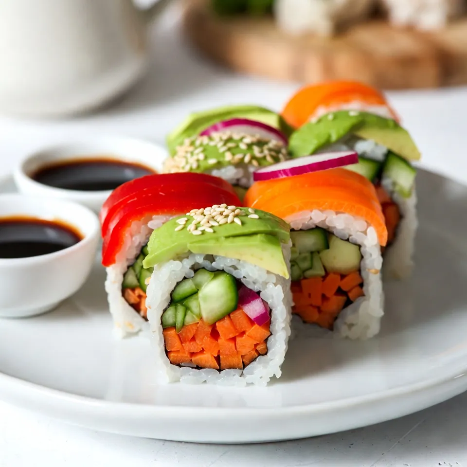 - 1 cup sushi rice - 1 1/4 cups water - 4 sheets nori (seaweed) - 1 small cucumber, julienned - 1 carrot, peeled and julienned - 1 avocado, sliced - 1 small bell pepper, thinly sliced - 1 radish, thinly sliced For Rainbow Veggie Sushi Rolls, start with sushi rice. Rinse it well under cold water until it’s clear. This step helps remove extra starch. Then, combine the rice and water in a pot. Bring it to a boil, lower the heat, and cover. Let it cook for 15 minutes. After that, let it sit for another 10 minutes off the heat. This makes the rice fluffy and sticky, perfect for rolling. Next, you need nori, which is seaweed. It holds everything together. Choose fresh sheets for the best flavor. For the colorful filling, julienne cucumber and carrot. Slice up the avocado, bell pepper, and radish. These fresh veggies not only add color but also crunch and taste. - 1 tablespoon rice vinegar - 1 teaspoon sugar - 1/2 teaspoon salt - Sesame seeds for garnish - Soy sauce for dipping Now for the seasoning! In a small bowl, mix rice vinegar, sugar, and salt. Heat it in the microwave for about 20 seconds. This helps the sugar dissolve. Once the rice is cool, fluff it and add this mixture. It gives the rice a nice tang. When serving, sprinkle sesame seeds on top for a delightful crunch. Soy sauce works great for dipping. This adds a salty kick that pairs well with the fresh veggies. Enjoy your sushi rolls! {{ingredient_image_1}} To start, you need to rinse the sushi rice. Place it in a bowl. Run cold water over it. Swirl the rice with your hand. Drain the water when it looks clear. This step is important for a good texture. Next, cook the rinsed rice. In a medium pot, combine the rice and water. Bring it to a boil over medium heat. When it boils, lower the heat and cover the pot. Let it simmer for 15 minutes. After that, remove it from the heat and let it sit for 10 minutes. While the rice cools, make the vinegar mix. In a small bowl, mix rice vinegar, sugar, and salt. Heat it in the microwave for 20 seconds. Stir until the sugar dissolves. When the rice is ready, fluff it with a fork. Gently mix in the vinegar mixture. Allow the rice to cool completely. Now it’s time to assemble the rolls. Place a bamboo sushi mat on a clean surface. Lay a sheet of nori on top, shiny side down. Wet your hands to keep the rice from sticking. Take about 1/4 of the sushi rice, about 1/2 cup. Spread it evenly over the nori. Leave a 1-inch border at the top. Next, arrange your vegetables. Lay a line of cucumber, carrot, avocado, bell pepper, and radish along the center of the rice. This adds color and crunch. Now, roll the sushi. Start from the bottom and use the sushi mat to roll it away from you. Apply light pressure to form a tight roll. When you reach the top, seal the edge with a little water. To serve, slice the sushi rolls. Use a sharp knife and cut it into 6-8 pieces. Wipe the knife with a damp cloth between cuts. This keeps the slices clean and neat. For presentation, serve the sushi rolls on a bamboo platter. Add small bowls of soy sauce for dipping. You can also garnish with pickled ginger and wasabi. This adds flavor and makes the dish look fancy. Wet your hands before you start rolling. This keeps the rice from sticking to your fingers. You want a smooth rolling process, so don’t skip this step. When you roll the sushi, apply the right pressure. Start firm but gentle. Too much pressure can crush your veggies. A tight roll holds everything together and makes for neat slices. To add a kick to your rolls, consider sauces. Soy sauce is classic and pairs well. You can also try sriracha for some heat. Garnish with pickled ginger and wasabi. These add zing and complement the fresh veggies. They enhance the flavors and make your sushi pop! Pro Tips Use Fresh Ingredients: Choose fresh vegetables for the best flavor and texture in your sushi rolls. Look for vibrant colors and firm textures. Perfectly Cooked Rice: Ensure your sushi rice is cooked properly—sticky but not mushy. The right consistency is key for rolling. Experiment with Fillings: Don't be afraid to customize your sushi with different fillings. Try adding cooked shrimp, tofu, or other colorful veggies. Keep It Clean: Wet your knife with water before slicing to prevent the rice from sticking and to create cleaner cuts. {{image_2}} You can easily make this sushi your own. Start with the veggies. Try using sweet potato, zucchini, or even asparagus. Each adds a new flavor and texture. You can even mix and match colors for a fun look. If you want more protein, add tofu or shrimp. Tofu can be cubed and marinated for extra taste. Shrimp can be cooked and sliced thin. Both options boost the roll's protein while keeping it tasty. To keep your sushi vegan, use only plant-based ingredients. Check if your nori is gluten-free. Most brands are safe, but it's good to read the label. For gluten-free sushi rice, ensure it is labeled as such. If you want to change up the rice, try quinoa or brown rice. Just make sure to adjust cooking times for these alternatives. To keep your sushi rolls fresh, wrap them tightly in plastic wrap. This helps prevent air from drying them out. Place the wrapped rolls in an airtight container. Store them in the fridge for up to two days. - Best practices for refrigeration: - Keep sushi rolls chilled at all times. - Avoid stacking rolls to prevent squishing. - Tips for maintaining freshness: - Use fresh nori; it keeps the rolls crisp. - If the rice feels hard, try adding a bit of water before eating. Sushi is best enjoyed fresh, but you can still serve leftovers. If your sushi has cooled, let it sit at room temperature for about 10 minutes. This helps the flavors bloom again. - Ideal ways to serve sushi after storage: - Serve with soy sauce and wasabi on the side. - Garnish with sesame seeds for a crunchy touch. - Enhancing flavor after refrigeration: - Drizzle a little rice vinegar on top to refresh the taste. - Add a sprinkle of fresh herbs for a burst of flavor. Can you make rainbow veggie sushi rolls ahead of time? Yes, you can make rainbow veggie sushi rolls ahead of time. However, they taste best fresh. If you make them early, store them in the fridge. Keep them wrapped in plastic wrap to avoid drying out. Eat them within 24 hours for the best flavor. What is the nutritional value of veggie sushi? Veggie sushi is low in calories and high in nutrients. Each roll has fiber, vitamins, and minerals from fresh vegetables. The sushi rice adds some carbs, but it is still a healthy choice. You can also control the ingredients to fit your diet. How do you keep sushi rice from getting sticky? To keep sushi rice from getting sticky, rinse it well before cooking. Use cold water until it runs clear. This removes excess starch. Also, wet your hands while handling the rice. This helps prevent sticking when you spread it on the nori. What sauces pair well with veggie sushi? Soy sauce is the classic choice for veggie sushi. It adds umami flavor and depth. You can also try spicy mayo or ponzu sauce for a twist. For a fun touch, serve with pickled ginger and wasabi on the side. Rainbow veggie sushi rolls are fun to make and healthy to eat. We covered ingredients like sushi rice and fresh veggies. I shared steps for cooking rice, assembling rolls, and cutting them perfectly. You learned tips for rolling and making your sushi unique. Proper storage helps keep sushi fresh. Now, go ahead and create your own vibrant rolls! Enjoy the process and share them with friends. With practice, your sushi will impress everyone. Dive into this tasty world, and have fun with your culinary skills!