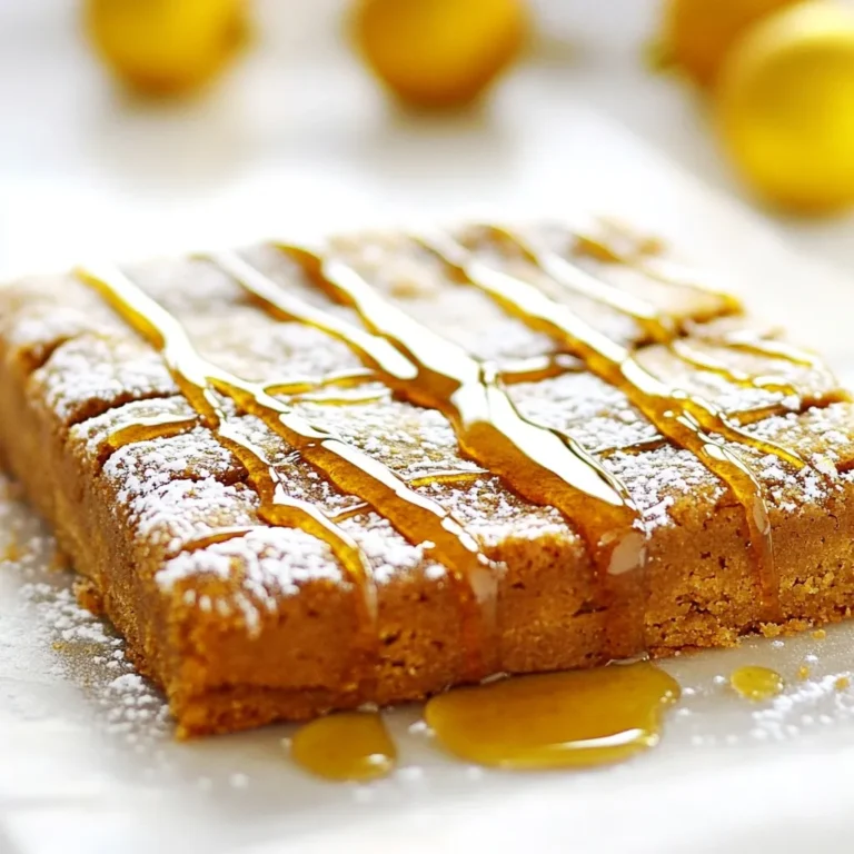 To make these Gingerbread Cookie Bars, you need: - 2 ½ cups all-purpose flour - 1 teaspoon baking powder - 1 teaspoon baking soda - 2 teaspoons ground ginger - 2 teaspoons ground cinnamon - ½ teaspoon ground nutmeg - ½ teaspoon ground cloves - ½ teaspoon salt - ¾ cup unsalted butter, softened - 1 cup brown sugar, packed - 1 large egg - ½ cup molasses - 1 teaspoon vanilla extract - ½ cup maple syrup (for drizzling) - Optional: powdered sugar for dusting You can change some ingredients if needed. Here are a few ideas: - Use whole wheat flour for a healthier option. - Swap brown sugar with coconut sugar for a lighter flavor. - Maple syrup can be replaced with honey or agave syrup. - If you want a dairy-free version, use vegan butter instead of unsalted butter. - For a richer taste, try adding dark chocolate chips. Measuring your ingredients correctly helps ensure your bars come out perfect. Here are some tips: - Spoon flour into your measuring cup without packing it down. - Level off the flour with a knife for accuracy. - Brown sugar should be packed tightly in the cup before measuring. - Use a liquid measuring cup for molasses and vanilla extract. - Always use the correct measuring spoon for dry and wet ingredients. These simple steps set you up for success when making Gingerbread Cookie Bars! {{ingredient_image_1}} First, preheat your oven to 350°F (175°C). This temperature helps bake the bars evenly. Next, take a 9x13 inch baking dish. You can grease it with butter or oil. Alternatively, line it with parchment paper. This makes removing the bars easy later. In a medium bowl, gather your dry ingredients. Combine 2 ½ cups of all-purpose flour, 1 teaspoon of baking powder, and 1 teaspoon of baking soda. Then, add 2 teaspoons of ground ginger, 2 teaspoons of ground cinnamon, ½ teaspoon of ground nutmeg, ½ teaspoon of ground cloves, and ½ teaspoon of salt. Whisk everything together until it looks well mixed. This mix gives the bars their warm, spicy flavor. In a large bowl, take ¾ cup of softened unsalted butter and 1 cup of packed brown sugar. Use an electric mixer to cream these together. Mix until it is fluffy and light in color. Next, add 1 large egg, ½ cup of molasses, and 1 teaspoon of vanilla extract. Mix until it is all blended. Slowly add the dry mix into the wet mix. Stir on low speed until just combined. Be careful not to overmix, as this keeps your bars soft. Pour the cookie batter into your prepared dish. Use a spatula to spread it out evenly. Place it in the preheated oven. Bake for 20 to 25 minutes. To check if they are done, insert a toothpick in the center. If it comes out clean, they are ready. Once baked, take them out and let them cool in the pan for about 10 minutes. Then, transfer the bars to a wire rack to cool completely. Drizzle with maple syrup or dust with powdered sugar for that festive touch before cutting into squares or bars. Enjoy your tasty Gingerbread Cookie Bars! To get soft and chewy gingerbread cookie bars, use fresh spices. Old spices lose flavor and may affect texture. Make sure your butter is soft but not melted. Cream it well with brown sugar until light and fluffy. This helps the bars rise and stay tender. Watch the baking time closely. Every oven is different. Start checking at 20 minutes. Insert a toothpick in the center. If it comes out clean, your bars are ready. If not, bake for a few more minutes. Don’t overbake, as that makes them dry. For a festive touch, drizzle warm maple syrup on top. You can also dust with powdered sugar for a snowy look. Adding some chopped nuts or chocolate chips can give extra flavor. Get creative! You can even add sprinkles for fun and color. Pro Tips Use Fresh Spices: For the best flavor, make sure your spices are fresh. Ground spices can lose their potency over time, so check the expiration date and replace any that are old. Chill the Dough: If you have time, chill the cookie batter for about 30 minutes before baking. This helps the flavors meld and can result in a better texture. Check for Doneness: Since ovens can vary, start checking your bars a couple of minutes before the suggested baking time. They are done when a toothpick inserted in the center comes out clean. Store Properly: To keep your Gingerbread Cookie Bars fresh, store them in an airtight container at room temperature. You can also freeze them for longer storage—just thaw before serving. {{image_2}} You can make gluten-free gingerbread cookie bars with ease. Just swap the all-purpose flour for a gluten-free blend. Look for a mix that contains xanthan gum. This helps bind the dough. Follow the same steps in the recipe, and you’ll have tasty bars that everyone can enjoy. To make these bars vegan, replace the egg with a flax egg. To make a flax egg, mix 1 tablespoon of ground flaxseed with 2.5 tablespoons of water. Let it sit for five minutes. Use coconut oil instead of butter, and choose a plant-based molasses if needed. These small changes will keep your bars delicious and plant-based. You can jazz up your gingerbread cookie bars with fun flavors. Adding nuts like walnuts or pecans gives a nice crunch. You can also mix in chocolate chips for a sweet twist. Try adding dried fruit, like raisins or cranberries, for extra flavor. Each addition creates a new taste experience, making them unique every time you bake! To keep your gingerbread cookie bars fresh, store them in an airtight container. This helps prevent drying out. Place a piece of wax paper between layers if you stack them. They stay good at room temperature for up to five days. You can freeze these bars for longer storage. First, let them cool completely. Cut them into squares or bars before freezing. Wrap each piece in plastic wrap, then place them in a freezer bag. They last up to three months in the freezer. When you want one, simply take it out and let it thaw at room temperature. If you want to enjoy warm gingerbread bars, you can reheat them. Preheat your oven to 350°F (175°C). Place the bars on a baking sheet. Heat them for about 5 to 10 minutes. This warms them nicely without drying them out. You can also microwave them for 15-20 seconds if you prefer a quicker option. You will know the bars are done when a toothpick comes out clean. Insert it into the center of the bars. If it has wet batter, bake a bit longer. Usually, this takes about 20 to 25 minutes at 350°F. Keep an eye on them as they bake. Yes, you can make these bars ahead of time. Bake them, then let them cool completely. Store them in an airtight container. They last for about a week at room temperature. You can also freeze them for later enjoyment. Just wrap them well to avoid freezer burn. Gingerbread cookie bars pair well with many treats. Try serving them with whipped cream or a scoop of vanilla ice cream. A hot cup of cocoa or spiced tea is also a great match. You can drizzle some extra maple syrup on top for a sweet touch. Absolutely, icing adds a sweet touch to the bars. You can make a simple icing with powdered sugar and milk. Drizzle it over the cooled bars for a nice finish. You can also use cream cheese frosting for a richer flavor. Cookie bars are baked in a pan and cut into squares. Traditional cookies are dropped by spoonfuls onto a baking sheet. Bars tend to be chewier and denser. They are easier to serve, making them great for parties or gatherings. This blog post covered the essentials for making perfect gingerbread cookie bars. We reviewed key ingredients, substitutions, and measuring tips. You learned a step-by-step process, from preheating the oven to baking and cooling. With our tips and tricks, you'll achieve the best texture. We also explored fun variations and smart storage info. Remember, baking is about creativity. Don't shy away from trying new flavors or shapes. You can always adjust to fit your taste. Enjoy sharing these bars with friends and family!