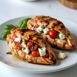 To make Caprese stuffed chicken breast, you need some key ingredients that bring the dish to life. Here’s what you will need: - 4 boneless, skinless chicken breasts - 1 cup fresh mozzarella cheese, diced - 1 cup cherry tomatoes, halved - 1/2 cup fresh basil leaves, chopped - 1 tablespoon balsamic glaze - 2 tablespoons olive oil - Salt and pepper, to taste - 1 teaspoon garlic powder - 1 teaspoon dried Italian herbs The chicken breasts should be large enough to hold the stuffing. Fresh mozzarella adds a creamy texture. Cherry tomatoes bring a sweet burst of flavor, while basil adds a refreshing note. Balsamic glaze enhances the dish with a tangy sweetness. The olive oil helps to sear the chicken, giving it a beautiful golden color. Salt, pepper, garlic powder, and dried herbs season the chicken and stuffing just right. These ingredients work together to create a juicy and flavorful dish. When you choose fresh ingredients, you elevate the taste. Enjoy cooking! {{ingredient_image_1}} Prepping the chicken First, you need to slice a pocket into each chicken breast. Be careful not to cut all the way through. This pocket is where the tasty filling will go. Preparing the stuffing mixture In a bowl, mix together the diced fresh mozzarella, halved cherry tomatoes, and chopped basil. Add the balsamic glaze, salt, pepper, garlic powder, and dried Italian herbs. Stir until everything is well combined. Stuffing the chicken breasts Now, take your filling and stuff it into each pocket of the chicken breasts. Make sure to divide the mixture evenly among all four breasts. If needed, use toothpicks to seal the opening. Searing the chicken Heat olive oil in a large oven-safe skillet over medium-high heat. Season the chicken breasts with salt, pepper, and garlic powder. Once the oil is hot, sear the chicken for about 3-4 minutes on each side until they turn golden brown. Baking in the oven After searing, transfer the skillet to your preheated oven at 375°F (190°C). Bake the chicken for 20-25 minutes. Make sure the internal temperature reaches 165°F (75°C) for safe eating. Resting the chicken Once done, take the skillet out of the oven and let the chicken rest for about 5 minutes. This step helps the juices settle back into the meat. Garnishing before serving Finally, add a sprinkle of fresh basil on top. A drizzle of balsamic glaze will add extra flavor and make the dish look beautiful. Enjoy your Caprese stuffed chicken breast! To check if your chicken is done, use a meat thermometer. Insert it into the thickest part of the breast. The optimal internal temperature is 165°F (75°C). If you don't have a thermometer, cut into the chicken. The juices should run clear, not pink. This ensures your chicken is safe to eat and perfectly cooked. To bring out more flavor, consider adding fresh herbs like thyme or oregano. You can also add a pinch of red pepper flakes for a little heat. If you want alternatives to balsamic glaze, try a squeeze of fresh lemon juice. You can also mix honey with vinegar for a sweet-tangy touch. These options will make your dish even more delightful. For side dishes, a simple arugula salad pairs well. You can also serve with roasted vegetables or garlic bread. Presentation matters too. Slice the chicken into thick pieces and arrange them on a plate. Drizzle with extra balsamic glaze and add fresh basil leaves on top. This will make your dish look as good as it tastes. Pro Tips Use Fresh Ingredients: Fresh mozzarella, ripe cherry tomatoes, and vibrant basil will elevate the flavors of the dish significantly. Don’t Overstuff: While it's tempting to pack the pockets, overstuffing can cause the chicken to split during cooking. A moderate amount ensures even cooking. Let it Rest: After baking, letting the chicken rest for a few minutes allows the juices to redistribute, keeping the meat tender and juicy. Experiment with Seasonings: Feel free to add your favorite spices or herbs to the stuffing for a personalized touch, such as a pinch of red pepper flakes for a kick. {{image_2}} For a low-carb twist, you can use zucchini instead of chicken. Slice zucchini into thick rounds and scoop out some flesh. Stuff them with the same mozzarella and tomato mix. This makes a tasty, lighter dish. If you're watching carbs, consider cheese alternatives. Use cheese made from nuts or soy. These options are lower in carbs but still creamy and delicious. If you are gluten-free, this dish is easy to adapt. All the ingredients are naturally gluten-free. Just check labels on any pre-packaged items. For those who need dairy-free meals, use dairy-free cheese. There are many options that melt well. You can also skip the cheese. Adding more tomatoes and herbs keeps the flavor strong. Want to change the flavor? You can add different vegetables to the stuffing. Spinach, bell peppers, or even artichokes work great. They add color and taste. You can also use spices or marinades to switch things up. Try adding a pinch of red pepper flakes for heat. A splash of lemon juice brightens the dish. Mix and match to find your favorite flavor! Store any leftover Caprese stuffed chicken in an airtight container. Place it in the fridge. It will stay fresh for up to three days. If you want to keep it longer, you can freeze it. Wrap the chicken tightly in plastic wrap and then in foil. Label the package with the date. Frozen chicken can last up to three months. To reheat the chicken, the oven works best. Preheat it to 350°F (175°C). Place the chicken in an oven-safe dish. Cover it with foil to keep it moist. Heat for about 15-20 minutes or until warmed through. You can also use the microwave. Place on a microwave-safe plate and cover with a damp paper towel. Heat in short bursts of 1-2 minutes. Check to make sure it is juicy and hot throughout. Enjoy your delicious leftovers! Yes, you can use chicken thighs! Thighs are more juicy and tender than breasts. They also have more flavor. Just make sure to adjust the cooking time. Thighs may need a bit longer to cook. To keep your chicken juicy, avoid overcooking. Use a meat thermometer to check the temperature. The chicken should reach 165°F (75°C). Also, let the chicken rest after cooking. This keeps the juices inside. Yes, you can prep the dish ahead! Stuff the chicken breasts and cover them. Place them in the fridge for a few hours, or overnight. Just remember to cook them when you are ready. The best way to tell is by using a meat thermometer. Insert it into the thickest part of the chicken. If it reads 165°F (75°C), the chicken is done. If you don’t have a thermometer, cut into the chicken. The juices should run clear, not pink. Many sides go well with this dish! You can try: - Roasted vegetables - Garlic bread - A fresh garden salad - Pasta with olive oil and herbs These sides will enhance the flavors of the chicken while adding variety to your meal. This guide covered everything about making Caprese Stuffed Chicken Breast. You learned about the key ingredients, step-by-step prep and cooking instructions, and tips for greatness. I shared variations for different diets and storage advice to keep your meal fresh. Remember to adjust flavors and presentation to wow your guests. Enjoy your cooking journey, and let the flavors shine through!