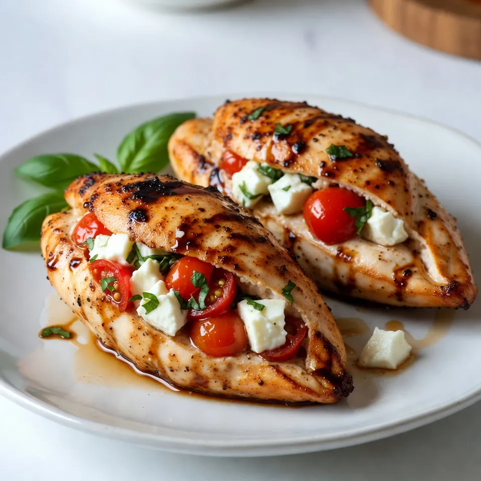To make Caprese stuffed chicken breast, you need some key ingredients that bring the dish to life. Here’s what you will need: - 4 boneless, skinless chicken breasts - 1 cup fresh mozzarella cheese, diced - 1 cup cherry tomatoes, halved - 1/2 cup fresh basil leaves, chopped - 1 tablespoon balsamic glaze - 2 tablespoons olive oil - Salt and pepper, to taste - 1 teaspoon garlic powder - 1 teaspoon dried Italian herbs The chicken breasts should be large enough to hold the stuffing. Fresh mozzarella adds a creamy texture. Cherry tomatoes bring a sweet burst of flavor, while basil adds a refreshing note. Balsamic glaze enhances the dish with a tangy sweetness. The olive oil helps to sear the chicken, giving it a beautiful golden color. Salt, pepper, garlic powder, and dried herbs season the chicken and stuffing just right. These ingredients work together to create a juicy and flavorful dish. When you choose fresh ingredients, you elevate the taste. Enjoy cooking! {{ingredient_image_1}} Prepping the chicken First, you need to slice a pocket into each chicken breast. Be careful not to cut all the way through. This pocket is where the tasty filling will go. Preparing the stuffing mixture In a bowl, mix together the diced fresh mozzarella, halved cherry tomatoes, and chopped basil. Add the balsamic glaze, salt, pepper, garlic powder, and dried Italian herbs. Stir until everything is well combined. Stuffing the chicken breasts Now, take your filling and stuff it into each pocket of the chicken breasts. Make sure to divide the mixture evenly among all four breasts. If needed, use toothpicks to seal the opening. Searing the chicken Heat olive oil in a large oven-safe skillet over medium-high heat. Season the chicken breasts with salt, pepper, and garlic powder. Once the oil is hot, sear the chicken for about 3-4 minutes on each side until they turn golden brown. Baking in the oven After searing, transfer the skillet to your preheated oven at 375°F (190°C). Bake the chicken for 20-25 minutes. Make sure the internal temperature reaches 165°F (75°C) for safe eating. Resting the chicken Once done, take the skillet out of the oven and let the chicken rest for about 5 minutes. This step helps the juices settle back into the meat. Garnishing before serving Finally, add a sprinkle of fresh basil on top. A drizzle of balsamic glaze will add extra flavor and make the dish look beautiful. Enjoy your Caprese stuffed chicken breast! To check if your chicken is done, use a meat thermometer. Insert it into the thickest part of the breast. The optimal internal temperature is 165°F (75°C). If you don't have a thermometer, cut into the chicken. The juices should run clear, not pink. This ensures your chicken is safe to eat and perfectly cooked. To bring out more flavor, consider adding fresh herbs like thyme or oregano. You can also add a pinch of red pepper flakes for a little heat. If you want alternatives to balsamic glaze, try a squeeze of fresh lemon juice. You can also mix honey with vinegar for a sweet-tangy touch. These options will make your dish even more delightful. For side dishes, a simple arugula salad pairs well. You can also serve with roasted vegetables or garlic bread. Presentation matters too. Slice the chicken into thick pieces and arrange them on a plate. Drizzle with extra balsamic glaze and add fresh basil leaves on top. This will make your dish look as good as it tastes. Pro Tips Use Fresh Ingredients: Fresh mozzarella, ripe cherry tomatoes, and vibrant basil will elevate the flavors of the dish significantly. Don’t Overstuff: While it's tempting to pack the pockets, overstuffing can cause the chicken to split during cooking. A moderate amount ensures even cooking. Let it Rest: After baking, letting the chicken rest for a few minutes allows the juices to redistribute, keeping the meat tender and juicy. Experiment with Seasonings: Feel free to add your favorite spices or herbs to the stuffing for a personalized touch, such as a pinch of red pepper flakes for a kick. {{image_2}} For a low-carb twist, you can use zucchini instead of chicken. Slice zucchini into thick rounds and scoop out some flesh. Stuff them with the same mozzarella and tomato mix. This makes a tasty, lighter dish. If you're watching carbs, consider cheese alternatives. Use cheese made from nuts or soy. These options are lower in carbs but still creamy and delicious. If you are gluten-free, this dish is easy to adapt. All the ingredients are naturally gluten-free. Just check labels on any pre-packaged items. For those who need dairy-free meals, use dairy-free cheese. There are many options that melt well. You can also skip the cheese. Adding more tomatoes and herbs keeps the flavor strong. Want to change the flavor? You can add different vegetables to the stuffing. Spinach, bell peppers, or even artichokes work great. They add color and taste. You can also use spices or marinades to switch things up. Try adding a pinch of red pepper flakes for heat. A splash of lemon juice brightens the dish. Mix and match to find your favorite flavor! Store any leftover Caprese stuffed chicken in an airtight container. Place it in the fridge. It will stay fresh for up to three days. If you want to keep it longer, you can freeze it. Wrap the chicken tightly in plastic wrap and then in foil. Label the package with the date. Frozen chicken can last up to three months. To reheat the chicken, the oven works best. Preheat it to 350°F (175°C). Place the chicken in an oven-safe dish. Cover it with foil to keep it moist. Heat for about 15-20 minutes or until warmed through. You can also use the microwave. Place on a microwave-safe plate and cover with a damp paper towel. Heat in short bursts of 1-2 minutes. Check to make sure it is juicy and hot throughout. Enjoy your delicious leftovers! Yes, you can use chicken thighs! Thighs are more juicy and tender than breasts. They also have more flavor. Just make sure to adjust the cooking time. Thighs may need a bit longer to cook. To keep your chicken juicy, avoid overcooking. Use a meat thermometer to check the temperature. The chicken should reach 165°F (75°C). Also, let the chicken rest after cooking. This keeps the juices inside. Yes, you can prep the dish ahead! Stuff the chicken breasts and cover them. Place them in the fridge for a few hours, or overnight. Just remember to cook them when you are ready. The best way to tell is by using a meat thermometer. Insert it into the thickest part of the chicken. If it reads 165°F (75°C), the chicken is done. If you don’t have a thermometer, cut into the chicken. The juices should run clear, not pink. Many sides go well with this dish! You can try: - Roasted vegetables - Garlic bread - A fresh garden salad - Pasta with olive oil and herbs These sides will enhance the flavors of the chicken while adding variety to your meal. This guide covered everything about making Caprese Stuffed Chicken Breast. You learned about the key ingredients, step-by-step prep and cooking instructions, and tips for greatness. I shared variations for different diets and storage advice to keep your meal fresh. Remember to adjust flavors and presentation to wow your guests. Enjoy your cooking journey, and let the flavors shine through!