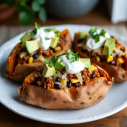 - 4 medium sweet potatoes - 1 lb ground turkey or chicken - 1 can black beans, drained and rinsed - 1 cup corn kernels (fresh or frozen) - 1 packet taco seasoning (about 2 tablespoons) - 1 cup diced tomatoes (canned or fresh) - 1 cup shredded cheese (cheddar or Mexican blend) - 1 avocado, diced - ½ cup sour cream or Greek yogurt - Fresh cilantro, for garnish - Salt and pepper to taste - Olive oil When I create taco stuffed sweet potatoes, I love how each ingredient plays a role. Sweet potatoes bring sweetness and nutrients. Ground turkey or chicken adds protein. Black beans and corn give texture and fiber. Taco seasoning gives that classic flavor we crave. Diced tomatoes add moisture and freshness. Shredded cheese melts to create a creamy topping. I often use avocado for a rich, smooth finish. Sour cream or Greek yogurt gives a tangy kick. Fresh cilantro brings brightness to every bite. Finally, I use salt, pepper, and olive oil to enhance all the flavors. Each ingredient is key to a delicious dish. They work together to make this meal not just tasty but also healthy. Enjoying this dish feels like a warm hug on a plate. {{ingredient_image_1}} 1. Preheating the oven First, set your oven to 400°F (200°C). This step warms up the oven for roasting. 2. Washing and rubbing with olive oil Next, wash your sweet potatoes well. Scrub them to remove dirt. Pat them dry with a towel. Poke a few holes in each sweet potato using a fork. This helps steam escape while cooking. Rub each potato with olive oil and sprinkle with salt. 3. Roasting method Place the sweet potatoes on a baking sheet lined with parchment paper. Roast them in the oven for 45 to 60 minutes. They are ready when a fork goes in easily. 1. Browning the meat While the potatoes roast, heat a skillet over medium heat. Add your ground turkey or chicken. Cook it for about 5 to 7 minutes until it is browned and cooked through. 2. Adding beans, corn, and tomatoes Once the meat is done, add black beans, corn, and diced tomatoes to the skillet. Mix everything well and let it heat for about 5 to 10 minutes. 3. Incorporating taco seasoning Add the taco seasoning to the meat and veggie mix. Stir to combine. Season with salt and pepper to taste. Let the flavors blend as it simmers. 1. Slicing the sweet potatoes After the sweet potatoes finish roasting, take them out of the oven. Let them cool for a few minutes. Carefully slice each potato lengthwise to create a pocket. 2. Fluffing and seasoning the interior Use a fork to fluff up the inside of each sweet potato. Add a pinch of salt to enhance the flavor. 3. Filling and topping with cheese Spoon the taco filling into each sweet potato pocket. Top with shredded cheese. Place them back in the oven for 5 to 10 minutes until the cheese melts. Enjoy the warm, cheesy goodness! To achieve the perfect roast, I recommend using medium-sized sweet potatoes. Their size ensures even cooking. Preheat your oven to 400°F (200°C) before roasting. Poke holes in the sweet potatoes with a fork. This step helps steam escape. Coat them with olive oil and sprinkle with salt for added flavor. Place them on a baking sheet lined with parchment paper for easy cleanup. How do you tell when they’re done? The sweet potatoes are ready when they feel soft. You can check this by piercing them with a fork. If the fork goes in easily, they are perfect. This usually takes 45-60 minutes, but check a bit earlier to avoid overcooking. For spice level adjustments, you can easily modify the taco seasoning. If you want it spicier, add some crushed red pepper flakes or diced jalapeños. For a milder taste, use less seasoning or choose a blend labeled as mild. What about alternative protein options? You can replace ground turkey or chicken with lean beef or plant-based meat. Lentils or black beans work well for a hearty, meatless filling. For presentation ideas, serve your taco stuffed sweet potatoes on a colorful plate. You can drizzle extra sour cream on top and sprinkle with fresh cilantro for a bright touch. When pairing with side dishes, try a simple green salad or some tortilla chips. This adds crunch and balance to your meal. You might also enjoy a side of guacamole for extra flavor. Pro Tips Choosing the Right Sweet Potatoes: Look for firm, smooth-skinned sweet potatoes that feel heavy for their size. This ensures you're getting the best flavor and texture. Enhancing Flavor: For an extra kick, add chopped jalapeños or a sprinkle of chili powder to the taco filling. This will give your dish an added layer of heat and flavor. Texture Matters: To achieve a perfect balance of textures, consider adding crunchy toppings like crushed tortilla chips or sliced radishes for a delightful contrast. Make Ahead: Prepare the taco filling in advance and store it in the fridge. You can quickly assemble the stuffed sweet potatoes on busy nights! {{image_2}} You can make a great vegetarian taco stuffed sweet potato. Instead of meat, use lentils or mushrooms. Lentils add protein and fiber. Mushrooms give a nice earthy flavor. Cook them just like you would the meat. Add the same spices and toppings for a tasty meal. Switch up the flavor of your taco stuffed sweet potatoes. Try BBQ sauce for a sweet twist. For a kick, use buffalo sauce or chipotle sauce. Each sauce adds a unique taste. Just mix it in with the filling. Your sweet potatoes will have a whole new vibe! Feel free to change up the toppings and cheese. Instead of cheddar, try mozzarella or pepper jack. You can also add toppings like jalapeños or salsa. Each swap can change the dish's flavor. Get creative and make it your own! To keep your taco stuffed sweet potatoes fresh, store them in the fridge. Place leftovers in an airtight container. They will stay good for about 3 to 5 days. If you want to keep them longer, consider freezing. Wrap each sweet potato tightly in foil or plastic wrap. Then, place them in a freezer-safe bag. This way, they can last for up to 3 months. When it comes to reheating, you have two main options: the oven or the microwave. The oven is great for keeping the texture. Preheat your oven to 350°F (175°C). Place the sweet potatoes on a baking sheet. Heat them for about 20 minutes. This method keeps the skin crispy and the filling warm. If you're short on time, the microwave works too! Simply place a sweet potato on a microwave-safe plate. Heat it for 2 to 3 minutes. Check to see if it's warm all the way through. The microwave might make the skin a bit soft, but it’s quick and easy. No matter which method you choose, enjoy your tasty taco stuffed sweet potatoes! Taco stuffed sweet potatoes stay good in the fridge for about 3 to 5 days. Store them in an airtight container to keep them fresh. This way, you can enjoy the tasty leftovers without worry. Yes, you can prepare taco stuffed sweet potatoes ahead of time. You can cook the sweet potatoes and the taco filling separately. Then, just combine them when you are ready to serve. This makes meal prep easy and saves time during busy days. You can use many options instead of ground turkey or chicken. Ground beef, turkey, or even plant-based meat work well. If you want a vegetarian option, try lentils, black beans, or mushrooms for a hearty texture. Yes, taco stuffed sweet potatoes are healthy! Sweet potatoes are full of fiber and vitamins. The beans and lean meat add protein, making this meal balanced and nourishing. You can customize the toppings to make it even healthier. Absolutely! You can use purple or white sweet potatoes for this recipe. They will still taste great and add a fun color to your dish. Just follow the same cooking steps for perfect results. Taco stuffed sweet potatoes are a tasty and healthy meal. We covered the best ingredients, step-by-step cooking, and tips for perfection. You can also customize the flavors and make it vegetarian. Store your leftovers properly for later enjoyment. Try different toppings and variations to keep it fun. With these easy instructions, you can make a delicious dish that suits your taste. Enjoy your cooking and impress your friends and family with this creative meal!