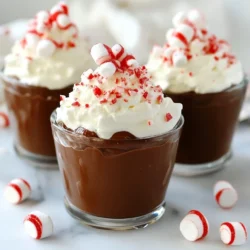 To make Peppermint Hot Cocoa Chocolate Mousse Cups, you need: - 1 cup heavy whipping cream - 1/2 cup milk - 1/3 cup granulated sugar - 1/2 cup semi-sweet chocolate chips - 1/4 cup unsweetened cocoa powder - 1 teaspoon pure vanilla extract - 1/4 teaspoon peppermint extract - Pinch of salt - Whipped cream for topping - Crushed peppermint candies for garnish - Mini marshmallows (optional) You can swap some ingredients to fit your taste. If you want a lighter mousse, use light cream instead of heavy whipping cream. For dairy-free options, try coconut milk or almond milk. You can also use dark chocolate if you prefer a richer flavor. If you don’t have peppermint extract, you can use peppermint flavoring. Adjust the amount since some flavorings may be stronger. Choosing the right ingredients makes a big difference. Look for fresh heavy whipping cream. It should smell sweet and fresh. For chocolate, always choose good-quality semi-sweet chips. They should have a rich, deep color. When picking peppermint candies, look for those made with real peppermint oil. Avoid any with artificial flavors. Always check the expiration dates on all items for the best taste. {{ingredient_image_1}} Start by melting the chocolate. Use a small saucepan and set it on low heat. Add the semi-sweet chocolate chips, heavy whipping cream, and milk to the pan. Stir them together slowly. Keep stirring until the chocolate melts and the mix is smooth. This step is key to a great mousse. Once melted, take it off the heat and let it cool a bit. Next, prepare the cocoa mixture. Grab a separate bowl and whisk together the granulated sugar, unsweetened cocoa powder, and salt. Add the pure vanilla extract and peppermint extract to this mix. Now, slowly pour in your melted chocolate. Whisk it all together until it is creamy and well mixed. This will add a rich flavor to the mousse. Now, it is time to whip the cream. In another bowl, take the remaining heavy whipping cream. Use a handheld mixer or a whisk. Whip it until stiff peaks form. Be careful not to whip it too much. Once that is done, gently fold the whipped cream into the chocolate mixture. Use a spatula to combine them. Make sure not to deflate the whipped cream. Keep folding until everything is smooth and well combined. After this, you can move on to chilling the mousse. When making Peppermint Hot Cocoa Chocolate Mousse Cups, avoid overcooking the chocolate. Always melt it on low heat. If you heat it too fast, the chocolate can seize up and become grainy. Also, don’t skip cooling the melted chocolate. It should be warm but not hot when you mix it with other ingredients. Another mistake is overwhipping the cream. This can make it grainy and hard. Whip until you see stiff peaks, then stop. If you do overwhip, you can still save it by mixing in a little more cream to smooth it out. To get a light and airy texture, gently fold the whipped cream into the chocolate mixture. Use a spatula and make sweeping motions from the bottom up. This keeps the air in the whipped cream. If you stir too hard, you will lose that fluffiness. Make sure all your ingredients are at room temperature. Cold ingredients can cause the chocolate to harden too quickly. The key is to mix until fully combined but still fluffy. Serving is part of the fun! Use clear cups to show off the rich layers of mousse. Top each mousse with a dollop of whipped cream. Then, sprinkle crushed peppermint candies on top for color and crunch. For extra flair, add a peppermint stick to each cup. You can also dust a little cocoa powder around the plate for a nice touch. Mini marshmallows can complete the look and add a cozy feel! Pro Tips Use High-Quality Chocolate: The flavor of the chocolate is crucial in this dessert. Choose high-quality semi-sweet chocolate chips for a richer taste. Chill Your Bowls: For better results, chill the mixing bowl and beaters before whipping the cream. This helps the cream whip faster and achieve stiff peaks. Careful Folding: When combining the whipped cream with the chocolate mixture, fold gently. This preserves the airy texture of the mousse. Garnish Creatively: Enhance the presentation by adding decorative elements like chocolate shavings or festive sprinkles along with the crushed peppermint. {{image_2}} You can change the flavor of your mousse. Try using different extracts. Instead of peppermint, use orange or almond extract. This gives a new twist to your dessert. You can also add a splash of coffee for a mocha flavor. Mixing in some peppermint schnapps adds a fun kick for adults. Garnishing makes your mousse look great and tasty. Instead of crushed peppermint candies, you can use chocolate shavings or toasted nuts. You can also add fresh berries for a fruity touch. If you want more texture, try crushed graham crackers. These will add a crunchy contrast to the smooth mousse. You can make this mousse to fit different diets. If you are dairy-free, use coconut cream instead of heavy cream. Almond milk is a good swap for regular milk. For a vegan option, use dairy-free chocolate chips and a plant-based sweetener. Adjust the recipe to meet your needs without losing flavor. To keep your peppermint hot cocoa chocolate mousse fresh, store it in the fridge. Use airtight containers or cover the cups tightly with plastic wrap. This helps keep the mousse creamy and tasty. Avoid leaving it out at room temperature for too long. The mousse needs to stay cool to maintain its texture. Your mousse will stay good in the fridge for about 3 to 4 days. After that, it may lose its flavor and texture. Always check for any signs of spoilage before serving. If it looks or smells off, it’s best to toss it. Enjoy the mousse while it is fresh for the best taste. You can freeze chocolate mousse if you have leftovers. First, let it cool completely. Then, place it in a freezer-safe container. Leave some space for expansion. You can freeze the mousse for up to 2 months. When you are ready to eat it, thaw it in the fridge overnight. Avoid refreezing after it has been thawed. Yes, you can make these mousse cups ahead of time. Prepare them a day or two before your event. This gives the mousse time to chill and set up well in the fridge. Just remember to cover them tightly with plastic wrap. This keeps your mousse fresh and tasty. Absolutely! You can swap semi-sweet chocolate chips for dark or milk chocolate. Each type brings a unique taste. Dark chocolate gives a richer flavor, while milk chocolate adds sweetness. Adjust the sugar in your recipe if needed based on your chocolate choice. If you want a different flavor, try vanilla extract or almond extract. You can also use orange zest for a bright twist. This will change the flavor but still keep it delicious. Just use about the same amount as peppermint extract. In this article, we explored key ingredients and provided a complete list for your mousse. We discussed ingredient substitutions and tips for quality selection to enhance your dish. The step-by-step instructions helped you through melting chocolate and whipping cream. We covered common mistakes and tips for that perfect texture. Finally, we shared variations, storage tips, and answered your FAQs. Now, you have the tools to create a delightful mousse, whether for a party or a cozy night in. Enjoy experimenting and happy cooking!